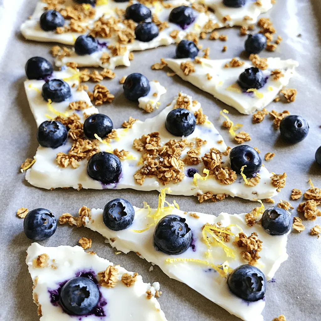 For this tasty treat, gather these simple ingredients: - 2 cups plain Greek yogurt - 1/4 cup honey or maple syrup - Zest of 1 lemon - 2 tablespoons lemon juice - 1 cup fresh blueberries - 1/2 cup granola (for topping) - A pinch of sea salt These ingredients come together to create a creamy, refreshing snack. The Greek yogurt gives a rich base, while the honey or maple syrup adds just the right sweetness. The lemon zest and juice bring a bright, tangy flavor that pairs perfectly with the blueberries. You can mix things up by adding some optional ingredients. Consider trying: - Sliced almonds or walnuts for extra crunch - Shredded coconut for a tropical twist - Chopped strawberries or raspberries for more fruity flavors - A sprinkle of cinnamon for warmth These add-ins let you personalize the bark to your taste. They also make it more fun and exciting. If you have specific dietary needs, you can easily swap some ingredients. Here are a few ideas: - Use dairy-free yogurt for a vegan option. - Replace honey with agave syrup for a plant-based sweetener. - Use a sugar-free yogurt if you want to cut down on sugar. These substitutions keep the bark delicious while fitting your lifestyle. Enjoy making this snack your own! To make Lemon Blueberry Greek Yogurt Bark, you need to prepare your tools and ingredients. First, gather a baking sheet and parchment paper. You will also need a large mixing bowl and a spatula. 1. Line your baking sheet with parchment paper. Make sure some paper hangs over the edges. This helps with easy removal later. 2. In your mixing bowl, add 2 cups of plain Greek yogurt. Then, pour in 1/4 cup of honey or maple syrup. 3. Add the zest of 1 lemon and 2 tablespoons of lemon juice. Don't forget a pinch of sea salt. Mix everything well until it's smooth and creamy. 4. Next, pour the yogurt mix onto the baking sheet. Use the spatula to spread it evenly. Aim for about 1/2 inch thick. 5. Now, sprinkle 1 cup of fresh blueberries on top. Gently press them down, so they stick in the yogurt. 6. For extra crunch, add 1/2 cup of granola on top. Spread it evenly across the surface. 7. Place the baking sheet in the freezer. Let it freeze for at least 3 hours. You want it completely frozen. 8. After freezing, take the bark out. Peel it off the parchment paper. You can break it into pieces or cut it into squares. To get a creamy texture, use full-fat Greek yogurt. This keeps the bark smooth and rich. When spreading the yogurt, make sure it's even. This helps it freeze uniformly. If you want a bit more crunch, add more granola. Enjoy your refreshing Lemon Blueberry Greek Yogurt Bark! For detailed ingredient measurements, check the Full Recipe. To get a creamy yogurt bark, use full-fat Greek yogurt. It has more fat and gives a richer taste. Mix your yogurt well with honey or maple syrup. This helps create a smooth base. Adding lemon zest and juice adds flavor and brightness. When freezing your yogurt bark, ensure it’s spread evenly. Aim for about 1/2 inch thick. This thickness helps it freeze well. Use parchment paper for easy removal. Leave some paper hanging over the edges. This makes it easier to lift out later. Serve your yogurt bark as a snack or dessert. It pairs nicely with fresh fruit or nuts. You can also drizzle chocolate on top for extra sweetness. Enjoy it with a cup of tea or coffee for a refreshing treat. For the complete steps, check out the Full Recipe. {{image_2}} You can swap blueberries for other fruits. Strawberries add sweetness and color. Raspberries give a tart kick. Sliced peaches offer a juicy bite. Bananas bring creaminess, too. Feel free to mix and match for fun flavors. Just remember to keep the fruit fresh and ripe. Try adding a splash of vanilla for warmth. A pinch of cinnamon can add spice. If you want some crunch, add nuts or seeds. For a tropical twist, use coconut flakes or mango. Mixing in a bit of chocolate can make it extra special. Be creative and find what you love. To make this bark dairy-free, use coconut yogurt. Almond or cashew yogurt also works well. Replace honey with maple syrup for a vegan option. You can add nut butter for extra creaminess. With these swaps, you can enjoy this treat without dairy. To keep your lemon blueberry Greek yogurt bark fresh, store it in an airtight container. This helps prevent freezer burn and keeps the bark from absorbing other odors. Make sure to layer parchment paper between pieces if stacking. This way, the pieces won’t stick together. When stored properly, your yogurt bark will last for up to two months in the freezer. After this time, it may lose some flavor and texture. To enjoy the best taste, aim to eat it within four weeks. To enjoy your yogurt bark, take it out of the freezer. Let it sit at room temperature for about 5 to 10 minutes. If you want, you can also place it in the fridge overnight to thaw. Avoid using a microwave, as this can make the bark too soft. Instead, let it thaw naturally for the best texture. For the full recipe, check the earlier section. You can use any yogurt you like, but Greek yogurt works best. It has a thick and creamy texture. This makes the bark rich and satisfying. Other yogurts may not hold their shape well when frozen. The yogurt bark needs about 3 hours to freeze fully. If it is too soft, let it freeze longer. Check it after 3 hours. It should be hard and ready to break into pieces. To cut the frozen bark, use a sharp knife. Warm the knife in hot water for easier cutting. Clean the knife after each cut to keep the edges neat. You can also break it into pieces with your hands for a rustic look. Yes, you can make it a few days in advance. Just store it in an airtight container in the freezer. This way, you can enjoy a refreshing snack whenever you want. Absolutely! Kids love the sweet taste and fun texture. It's a great way to get them to eat yogurt and fruit. You can even let them help with adding toppings for added fun. For the full recipe, check the earlier sections. Lemon Blueberry Greek Yogurt Bark is simple and fun to make. We explored its main ingredients and how to customize your bark. I shared tips for a great texture and discussed storage options. Remember, you can mix flavors and fruits for variety. This treat is not only tasty but also healthy. Try it out and enjoy a refreshing snack you can make with ease. It’s a fun way to get creative in the kitchen!