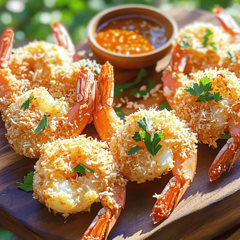 To make crispy coconut shrimp, you need a few key items. Here’s what you will need: - 1 pound large shrimp, peeled and deveined - 1 cup all-purpose flour - 1 teaspoon garlic powder - 1 teaspoon paprika - ½ teaspoon salt - ½ teaspoon black pepper - 2 large eggs - 1 cup sweetened shredded coconut - 1 cup panko breadcrumbs - Oil for frying These ingredients work together to give the shrimp a crunchy and sweet coating. The shrimp acts as the star, while the flour and eggs help the coating stick. The shredded coconut and panko add that delightful crunch. You can use either fresh or frozen shrimp for this recipe. Fresh shrimp often has a better taste and texture. However, frozen shrimp is convenient and still tasty. If you go for frozen shrimp, make sure to thaw it properly. You can place it in the fridge overnight or run it under cold water for quick thawing. Always pat it dry before using. This helps the coating stick well. For frying, you have some choices for oils. Common options include vegetable oil, canola oil, and peanut oil. Each oil has a high smoke point, which means they handle heat well. Peanut oil adds a nice flavor, while vegetable and canola oils are neutral. Choose the oil you prefer based on taste and availability. Just make sure to heat it to the right temperature, around 350°F (175°C) for best results. First, start with fresh shrimp. I like to use large shrimp for this recipe. Peel and devein them if needed. Dry the shrimp with paper towels. This step is key. Removing moisture helps the coating stick better. A dry surface means a crispy outcome. Next, set up your breading station. Grab three shallow dishes. In the first dish, mix together one cup of flour, one teaspoon of garlic powder, one teaspoon of paprika, half a teaspoon of salt, and half a teaspoon of black pepper. In the second dish, beat two large eggs. In the third dish, combine one cup of sweetened shredded coconut and one cup of panko breadcrumbs. Each dish has a role in making your shrimp crispy. Now, it's time to coat the shrimp. Take one shrimp and dip it in the flour mix. Shake off the excess. Next, dip it into the beaten eggs. Let the extra egg drip off. Finally, roll the shrimp in the coconut-panko mix. Press lightly to help the coating stick. Repeat this for all the shrimp. When done, they’re ready for frying. For the full recipe, check the earlier section. To get crispy coconut shrimp, start with dry shrimp. Moisture makes the coating soggy. Pat each shrimp with paper towels before breading. This simple step helps the coating stick and stay crispy. When frying, maintain the oil temperature around 350°F (175°C). If the oil is too cold, the shrimp may absorb oil and become greasy. Fry in small batches to keep the oil hot. Watch for a golden color; it means they are perfectly crispy. The ideal frying temperature is key for great coconut shrimp. Use a thermometer to check the oil. Aim for 350°F (175°C) for the best results. If you don’t have a thermometer, test with a small piece of bread. If it browns in about 60 seconds, the oil is ready. Remember, if the oil is too hot, the shrimp can burn. If too cool, they will not cook properly. A good dipping sauce can elevate your crispy coconut shrimp. Sweet chili sauce is a popular choice. It adds a sweet, spicy kick. If you want something fresh, try mango salsa. Its fruity notes balance the coconut flavor well. You can also mix soy sauce with a bit of lime juice for a savory option. Experiment with different sauces to find your favorite match. For the full recipe, check the details above. {{image_2}} You can add some heat to your crispy coconut shrimp. Mix in cayenne pepper or chili powder with the flour for a spicy kick. Use about 1 teaspoon to start. Adjust it based on your taste. The spice balances well with the sweetness of the coconut. You will love the extra flavor! If you want a lighter option, try baking the shrimp. Preheat your oven to 400°F (200°C). Place the coated shrimp on a baking sheet lined with parchment paper. Spray them with cooking oil for better crispiness. Bake for 12-15 minutes, flipping them halfway through. This method gives you that crunch without frying! Crispy coconut shrimp pairs well with many sides. Consider serving it with rice or a fresh salad. A mango salsa adds a fruity touch. You could also try it with coleslaw for a crunchy contrast. These sides enhance the shrimp's flavor and make a complete meal. For the full recipe, refer to the earlier section. To keep your crispy coconut shrimp fresh, first let them cool. Place them in an airtight container. You can store them in the fridge for up to three days. Make sure to layer them with paper towels to absorb moisture. This will help maintain their crispness. To reheat your shrimp, use an oven. Preheat it to 350°F (175°C). Place the shrimp on a baking sheet lined with parchment paper. Bake them for about 10 minutes. This method helps restore their crunch. Avoid using the microwave, as it can make them soggy. If you want to save the shrimp for later, freeze them after cooking. Allow them to cool completely. Arrange the shrimp in a single layer on a baking sheet. Freeze them for about an hour. Once frozen, transfer them to a freezer bag. They can last up to three months. When ready to eat, you can reheat them directly from frozen in the oven. Enjoy your crispy coconut shrimp anytime! For the full recipe, check out the details above. You can tell shrimp is fully cooked when it turns pink and opaque. The shrimp should curl slightly as it cooks. A good rule is to cook shrimp for 2-3 minutes on each side. If you have a thermometer, the inside should reach 120°F. Overcooked shrimp can become rubbery, so keep an eye on them! Yes, you can use coconut flour, but it will change the texture. Coconut flour absorbs more moisture than all-purpose flour. You may need to adjust the egg amount to help the coating stick. This change can also add a nice coconut flavor to your crispy coconut shrimp. Many restaurants serve crispy coconut shrimp as an appetizer. Some popular chains include Red Lobster and Bahama Breeze. Local seafood spots often feature this dish too. If you love this shrimp, try visiting a restaurant that specializes in tropical or seafood cuisine for a tasty experience! In this post, we covered the ingredients needed for crispy coconut shrimp, starting with shrimp types and oils. You learned how to prepare, bread, and cook your shrimp for the best texture. I shared tips for crispiness and proper cooking temps. We explored tasty variations and ideal side dishes. Finally, I explained how to store and reheat leftovers effectively. Use these insights to create delicious shrimp at home. Enjoy your cooking journey!