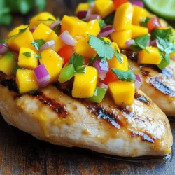 For this tasty dish, you will need: - 4 boneless, skinless chicken breasts - 1 ripe mango, diced - 1/2 red onion, finely chopped - 1 red bell pepper, diced - 1 jalapeño, minced (seeds removed for less heat) - Juice of 2 limes - 2 tablespoons fresh cilantro, chopped - 1 teaspoon garlic powder - 1 teaspoon cumin - 1 teaspoon paprika - Salt and pepper to taste - 2 tablespoons olive oil If you can't find a specific ingredient, don't worry! Here are some easy swaps: - Chicken: You can use turkey or tofu instead. - Mango: Pineapple or peach works well too. - Red onion: Yellow onion or shallots are good options. - Red bell pepper: Any color bell pepper will do. - Jalapeño: Use green chili or omit it for less heat. - Cilantro: Parsley or green onion can replace cilantro. This dish is not only delicious but also good for you. Here’s why: - High Protein: Chicken breasts provide lean protein, helping with muscle repair. - Rich in Vitamins: Mango adds vitamin C and A, supporting your immune system. - Healthy Fats: Olive oil offers healthy fats for your heart. - Fiber: Vegetables in the salsa add fiber, aiding digestion. This meal is a balanced choice for a weeknight dinner. For the full recipe, check out the details above! First, gather your ingredients. You will need olive oil, garlic powder, cumin, paprika, salt, and pepper. In a small bowl, mix these ingredients well. This marinade adds great flavor to the chicken. Next, take 4 boneless, skinless chicken breasts and place them in a large resealable bag or a bowl. Pour the marinade over the chicken. Make sure each piece is well-coated. Seal the bag or cover the bowl. Let the chicken marinate for at least 30 minutes. If you have time, marinate for up to 2 hours in the fridge. This step boosts the flavor. Now, let’s make the mango salsa. In a separate bowl, combine 1 diced ripe mango, 1/2 finely chopped red onion, 1 diced red bell pepper, and 1 minced jalapeño. Squeeze in the juice of 2 limes. Add 2 tablespoons of chopped fresh cilantro. Mix everything well. Taste the salsa and add salt and pepper as needed. Set it aside so the flavors can blend. For cooking, preheat your grill or a skillet over medium-high heat. Remove the chicken from the marinade. Place the chicken on the grill or skillet. Cook for about 6-7 minutes on each side. You want the internal temperature to reach 165°F (75°C) to ensure it is safe to eat. Once the chicken is done, take it off the heat and let it rest for a few minutes. Slice the chicken and top it with a generous amount of mango salsa. This dish is colorful and tasty. Serve it with rice or tortillas for a complete meal. For the full recipe, check the detailed guide provided. To cook chicken perfectly, I recommend using a few simple methods. First, marinate your chicken to add flavor and moisture. A good marinade helps keep the chicken juicy. Grill or pan-sear the chicken to get that nice, golden crust. Always check the internal temperature. It should reach 165°F (75°C) for safe eating. Let the chicken rest for a few minutes after cooking. This keeps it tender and juicy. The salsa can shine with just a few tweaks. Use ripe mango for natural sweetness. Fresh lime juice adds brightness and tang. Don’t forget salt; it brings out all the flavors. You can add more spices too. A pinch of cumin or chili powder can give it a kick. Fresh herbs like cilantro add freshness. Mix everything gently to keep the mango cubes intact. This salsa is great on tacos or with chips! Meal prep makes life easier! You can marinate the chicken the night before. Store it in the fridge, and it will be ready to cook after work. You can also chop the salsa ingredients in advance. Just mix them together before serving. This saves time and mess. If you want to make it even quicker, use pre-diced mango from the store. For a full recipe, check the link provided. {{image_2}} You can change the fruit in your salsa for fun. Try pineapple for a sweet twist. Peaches add a lovely summer flavor. You might also enjoy using strawberries. Each fruit gives a unique taste to the dish. If you like heat, add more jalapeño. You can keep the seeds for extra kick. For a milder taste, leave out the jalapeño. Instead, try a pinch of smoked paprika for warmth. Adjusting spices makes this dish fit your taste. This meal pairs well with rice or quinoa. Fresh greens or a light salad add color and crunch. You can also serve it with tortillas for a fun wrap. Adding black beans gives extra protein and flavor. Each side complements the mango salsa chicken perfectly. For the full recipe, check out the [Full Recipe]. After you enjoy your meal, store leftovers in an airtight container. Keep the chicken and salsa separate for best results. Store the chicken in the fridge for up to 3 days. The salsa can last about 2 days. Make sure to cool down the chicken before sealing it in the container. You can freeze the chicken and the salsa for later use. Wrap the chicken tightly in plastic wrap, then place it in a freezer bag. It will stay fresh for up to 3 months. For the salsa, store it in a freezer-safe container. Remember, the texture may change when you thaw salsa, but the taste will still be great. When it's time to eat, reheat the chicken in the oven at 350°F (175°C) for about 15-20 minutes. This keeps it juicy. If you prefer, you can also use the microwave. Heat it in short bursts, checking the chicken’s warmth. For the salsa, simply let it sit at room temperature or warm it slightly in the microwave. Enjoy your meal again! For the full recipe, check the earlier sections. The best way to marinate chicken is to use a simple mix of oil, spices, and acid. In this recipe, I use olive oil, garlic powder, cumin, and lime juice. These ingredients help to make the chicken juicy and tasty. Make sure to coat the chicken well and let it sit for at least 30 minutes. For more flavor, you can marinate it for up to 2 hours. Yes, you can use other fruits for salsa. Pineapple, peach, or even kiwi add a sweet touch. Each fruit changes the flavor, so feel free to experiment. Just remember to keep the lime juice to balance the sweetness. This way, you can enjoy different salsa variations with your chicken. To make this a low-carb meal, skip the sugar and focus on fresh ingredients. The chicken and salsa are already low in carbs. You can serve it with a side of leafy greens instead of rice or tortillas. This change keeps it light and healthy while still being very delicious. Mango Salsa Chicken pairs well with several sides. I recommend serving it with: - Steamed broccoli - Grilled zucchini - Cauliflower rice - A fresh green salad These options add more veggies and keep the meal bright and fresh. Yes, you can prepare the salsa in advance. Making it a few hours ahead helps the flavors blend well. Just store it in an airtight container in the fridge. However, if you make it too far in advance, the fruit may become mushy. Try to use it within a day for the best taste. For the full recipe, check out the [Full Recipe]. Mango Salsa Chicken is a tasty dish you can make at home. We explored its ingredients, how to prepare it, and the best cooking tips. You learned about fruit options for salsa and how to store leftovers. This dish is fresh, healthy, and easy to customize. Try this recipe for a fun meal. Enjoy the bright flavors and share it with loved ones. You’ll love how simple it is to make and how great it tastes. Cook up this dish soon; your taste buds will thank you!