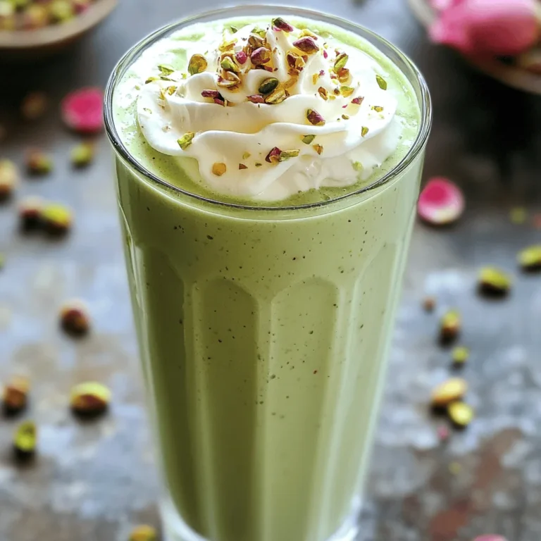 To make a delicious Pistachio Rose Milkshake, gather these items: - 1 cup milk (whole or plant-based) - 2 tablespoons rose syrup - 1/4 cup pistachios, unsalted and shelled (plus extra for garnish) - 1/2 cup vanilla ice cream - 1 teaspoon cardamom powder - 1/2 tablespoon sugar (optional, adjust to taste) - Ice cubes (optional) - Whipped cream (for topping) When picking pistachios, freshness is key. Look for these signs: - Color: Choose bright green pistachios. - Shells: Avoid those with dark spots or cracks. - Smell: Fresh ones have a nutty scent. Buying from a trusted store or brand helps ensure quality. You can swap ingredients to suit your taste or needs: - Milk: Use almond milk or oat milk for a dairy-free option. - Rose syrup: Try honey or agave syrup for a different sweetness. - Ice cream: Use dairy-free ice cream for a vegan choice. These substitutes can change the taste while keeping it tasty! First, take your unsalted pistachios. Place them in a food processor. Pulse them until they are finely ground. You want small bits, not a paste. This step gives your milkshake a nice texture. Reserve about one teaspoon for later. You’ll use this for garnish. Next, gather your other ingredients. In a blender, combine the following: - 1 cup milk (whole or plant-based) - 2 tablespoons rose syrup - 1/4 cup ground pistachios - 1/2 cup vanilla ice cream - 1 teaspoon cardamom powder - 1/2 tablespoon sugar (optional, adjust to taste) - Ice cubes (optional) Blend all these ingredients together. If you prefer a frosty milkshake, add ice cubes. Blend on high speed until it’s smooth and creamy. Look for that lovely pale green color. Taste your shake. If you want it sweeter, add more sugar and blend briefly. Now, it’s time to serve your milkshake. Pour it into tall glasses. Top each one with a swirl of whipped cream. Sprinkle the reserved ground pistachios on top for a nice crunch. For a special touch, add edible rose petals on top. This makes your milkshake look beautiful and fancy. Enjoy your delightful pistachio rose milkshake! To get the creamiest milkshake, use whole milk. It has more fat, which makes it rich. You can also use a non-dairy milk like almond or oat milk for a lighter option. The key is to blend well. Blend until you see a smooth and thick texture. This helps mix the flavors perfectly. Taste your milkshake before serving. If it isn’t sweet enough, add sugar. Start with a half tablespoon and blend again. You can also use honey or agave syrup for a natural sweet touch. Just remember, you can always add more but can’t take it out! Want to make your milkshake even better? Try adding a pinch of cinnamon or some vanilla extract. You can even mix in chopped dates for extra sweetness. If you love chocolate, add cocoa powder for a fun twist. Each of these flavors adds depth and makes your milkshake unique. For the full recipe, check out the detailed instructions above. Enjoy your delicious creation! {{image_2}} You can easily make a vegan version of this milkshake. Use almond milk or coconut milk instead of regular milk. Replace vanilla ice cream with a vegan alternative. Look for one made from cashews or coconut. The taste remains rich and creamy. The rose syrup adds a nice floral touch. Blend it all up as you would the classic version. If you love chocolate, try this twist! Add two tablespoons of cocoa powder to the mix. You can also use chocolate ice cream instead of vanilla. This adds a deep, rich flavor. The chocolate pairs well with the rose syrup. It’s a fun and unique take on the original recipe. You will enjoy the blend of flavors! Fresh ingredients can change your milkshake game. In summer, add fresh strawberries or raspberries. These fruits add a burst of flavor and color. In fall, try adding pumpkin puree and cinnamon. This adds warmth and a seasonal twist. You can also mix in fresh mint for a refreshing taste. These variations keep things exciting and delicious! After you enjoy your pistachio rose milkshake, you might have some left. To store it, pour the leftover shake into a clean glass jar. Close it tightly with a lid. Place it in the fridge. It will stay fresh for up to two days. Just remember, the shake may separate a bit. Give it a quick stir before you drink it again. If you want to keep your milkshake longer, you can freeze it. Pour the milkshake into an ice cube tray or freezer-safe container. Leave some space at the top because it will expand. You can freeze it for up to a month. When you’re ready to enjoy it, let it thaw in the fridge overnight or for about 30 minutes at room temperature. You might wonder how to enjoy a frozen milkshake again. To get the best texture, do not microwave it. Instead, blend the thawed milkshake in a blender. This will help restore its creamy texture. If it's too thick, add a splash of milk to loosen it up. Now you can enjoy your pistachio rose milkshake just like fresh! For the complete recipe, check the Full Recipe section. The best milk for a milkshake is whole milk. It gives a rich, creamy taste. If you prefer a lighter option, try almond or oat milk. Both are great choices. Whole milk makes your shake thick and smooth. Plant-based milks add unique flavors too, enhancing your drink. Yes, you can use other syrups! Try vanilla or pistachio syrup for a twist. Each syrup will change the taste of your milkshake. If you want a floral note, lavender syrup is a fun option. Just remember, different flavors will give your shake a different character. To make your milkshake thicker, add more ice cream or pistachios. You can also reduce the milk amount. If your shake is too thick, add more milk a little at a time. Blend well after each addition until you reach your desired texture. Enjoy experimenting with the thickness! In this blog post, we explored a tasty pistachio milkshake recipe. We covered ingredients, tips for freshness, and alternatives. The step-by-step instructions helped you prepare, blend, and serve your milkshake perfectly. Tips and tricks revealed secrets for creaminess and flavor. We also shared fun variations and storage advice to keep your shake fresh. Enjoy making this delightful treat. Your creativity can elevate this drink to new heights. Have fun experimenting with flavors!