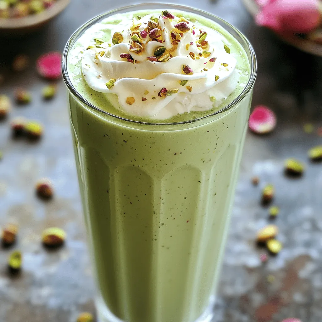 To make a delicious Pistachio Rose Milkshake, gather these items: - 1 cup milk (whole or plant-based) - 2 tablespoons rose syrup - 1/4 cup pistachios, unsalted and shelled (plus extra for garnish) - 1/2 cup vanilla ice cream - 1 teaspoon cardamom powder - 1/2 tablespoon sugar (optional, adjust to taste) - Ice cubes (optional) - Whipped cream (for topping) When picking pistachios, freshness is key. Look for these signs: - Color: Choose bright green pistachios. - Shells: Avoid those with dark spots or cracks. - Smell: Fresh ones have a nutty scent. Buying from a trusted store or brand helps ensure quality. You can swap ingredients to suit your taste or needs: - Milk: Use almond milk or oat milk for a dairy-free option. - Rose syrup: Try honey or agave syrup for a different sweetness. - Ice cream: Use dairy-free ice cream for a vegan choice. These substitutes can change the taste while keeping it tasty! First, take your unsalted pistachios. Place them in a food processor. Pulse them until they are finely ground. You want small bits, not a paste. This step gives your milkshake a nice texture. Reserve about one teaspoon for later. You’ll use this for garnish. Next, gather your other ingredients. In a blender, combine the following: - 1 cup milk (whole or plant-based) - 2 tablespoons rose syrup - 1/4 cup ground pistachios - 1/2 cup vanilla ice cream - 1 teaspoon cardamom powder - 1/2 tablespoon sugar (optional, adjust to taste) - Ice cubes (optional) Blend all these ingredients together. If you prefer a frosty milkshake, add ice cubes. Blend on high speed until it’s smooth and creamy. Look for that lovely pale green color. Taste your shake. If you want it sweeter, add more sugar and blend briefly. Now, it’s time to serve your milkshake. Pour it into tall glasses. Top each one with a swirl of whipped cream. Sprinkle the reserved ground pistachios on top for a nice crunch. For a special touch, add edible rose petals on top. This makes your milkshake look beautiful and fancy. Enjoy your delightful pistachio rose milkshake! To get the creamiest milkshake, use whole milk. It has more fat, which makes it rich. You can also use a non-dairy milk like almond or oat milk for a lighter option. The key is to blend well. Blend until you see a smooth and thick texture. This helps mix the flavors perfectly. Taste your milkshake before serving. If it isn’t sweet enough, add sugar. Start with a half tablespoon and blend again. You can also use honey or agave syrup for a natural sweet touch. Just remember, you can always add more but can’t take it out! Want to make your milkshake even better? Try adding a pinch of cinnamon or some vanilla extract. You can even mix in chopped dates for extra sweetness. If you love chocolate, add cocoa powder for a fun twist. Each of these flavors adds depth and makes your milkshake unique. For the full recipe, check out the detailed instructions above. Enjoy your delicious creation! {{image_2}} You can easily make a vegan version of this milkshake. Use almond milk or coconut milk instead of regular milk. Replace vanilla ice cream with a vegan alternative. Look for one made from cashews or coconut. The taste remains rich and creamy. The rose syrup adds a nice floral touch. Blend it all up as you would the classic version. If you love chocolate, try this twist! Add two tablespoons of cocoa powder to the mix. You can also use chocolate ice cream instead of vanilla. This adds a deep, rich flavor. The chocolate pairs well with the rose syrup. It’s a fun and unique take on the original recipe. You will enjoy the blend of flavors! Fresh ingredients can change your milkshake game. In summer, add fresh strawberries or raspberries. These fruits add a burst of flavor and color. In fall, try adding pumpkin puree and cinnamon. This adds warmth and a seasonal twist. You can also mix in fresh mint for a refreshing taste. These variations keep things exciting and delicious! After you enjoy your pistachio rose milkshake, you might have some left. To store it, pour the leftover shake into a clean glass jar. Close it tightly with a lid. Place it in the fridge. It will stay fresh for up to two days. Just remember, the shake may separate a bit. Give it a quick stir before you drink it again. If you want to keep your milkshake longer, you can freeze it. Pour the milkshake into an ice cube tray or freezer-safe container. Leave some space at the top because it will expand. You can freeze it for up to a month. When you’re ready to enjoy it, let it thaw in the fridge overnight or for about 30 minutes at room temperature. You might wonder how to enjoy a frozen milkshake again. To get the best texture, do not microwave it. Instead, blend the thawed milkshake in a blender. This will help restore its creamy texture. If it's too thick, add a splash of milk to loosen it up. Now you can enjoy your pistachio rose milkshake just like fresh! For the complete recipe, check the Full Recipe section. The best milk for a milkshake is whole milk. It gives a rich, creamy taste. If you prefer a lighter option, try almond or oat milk. Both are great choices. Whole milk makes your shake thick and smooth. Plant-based milks add unique flavors too, enhancing your drink. Yes, you can use other syrups! Try vanilla or pistachio syrup for a twist. Each syrup will change the taste of your milkshake. If you want a floral note, lavender syrup is a fun option. Just remember, different flavors will give your shake a different character. To make your milkshake thicker, add more ice cream or pistachios. You can also reduce the milk amount. If your shake is too thick, add more milk a little at a time. Blend well after each addition until you reach your desired texture. Enjoy experimenting with the thickness! In this blog post, we explored a tasty pistachio milkshake recipe. We covered ingredients, tips for freshness, and alternatives. The step-by-step instructions helped you prepare, blend, and serve your milkshake perfectly. Tips and tricks revealed secrets for creaminess and flavor. We also shared fun variations and storage advice to keep your shake fresh. Enjoy making this delightful treat. Your creativity can elevate this drink to new heights. Have fun experimenting with flavors!