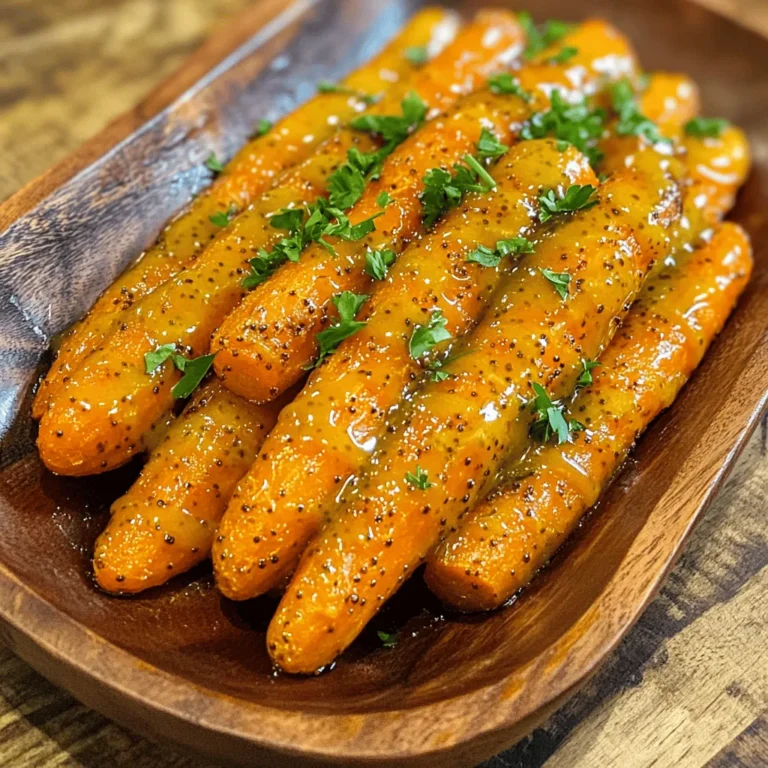 - 1 lb (450g) baby carrots, peeled - 2 tablespoons olive oil - 3 tablespoons honey - 2 tablespoons Dijon mustard - 1 teaspoon garlic powder - 1 teaspoon salt - ½ teaspoon black pepper - Fresh parsley, chopped (for garnish) - Mixing bowl - Whisk - Baking sheet - Parchment paper The key to great honey mustard roasted carrots lies in the ingredients. I always choose fresh baby carrots because they are sweet and tender. You can find these at most grocery stores. If you prefer, you can use regular carrots cut into sticks. For the sauce, I mix olive oil, honey, and Dijon mustard. This blend gives the carrots a sweet and tangy flavor. Garlic powder adds depth, while salt and black pepper enhance the taste. Fresh parsley brings a pop of color and freshness at the end. In terms of tools, a mixing bowl and whisk help you mix the sauce well. A baking sheet lined with parchment paper makes clean-up easy. Using parchment prevents sticking and helps the carrots caramelize nicely. These ingredients and tools create a simple, yet flavorful dish. For the full recipe, check out the section above. - Preheat your oven to 400°F (200°C). - In a large mixing bowl, combine: - 2 tablespoons olive oil - 3 tablespoons honey - 2 tablespoons Dijon mustard - 1 teaspoon garlic powder - 1 teaspoon salt - ½ teaspoon black pepper Whisk these ingredients together until smooth. This mixture gives the carrots their sweet and tangy flavor. - Add 1 lb (450g) of peeled baby carrots to the bowl. - Toss the carrots in the honey mustard mixture until fully coated. - Spread the carrots out in a single layer on a baking sheet lined with parchment paper. Roast the carrots in the preheated oven for about 25-30 minutes. Check them halfway through and toss for even cooking. The goal is to make them tender and slightly caramelized. - Once done, take the carrots out of the oven and let them cool for a couple of minutes. - Transfer the roasted carrots to a serving dish. - Garnish with freshly chopped parsley before serving. For the best look, arrange the carrots neatly. A little sprinkle of parsley adds color and freshness. This dish is sure to impress at any meal. To roast carrots well, start by setting your oven to 400°F (200°C). This temperature helps the carrots cook evenly and caramelize nicely. Roast them for about 25 to 30 minutes. This timing works for baby carrots. Toss them halfway through cooking. This step ensures each carrot gets that perfect roast. Want to add some zing? Try adding spices! A pinch of cayenne pepper can bring heat. Smoked paprika adds a lovely depth as well. Fresh herbs can also boost the flavor. Chopped parsley or thyme is great for garnishing. These herbs will brighten the dish and make it look fresh. If your carrots turn out too soft, they may have cooked too long. Next time, check them a bit sooner. For burnt edges, keep an eye on your oven. If they burn, you can trim off the charred parts. This way, you still enjoy the sweet and tangy taste. Follow these tips, and you will have perfect honey mustard roasted carrots every time. For the complete recipe, check out the [Full Recipe]. {{image_2}} You can use many types of carrots in this dish. Regular carrots are easy to find and tasty. They have a sweet flavor and a nice crunch. Baby carrots are smaller and cook faster. They are perfect for quick meals. If you want color, try a mix of carrots. Purple, yellow, and orange carrots make the dish bright. They also add different tastes. Using a colorful carrot mix makes the meal more fun and appealing. If you want to change the flavor, try using agave syrup instead of honey. Agave gives a similar sweetness and works well in this recipe. You can also switch mustards. Try yellow mustard for a tangy taste or whole grain mustard for texture. Each mustard adds a unique twist to the dish. Mixing flavors can create a new favorite version of honey mustard roasted carrots. This recipe can easily fit different diets. To make it vegan, swap honey for maple syrup or agave syrup. Both options keep the sweetness without honey. For those who need gluten-free meals, this recipe is safe as is. Just check the mustard to ensure it’s gluten-free. These simple changes let everyone enjoy this tasty dish. For the full recipe, check the earlier section! To keep your honey mustard roasted carrots fresh, place them in an airtight container. Let them cool first before sealing. Store the container in the refrigerator. They will stay good for about 3 to 5 days. If you want to save space, you can use a glass container with a tight lid. When it's time to enjoy leftovers, reheating is key. The best way is to use an oven. Preheat the oven to 350°F (175°C). Spread the carrots on a baking sheet. Heat for about 10-15 minutes until warm. This method helps keep the carrots crispy. If you're in a hurry, you can use a microwave. Just heat them in short bursts of 30 seconds, stirring in between. You can keep roasted carrots in the fridge for up to 5 days. If you freeze them, they will last about 2 to 3 months. Watch for signs of spoilage. If the carrots look mushy or have an off smell, it’s best to throw them away. Always trust your senses for food safety! Yes, you can use pre-cut carrots. They save time and effort. However, they might not taste as fresh as whole carrots. Pre-cut carrots may also be uneven in size, leading to uneven cooking. If you choose pre-cut carrots, check for quality. Freshness matters for great flavor. You can prep this dish ahead of time. Peel and cut the carrots a day before. Store them in water in the fridge. This keeps them fresh and crisp. You can also mix the honey mustard sauce in advance. Just toss everything together before roasting. These carrots pair well with many dishes. Try serving them with roasted chicken or grilled fish. They also go great with quinoa or a fresh salad. For a full meal, add some rice or potatoes. Feel free to mix and match! For the complete guide to making these tasty carrots, check out the Full Recipe. In this blog post, we explored how to make delicious honey mustard roasted carrots. We covered the ingredients and the recommended tools you need. The step-by-step instructions help you prepare, cook, and serve. We also shared tips to perfect your dish, fun variations, and proper storage methods. Remember, with simple adjustments, you can personalize this recipe. Whether you stick to the classic or try new flavors, these carrots will shine on your table. Enjoy the crunch and sweetness of this tasty side!