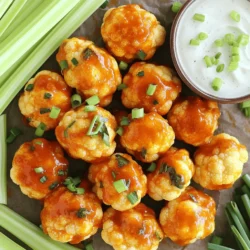 To make Buffalo Cauliflower Bites, gather these simple ingredients: - 1 large head of cauliflower, cut into bite-sized florets - 1 cup all-purpose flour (or gluten-free flour) - 1 cup water - Seasonings: garlic powder, onion powder, smoked paprika, salt, black pepper - 1 cup buffalo sauce - 2 tablespoons olive oil - Serving accompaniments: celery sticks, ranch dressing When selecting your cauliflower, choose one that feels heavy for its size. Look for tight, white florets without brown spots. Fresh cauliflower gives the best taste and texture. For the flour, you can go with all-purpose or a gluten-free option based on your needs. The flour helps create a crispy coating. The seasonings are key. Garlic powder adds depth, while smoked paprika brings a rich, smoky flavor. Adjust the salt and pepper to match your taste. Buffalo sauce is where the magic happens. Pick a brand that you love. It can range from mild to super spicy. Finally, serve these bites with fresh celery sticks and ranch dressing for dipping. The coolness of the ranch balances the heat from the buffalo sauce. If you want to see how to combine these ingredients into a delightful snack, check out the Full Recipe. 1. Preheat your oven to 450°F (230°C). Line a baking sheet with parchment paper. 2. In a large bowl, whisk together: - 1 cup all-purpose flour (or gluten-free flour) - 1 cup water - 1 teaspoon garlic powder - 1 teaspoon onion powder - 1 teaspoon smoked paprika - 1/2 teaspoon salt - 1/4 teaspoon black pepper 3. Dip each cauliflower floret into the batter. Make sure each piece is fully coated. Place them on the baking sheet in a single layer. 4. Bake the cauliflower for 20 minutes. Flip the florets halfway through. They should turn golden brown and crispy. 5. While the cauliflower bakes, mix 1 cup of buffalo sauce with 2 tablespoons of olive oil in a separate bowl. 6. Once the cauliflower is done, remove it from the oven. Drizzle or toss the florets in the buffalo sauce mixture until well coated. 7. Return the cauliflower to the oven. Bake for another 10-15 minutes. Watch for the sauce to bubble and caramelize. 8. Let the cauliflower cool slightly before serving. These bites are best enjoyed warm! For a detailed recipe, check out the Full Recipe. Enjoy your tasty buffalo cauliflower bites! To get that perfect crunch, coat your cauliflower evenly with batter. This step is key. If you leave some parts dry, they won’t crisp up well. I like to dip each floret fully, ensuring every bite is tasty. Baking at the right temperature is also important. Preheat your oven to 450°F (230°C). This high heat helps the batter get crispy while the inside cooks perfectly. Keep an eye on them, and flip halfway for even cooking. Choosing the right buffalo sauce makes a big difference. I love using a bold, spicy sauce that packs flavor. Brands vary, so find one that suits your taste. You can even mix sauces for a unique twist. To enhance flavor, consider adding a splash of vinegar or a sprinkle of cayenne. These extras can bring out the heat and make your bites even more exciting. You don’t need fancy tools for this recipe. A large mixing bowl and whisk will do the trick for the batter. A baking sheet is essential, too. Using parchment paper is very important. It prevents sticking and makes cleanup easier. Plus, your bites will come out perfectly crisp without sticking to the pan. {{image_2}} If you need gluten-free options, you can swap all-purpose flour for gluten-free flour. I like using almond flour or chickpea flour. These flours add a nice nutty flavor. They also keep the bites crispy. Just follow the same steps in the Full Recipe. You can add spices to the batter for an extra kick. Try adding cayenne pepper for heat or smoked paprika for depth. You can also experiment with garlic powder or onion powder. Each spice brings its own twist. When it comes to sauces, buffalo sauce is classic. You can try honey mustard for sweetness. BBQ sauce also works well if you prefer a tangy taste. Don't be afraid to mix and match! For dipping sauces, ranch dressing is a favorite. You can also serve blue cheese dressing for a bold flavor. If you want something lighter, yogurt dip is a great choice. Pair the buffalo cauliflower bites with other appetizers. They go well with veggie platters or hummus. You can also serve them with pita chips or nachos for a fun spread. To keep your buffalo cauliflower bites fresh, store them in an airtight container. Place parchment paper between layers to prevent sticking. You can keep them in the fridge for up to three days. The sooner you eat them, the better they taste. To enjoy your bites again, reheat them in the oven at 350°F (175°C). This method helps keep them crispy. Avoid using the microwave, as it makes them soggy. Heat for about 10-15 minutes or until warmed through. Yes, you can freeze buffalo cauliflower bites! First, let them cool completely. Then, place them in a single layer on a baking sheet and freeze for two hours. After that, transfer them to a freezer-safe bag. They can last for up to three months. To reheat, bake from frozen at 400°F (200°C) for about 20-25 minutes until hot and crispy. Enjoy your snack whenever you want! For the full recipe, check the earlier section. Buffalo Cauliflower Bites are tasty snacks made from cauliflower. They have a crispy outside and a soft inside. This dish gets its flavor from buffalo sauce, which adds a spicy kick. I love how they can please both veggie lovers and meat-eaters alike. They are perfect for game day or as a fun appetizer. Plus, they are healthier than traditional buffalo wings. You still get that bold flavor but with fewer calories. If you want the full recipe, check out the earlier section. The heat level of Buffalo Cauliflower Bites can vary. It depends on the buffalo sauce you choose. Most store-bought sauces have a moderate spice level. If you want less heat, pick a milder sauce. You can also mix in some honey or butter to tone it down. For those who enjoy spice, use a hotter sauce or add extra hot sauce to the mix. Adjust it to your taste for the best experience. Yes, you can make Buffalo Cauliflower Bites ahead of time. You can prep the cauliflower and coat it in the batter. Then, store it in the fridge for a few hours before baking. If you want to bake them later, just keep them covered. Once baked, let them cool down before storing them in an airtight container. You can reheat them in the oven for a crispy texture. Just don’t microwave them, as that can make them soggy. Buffalo cauliflower bites offer a tasty, healthy twist on classic buffalo wings. This guide detailed the ingredients, preparation steps, baking instructions, and tips to create the crispiest bites. We explored ways to customize flavors and serve them with fun dips. Proper storage and reheating methods keep leftovers fresh and delicious. Enjoy experimenting with variations and sharing these bites with friends. They are sure to be a crowd-pleaser!