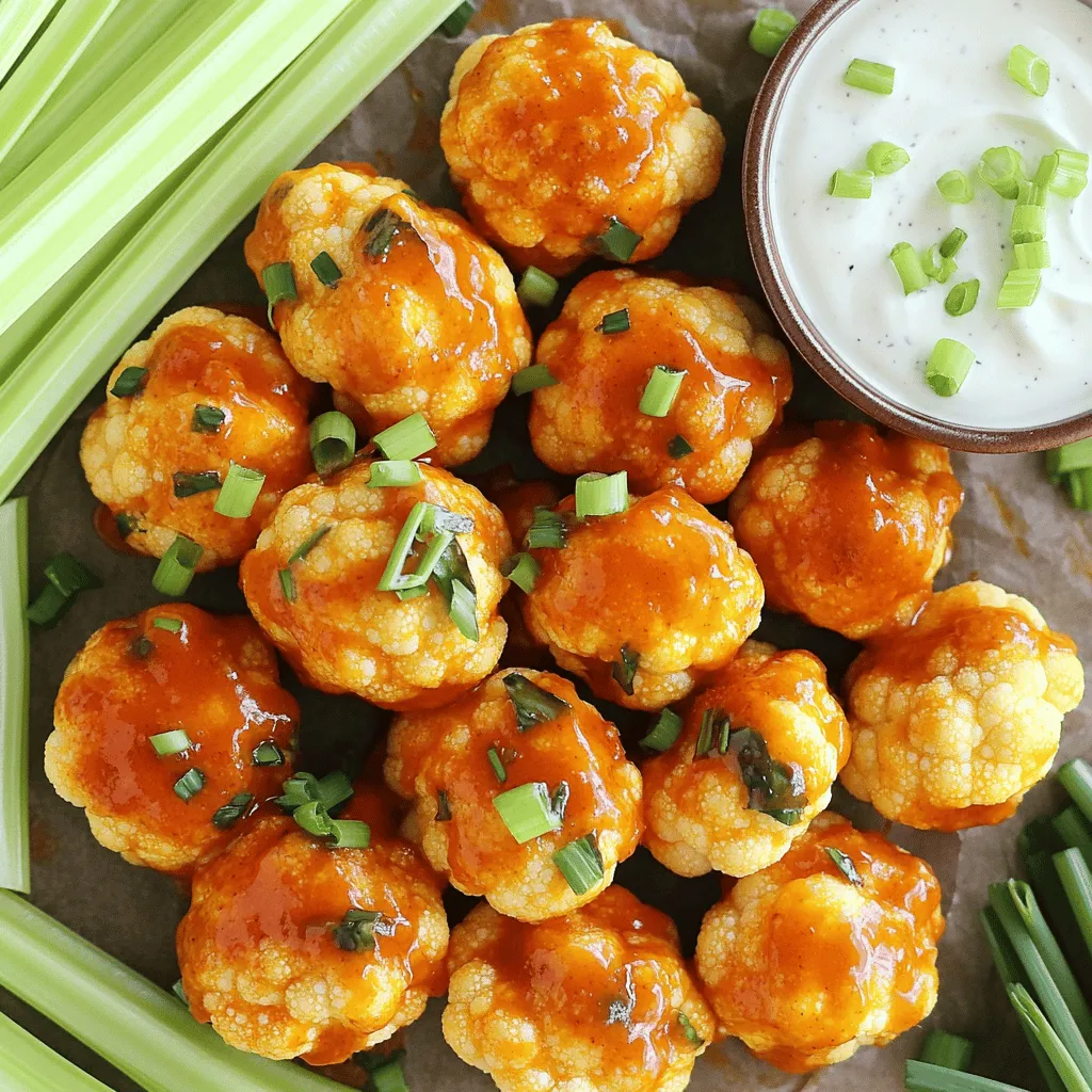 To make Buffalo Cauliflower Bites, gather these simple ingredients: - 1 large head of cauliflower, cut into bite-sized florets - 1 cup all-purpose flour (or gluten-free flour) - 1 cup water - Seasonings: garlic powder, onion powder, smoked paprika, salt, black pepper - 1 cup buffalo sauce - 2 tablespoons olive oil - Serving accompaniments: celery sticks, ranch dressing When selecting your cauliflower, choose one that feels heavy for its size. Look for tight, white florets without brown spots. Fresh cauliflower gives the best taste and texture. For the flour, you can go with all-purpose or a gluten-free option based on your needs. The flour helps create a crispy coating. The seasonings are key. Garlic powder adds depth, while smoked paprika brings a rich, smoky flavor. Adjust the salt and pepper to match your taste. Buffalo sauce is where the magic happens. Pick a brand that you love. It can range from mild to super spicy. Finally, serve these bites with fresh celery sticks and ranch dressing for dipping. The coolness of the ranch balances the heat from the buffalo sauce. If you want to see how to combine these ingredients into a delightful snack, check out the Full Recipe. 1. Preheat your oven to 450°F (230°C). Line a baking sheet with parchment paper. 2. In a large bowl, whisk together: - 1 cup all-purpose flour (or gluten-free flour) - 1 cup water - 1 teaspoon garlic powder - 1 teaspoon onion powder - 1 teaspoon smoked paprika - 1/2 teaspoon salt - 1/4 teaspoon black pepper 3. Dip each cauliflower floret into the batter. Make sure each piece is fully coated. Place them on the baking sheet in a single layer. 4. Bake the cauliflower for 20 minutes. Flip the florets halfway through. They should turn golden brown and crispy. 5. While the cauliflower bakes, mix 1 cup of buffalo sauce with 2 tablespoons of olive oil in a separate bowl. 6. Once the cauliflower is done, remove it from the oven. Drizzle or toss the florets in the buffalo sauce mixture until well coated. 7. Return the cauliflower to the oven. Bake for another 10-15 minutes. Watch for the sauce to bubble and caramelize. 8. Let the cauliflower cool slightly before serving. These bites are best enjoyed warm! For a detailed recipe, check out the Full Recipe. Enjoy your tasty buffalo cauliflower bites! To get that perfect crunch, coat your cauliflower evenly with batter. This step is key. If you leave some parts dry, they won’t crisp up well. I like to dip each floret fully, ensuring every bite is tasty. Baking at the right temperature is also important. Preheat your oven to 450°F (230°C). This high heat helps the batter get crispy while the inside cooks perfectly. Keep an eye on them, and flip halfway for even cooking. Choosing the right buffalo sauce makes a big difference. I love using a bold, spicy sauce that packs flavor. Brands vary, so find one that suits your taste. You can even mix sauces for a unique twist. To enhance flavor, consider adding a splash of vinegar or a sprinkle of cayenne. These extras can bring out the heat and make your bites even more exciting. You don’t need fancy tools for this recipe. A large mixing bowl and whisk will do the trick for the batter. A baking sheet is essential, too. Using parchment paper is very important. It prevents sticking and makes cleanup easier. Plus, your bites will come out perfectly crisp without sticking to the pan. {{image_2}} If you need gluten-free options, you can swap all-purpose flour for gluten-free flour. I like using almond flour or chickpea flour. These flours add a nice nutty flavor. They also keep the bites crispy. Just follow the same steps in the Full Recipe. You can add spices to the batter for an extra kick. Try adding cayenne pepper for heat or smoked paprika for depth. You can also experiment with garlic powder or onion powder. Each spice brings its own twist. When it comes to sauces, buffalo sauce is classic. You can try honey mustard for sweetness. BBQ sauce also works well if you prefer a tangy taste. Don't be afraid to mix and match! For dipping sauces, ranch dressing is a favorite. You can also serve blue cheese dressing for a bold flavor. If you want something lighter, yogurt dip is a great choice. Pair the buffalo cauliflower bites with other appetizers. They go well with veggie platters or hummus. You can also serve them with pita chips or nachos for a fun spread. To keep your buffalo cauliflower bites fresh, store them in an airtight container. Place parchment paper between layers to prevent sticking. You can keep them in the fridge for up to three days. The sooner you eat them, the better they taste. To enjoy your bites again, reheat them in the oven at 350°F (175°C). This method helps keep them crispy. Avoid using the microwave, as it makes them soggy. Heat for about 10-15 minutes or until warmed through. Yes, you can freeze buffalo cauliflower bites! First, let them cool completely. Then, place them in a single layer on a baking sheet and freeze for two hours. After that, transfer them to a freezer-safe bag. They can last for up to three months. To reheat, bake from frozen at 400°F (200°C) for about 20-25 minutes until hot and crispy. Enjoy your snack whenever you want! For the full recipe, check the earlier section. Buffalo Cauliflower Bites are tasty snacks made from cauliflower. They have a crispy outside and a soft inside. This dish gets its flavor from buffalo sauce, which adds a spicy kick. I love how they can please both veggie lovers and meat-eaters alike. They are perfect for game day or as a fun appetizer. Plus, they are healthier than traditional buffalo wings. You still get that bold flavor but with fewer calories. If you want the full recipe, check out the earlier section. The heat level of Buffalo Cauliflower Bites can vary. It depends on the buffalo sauce you choose. Most store-bought sauces have a moderate spice level. If you want less heat, pick a milder sauce. You can also mix in some honey or butter to tone it down. For those who enjoy spice, use a hotter sauce or add extra hot sauce to the mix. Adjust it to your taste for the best experience. Yes, you can make Buffalo Cauliflower Bites ahead of time. You can prep the cauliflower and coat it in the batter. Then, store it in the fridge for a few hours before baking. If you want to bake them later, just keep them covered. Once baked, let them cool down before storing them in an airtight container. You can reheat them in the oven for a crispy texture. Just don’t microwave them, as that can make them soggy. Buffalo cauliflower bites offer a tasty, healthy twist on classic buffalo wings. This guide detailed the ingredients, preparation steps, baking instructions, and tips to create the crispiest bites. We explored ways to customize flavors and serve them with fun dips. Proper storage and reheating methods keep leftovers fresh and delicious. Enjoy experimenting with variations and sharing these bites with friends. They are sure to be a crowd-pleaser!