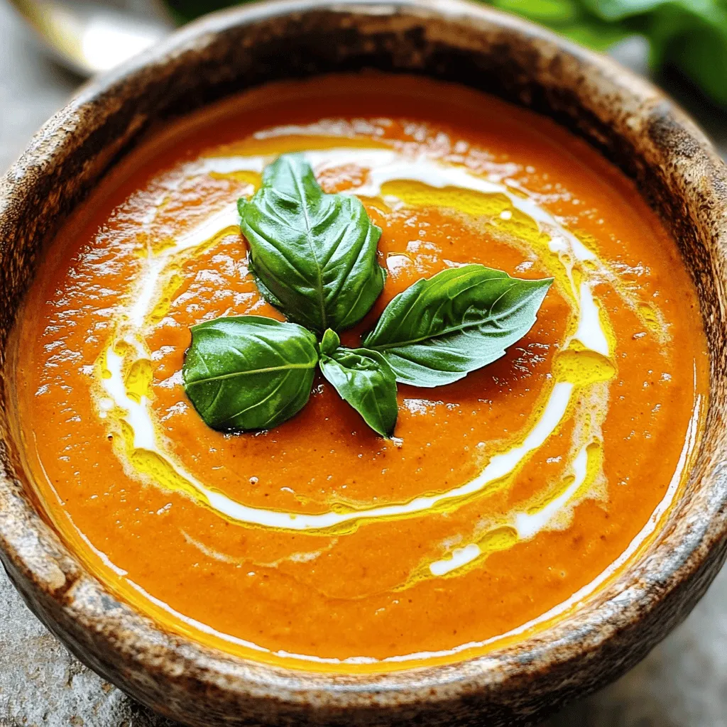- 4 large red bell peppers - 1 medium onion, chopped - 3 cloves garlic, minced - 2 cups vegetable broth - 1 cup coconut milk (or heavy cream) - 2 tablespoons olive oil - 1 teaspoon smoked paprika - Salt and pepper to taste - Fresh basil leaves for garnish You need simple ingredients for this creamy roasted red pepper soup. Fresh bell peppers give the soup its rich flavor. The onion and garlic add depth. Vegetable broth makes it warm and hearty. Coconut milk or heavy cream brings the creaminess. - Baking sheet - Large pot - Immersion blender (or regular blender) You will also need some equipment. A baking sheet helps roast the peppers. A large pot is perfect for cooking the soup. An immersion blender makes it easy to puree. If you don’t have one, a regular blender works too. This recipe is fun and easy to make. You can find the Full Recipe for all the steps. Enjoy cooking! - Preheat the oven to 425°F (220°C). - Cut the red bell peppers in half. Remove the seeds and place them cut-side down on a baking sheet. Roast for 25-30 minutes. The skin should be charred and blistered. After roasting, cover the peppers in a bowl with a towel. Let them sit for 10 minutes. This will help the skin peel off easily. - Heat 2 tablespoons of olive oil in a large pot over medium heat. - Chop 1 medium onion and add it to the pot. Sauté for about 5 minutes until it turns translucent. - Add 3 cloves of minced garlic and cook for another 1-2 minutes until it smells good. Next, peel the skins off the roasted peppers and chop them roughly. Add the chopped peppers to the pot with 1 teaspoon of smoked paprika. Pour in 2 cups of vegetable broth and bring it to a simmer. Cook for 10 minutes to let the flavors mix well. - Remove the pot from heat. Use an immersion blender to puree the soup until it is smooth. If you don’t have an immersion blender, carefully transfer the soup to a regular blender in batches. Once smooth, stir in 1 cup of coconut milk (or heavy cream). Season with salt and pepper to taste. If the soup is too thick, add a little more broth or water to reach your desired thickness. Serve hot, garnished with fresh basil leaves. For the full recipe, check the previous section. Enjoy this creamy roasted red pepper soup as a comforting meal! To get the best creaminess, choose the right type of cream. Coconut milk gives a nice, rich flavor. Heavy cream adds a classic touch. Both work well but choose what you like best. If your soup is too thick, add more broth or water. This helps you get the right texture. Remember, it’s easy to adjust! For a deeper taste, add herbs or spices. Fresh basil pairs great with red pepper. You might try some thyme or oregano too. They add a nice twist. When serving, think about optional toppings. A swirl of cream or a sprinkle of smoked paprika looks pretty and tastes good. Croutons also add a nice crunch. This way, you make each bowl special. For more ideas, check the Full Recipe for inspiration! {{image_2}} You can change the flavor by using different types of peppers. Yellow or orange peppers add a sweet taste. You might also try spicy peppers for a kick. If you want a dairy-free option, use coconut milk. It gives a rich taste without dairy. Heavy cream works well if you prefer a traditional touch. Both options create a creamy texture, so pick what you love. Feel free to add other vegetables, like carrots or spinach, to boost nutrition. You could also mix in cooked chicken or beans for protein. This makes the soup heartier and more filling. For serving, pair the soup with crusty bread or crunchy croutons. They add texture and make the meal more satisfying. You can find the full recipe to explore these ideas further. To keep your creamy roasted red pepper soup fresh, follow these steps: - Refrigeration: Let the soup cool to room temperature. Then, transfer it to an airtight container. Store it in the fridge for up to 4 days. - Freezing: If you want to save it longer, freeze the soup. Use freezer-safe bags or containers. Leave some space for expansion. It can last for up to 3 months in the freezer. When you want to enjoy your soup again, reheating is key. Here are some quick methods: - Stovetop: Pour the soup into a pot. Heat it over medium heat, stirring often. This keeps the flavors intact. - Microwave: Place the soup in a microwave-safe bowl. Heat in short bursts, stirring between. This helps it heat evenly without burning. Enjoy the flavors of your creamy roasted red pepper soup just as you made it! For the full recipe, check the section above. Creamy roasted red pepper soup lasts about 4 to 5 days in the fridge. Store it in an airtight container to keep it fresh. If you want it to last longer, you can freeze it. In the freezer, it stays good for about 3 months. Just remember to let it cool before freezing. Yes, you can make creamy roasted red pepper soup ahead of time. It tastes even better after the flavors marry overnight. Just make sure to cool it down before storing. When you're ready to eat it, reheat it gently on the stove or in the microwave. If you want a substitute for coconut milk, heavy cream works well. You can also use almond milk or cashew cream for a dairy-free option. These alternatives will change the flavor a bit, but they will still create a creamy texture. This soup pairs great with a crusty bread or a fresh salad. You can also serve it with grilled cheese sandwiches for a classic combo. Add some croutons on top for extra crunch and flavor. Yes, you can use frozen red peppers in this soup. They may not have the same texture as fresh peppers, but they will still taste good. Just thaw them first and drain any excess water before adding them to the pot. For the complete recipe, check out the [Full Recipe]. In this blog post, I shared how to make creamy roasted red pepper soup. I covered all the ingredients, needed equipment, and step-by-step instructions. Tips on achieving the perfect creaminess and flavor were also included. You can make endless variations to suit your taste. This soup stores well and reheats nicely, so don’t worry about leftovers. Enjoy making this dish, and feel free to experiment with it. It’s a warm bowl of good taste and comfort!