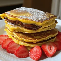 To make Nutella stuffed pancakes, you need simple ingredients. Here’s what to gather: - 1 cup all-purpose flour - 2 tablespoons sugar - 1 tablespoon baking powder - 1/2 teaspoon salt - 1 cup milk - 1 large egg - 2 tablespoons melted butter - 1/2 cup Nutella (or any chocolate-hazelnut spread) - Butter or oil for cooking - Powdered sugar and sliced strawberries for serving (optional) These ingredients blend to create a fluffy pancake with a sweet surprise inside. You don’t need fancy equipment to cook these pancakes. Here’s what I recommend: - Large mixing bowl - Whisk - Non-stick skillet or griddle - Measuring cups and spoons - Spatula - Teaspoon for Nutella Using these tools makes the cooking process easy and fun. While Nutella stuffed pancakes taste great on their own, you can add some extra flair. Here are a few ideas: - Powdered sugar for a sweet dusting - Sliced strawberries for freshness - Whipped cream for creaminess - Chopped nuts for crunch Feel free to get creative with your toppings. Each addition can make your pancakes feel unique! For the complete recipe, check the Full Recipe section. To start, gather your ingredients. You will need flour, sugar, baking powder, salt, milk, egg, and melted butter. In a big bowl, whisk the flour, sugar, baking powder, and salt together. Mix until everything is well combined. In a separate bowl, pour in the milk, crack the egg, and add the melted butter. Stir this mixture until it is smooth. Now, slowly add the wet mix to the dry mix. Stir gently to combine. It's okay if there are a few lumps. This keeps the pancakes light and fluffy. Heat a non-stick skillet over medium heat. Add a little butter or oil to coat the pan. For each pancake, pour about 1/4 cup of batter into the skillet. Wait until the pancake starts to bubble on the surface, which takes about 2-3 minutes. This shows it is ready for stuffing. Take a teaspoon of Nutella and spoon it gently into the center of the pancake. Next, add another 1/4 cup of batter on top of the Nutella. This covers it completely. Cook for another 2-3 minutes until the bottom is golden brown. Carefully flip the pancake over and cook for another 2-3 minutes until both sides are a lovely golden color. Repeat this with the rest of the batter and Nutella. Serve warm and enjoy the deliciousness of Nutella stuffed pancakes. For a lovely touch, you can dust with powdered sugar and add fresh strawberries on top. For the complete recipe, check the Full Recipe. To make fluffy pancakes, use fresh baking powder. This helps them rise well. Mix the wet and dry ingredients separately first. Then, combine them gently. Overmixing creates tough pancakes. Aim for a few lumps in your batter. This keeps them soft and tender. When stuffing pancakes with Nutella, timing is key. Pour the batter onto the skillet and wait until bubbles form. This shows the pancake is ready. Place Nutella in the center using a teaspoon. Cover it with more batter. This ensures the Nutella stays inside while cooking. Cook pancakes on medium heat to avoid burning. A non-stick skillet works best for easy flipping. Use a little butter or oil to coat the surface. Flip the pancake when the bottom is golden brown. This usually takes about 2-3 minutes per side. For a nice touch, serve with powdered sugar and fresh fruit. For the full recipe, check out the detailed steps above. {{image_2}} While Nutella is a classic choice, you can try other fillings. Here are some fun options: - Peanut Butter: Spread creamy or crunchy peanut butter for a nutty twist. - Fruit Jam: Use your favorite jam for a fruity flavor. Strawberry or raspberry work well. - Cream Cheese: For a richer taste, mix cream cheese with a bit of sugar. - Chocolate Chips: Add a handful of chocolate chips for extra sweetness. These fillings can make your pancakes unique. Feel free to mix and match! You can still enjoy these pancakes if you follow a gluten-free or vegan diet. Here are some tips: - Gluten-Free Flour: Swap all-purpose flour for a gluten-free blend. Make sure it has a binding agent like xanthan gum. - Milk Alternatives: Use almond milk, soy milk, or oat milk instead of regular milk. - Egg Replacement: Use a flax egg (1 tablespoon of flaxseed meal + 2.5 tablespoons of water) for each egg. - Vegan Butter: Use coconut oil or vegan butter in place of regular butter. These options ensure everyone can enjoy Nutella stuffed pancakes. Want to make your pancakes even better? Here are some easy flavor boosters: - Vanilla Extract: Add a teaspoon of vanilla extract to the batter for extra flavor. - Cinnamon: A pinch of cinnamon can give your pancakes a warm, cozy taste. - Zest: Try adding lemon or orange zest for a fresh twist. - Nutmeg: A sprinkle of nutmeg adds a lovely depth to your pancakes. These enhancements can elevate your breakfast and make it even more delicious. For the full recipe, check the earlier section. Storing leftover Nutella stuffed pancakes is easy. Let them cool to room temperature first. Then, stack them with parchment paper in between. Place the stack in an airtight container. This keeps them fresh and prevents sticking. You can store them in the fridge for up to three days. Reheating pancakes can be quick. You can use a microwave or a skillet. For the microwave, place a pancake on a plate and cover it with a damp paper towel. Heat for about 20-30 seconds. For the skillet, add a tiny bit of butter. Heat each pancake on low for about one minute on each side. This method keeps them fluffy and tasty. Freezing is a great option for future breakfasts. After they cool, place each pancake in a single layer on a baking sheet. Freeze them for about an hour. Once frozen, stack them in a freezer bag or container. Make sure to remove as much air as possible. These can last up to two months in the freezer. When ready to eat, just reheat them straight from the freezer. Enjoy your delicious treat anytime! For the full recipe, check out the details above. Yes, you can make these pancakes without an egg. Use a banana or applesauce instead. One small mashed banana replaces one egg. If you use applesauce, 1/4 cup works well. Both options add moisture and sweetness. Plus, they keep the pancakes fluffy. It’s a great way to enjoy Nutella stuffed pancakes if you have an egg allergy or follow a vegan diet. To prevent Nutella from leaking, use cold Nutella. Cold Nutella thickens and stays put better than warm Nutella. After you pour the pancake batter, let it cook for a bit before adding Nutella. This helps seal it in. Make sure to cover the Nutella completely with batter before flipping. Keep the heat moderate to avoid burning the outside while cooking the inside. You can serve Nutella stuffed pancakes with many tasty items. Powdered sugar adds a nice sweetness. Fresh fruit like strawberries or bananas gives a fresh taste. Whipped cream makes it extra special. You can also drizzle more Nutella on top for a chocolatey boost. For a nutty flavor, try chopped nuts or a sprinkle of sea salt. These options enhance the flavor and make your breakfast a feast! Nutella stuffed pancakes are a treat everyone should try. We covered key ingredients, kitchen tools, and tasty toppings. You now have a step-by-step guide to making and stuffing these pancakes. I shared tips for fluffiness and safe storage. You can even play with flavors or try different diets. Remember, don’t hesitate to get creative with fillings and toppings. Enjoy your cooking and share these pancakes with friends or family. They will love the sweet surprise!