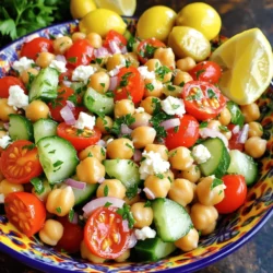 - 2 cans (15 oz each) chickpeas, drained and rinsed - 1 cup cherry tomatoes, halved - 1 cucumber, diced - 1 red bell pepper, diced - 1 small red onion, finely chopped - 1/2 cup Kalamata olives, pitted and halved - 1/2 cup feta cheese, crumbled - 1/4 cup fresh parsley, chopped - 3 tablespoons olive oil - 2 tablespoons lemon juice - 1 teaspoon dried oregano - Salt and pepper to taste The Mediterranean Chickpea Salad is packed with flavor and nutrients. This dish is colorful and can brighten any meal. Chickpeas are the star here. They are rich in protein and fiber. They also help keep you full. The cherry tomatoes add sweetness. The cucumber gives a nice crunch. Red bell pepper brings a sweet touch and vibrant color. The red onion adds a bit of bite. Kalamata olives add a salty, briny flavor, while feta cheese offers creaminess. Fresh parsley brightens the whole dish. This salad fits many diets. It is vegan and gluten-free. You can adjust the amounts based on your needs. A serving of this salad is about 1 to 1.5 cups. You can easily make it for lunch or as a side for dinner. For the full recipe, check out the detailed cooking steps. Enjoy making this fresh and tasty dish! 1. Start by gathering all your ingredients. You need two cans of chickpeas. Drain and rinse them well. 2. Next, chop your cherry tomatoes in half. You need one cup. 3. Dice one cucumber and one red bell pepper. Add these to your bowl. 4. Finely chop one small red onion. This adds a nice flavor. 5. Take half a cup of Kalamata olives. Make sure they are pitted and halved. 6. For the final touch, crumble half a cup of feta cheese. 7. Chop a quarter cup of fresh parsley. This will add color and taste. *Tip: Use a sharp knife for chopping. This makes it easier and safer.* 1. In a large mixing bowl, combine all the prepared ingredients. 2. Gently toss them together. You want everything to mix well without smashing the feta. 3. In a small bowl, whisk together three tablespoons of olive oil and two tablespoons of lemon juice. 4. Add one teaspoon of dried oregano, salt, and pepper to taste. Whisk until mixed. 5. Pour the dressing over the salad mixture. Toss gently to coat all the ingredients. 6. Carefully fold in the crumbled feta cheese and chopped parsley. *Tip: Taste your salad after mixing. Adjust the seasoning if needed.* 1. For the best flavor, chill the salad in the refrigerator for at least 30 minutes. 2. This allows all the flavors to meld together. 3. When ready to serve, place the salad in a large, colorful bowl. 4. Garnish it with extra parsley and a few whole olives on top. 5. Add lemon wedges on the side for an extra pop of flavor. *Remember: This salad is best served cold. Enjoy it fresh and vibrant!* For the full recipe, check out the detailed instructions listed above. To get the best flavor, mix fresh ingredients. Each bite should burst with taste. Use ripe cherry tomatoes and crunchy cucumbers. I love adding a pinch of salt to the cucumbers. This helps draw out their water and makes them crispier. For balance, add a splash of lemon juice. It wakes up the flavors. Don’t forget to use good olive oil. The quality matters! If you're avoiding certain foods, there are great swaps. For a low-sodium option, use no-salt-added chickpeas. If you’re dairy-free, skip the feta cheese. You can add avocado instead for creaminess. You can also try using sunflower seeds for crunch. They add a nice texture without dairy. To keep your salad fresh over days, store it properly. Use an airtight container to minimize air exposure. If you plan to eat it later, add the dressing right before serving. This keeps the veggies crisp. When meal prepping, chop the veggies in advance but mix them only when you're ready. This way, your salad stays vibrant! {{image_2}} You can make your Mediterranean Chickpea Salad even better. Adding proteins like grilled chicken or shrimp gives it a hearty twist. Both options add great taste and make the salad more filling. If you want to mix in grains, try quinoa or bulgur. These add texture and nutrients. Quinoa is high in protein, while bulgur is nutty and chewy. They both pair well with chickpeas and make the dish more satisfying. To change up the flavor, consider using other herbs. Basil and mint are both great choices. They add freshness and a hint of sweetness. You can also try different dressings. Balsamic vinegar adds a sweet tang, while tahini gives a creamy, nutty taste. Each dressing can change the whole vibe of the salad. Experiment with what you enjoy most! You can adapt this salad for any season. In summer, use fresh tomatoes and cucumbers. They taste best when they're in season. For winter, add roasted vegetables like carrots or beets. These veggies offer warmth and comfort. Don't forget to use seasonal produce. It keeps your salad fresh and flavorful. Using what's in season makes your dish more vibrant and healthy. To keep your Mediterranean chickpea salad fresh, store it in the fridge. Use an airtight container. This helps to keep it crisp and tasty. Make sure to avoid adding dressing until you are ready to eat. This way, your salad will not get soggy. If you have leftovers, try to eat them within three days for the best taste. Can this salad be frozen? It is not ideal to freeze this salad. Freezing can change the texture of the veggies and chickpeas. If you want to save some, consider just freezing the chickpeas. To freeze chickpeas, drain and rinse them. Place them in a freezer bag and remove as much air as you can. To thaw, just let them sit in the fridge overnight. How long does the salad last in the fridge? It stays good for about three days. After that, the taste and texture begin to change. Signs of spoilage include a sour smell or mushy veggies. Always trust your senses. If it looks or smells off, it’s best to throw it away. Enjoy your fresh Mediterranean chickpea salad while you can! What can I serve with Mediterranean Chickpea Salad? You can serve this salad with pita bread, hummus, or grilled meats. It pairs well with a light white wine or sparkling water. You can also add a side of tzatziki for a cool touch. How long can the salad sit out safely? The salad can sit out for about two hours. If it is warm outside, keep it to one hour. After that, it is best to refrigerate any leftovers to keep them safe. Can I use different beans instead of chickpeas? Yes, you can use black beans, white beans, or kidney beans. Each type of bean brings its own flavor and texture to the salad. Just make sure they are cooked and drained. Is there a way to make this salad spicier? You can add chopped jalapeños or crushed red pepper flakes. A splash of hot sauce will also give it a nice kick. Adjust the amount to your taste for the right heat level. Do I need to cook the chickpeas? No, you do not need to cook the chickpeas. Canned chickpeas are already cooked and ready to eat. Just drain and rinse them before adding to your salad. How do I make the salad ahead of time? You can prepare the salad a day in advance. Store it in the fridge in an airtight container. Just add the feta cheese and parsley right before serving for the best flavor. For the full recipe, check out the detailed guide. The Mediterranean Chickpea Salad is a simple and tasty dish. You can whip it up in no time. Here’s how to make it: - Chickpeas: Start with two cans of chickpeas. Drain and rinse them well. They add protein and fiber. - Vegetables: Use one cup of halved cherry tomatoes. Dice one cucumber and one red bell pepper. Chop one small red onion finely. These add color and crunch. - Olives & Feta: Add half a cup of Kalamata olives. They bring a salty flavor. Crumble half a cup of feta cheese for creaminess. - Herbs: Chopping a quarter cup of fresh parsley adds freshness. Don’t skip this step! - Dressing: Mix three tablespoons of olive oil and two tablespoons of lemon juice. Add one teaspoon of dried oregano. Season with salt and pepper to your taste. Combine all veggies and olives in a big bowl. Toss them gently. Then, whisk the dressing ingredients in a small bowl. Pour the dressing over the salad and mix again. Now, fold in the feta cheese and parsley. Be gentle to keep the feta intact. Let your salad chill in the fridge for at least 30 minutes. This step helps the flavors blend well. For a beautiful presentation, serve in a colorful bowl. Garnish with extra parsley and whole olives. You can add lemon wedges for a zesty touch. This dish serves 4 to 6 people and takes about 15 minutes to prep. Enjoy the fresh flavors of the Mediterranean! You can find the Full Recipe for more detailed steps. This blog post provided a complete guide to making a tasty Mediterranean Chickpea Salad. You learned about the ingredients, preparation steps, and tips for perfecting the dish. We explored variations, storage methods, and frequently asked questions to answer all your concerns. Enjoy your delicious salad, and don't hesitate to adjust it to fit your tastes. The Mediterranean Chickpea Salad is not only easy to make, but it also offers a healthy option for any meal. Try it out and share it with friends!