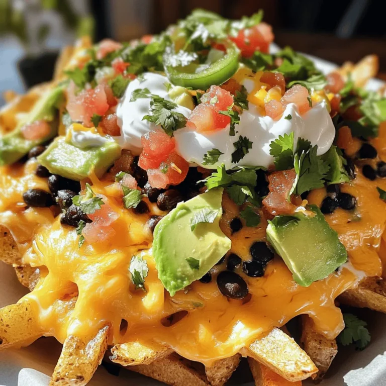 - 1 pound frozen French fries (or homemade fries) - 1 cup shredded cheddar cheese - 1 cup shredded Monterey Jack cheese - 1 can (15 oz) black beans, rinsed and drained - 1 cup pico de gallo (store-bought or homemade) - 1 ripe avocado, diced - 1/2 cup sour cream - 1 jalapeño, sliced (optional) - Fresh cilantro, chopped (for garnish) - 1 teaspoon taco seasoning - Salt and pepper to taste To make loaded nacho fries, you need a mix of simple ingredients. First, choose your base. I love using frozen French fries for quick prep. If you have time, homemade fries taste great! Next, you’ll want cheese. I recommend a mix of cheddar and Monterey Jack for the best flavor. Black beans add a nice texture and protein boost. For fresh toppings, pico de gallo brings a zesty kick. Avocado adds creaminess, while sour cream cools everything down. If you like spice, slice up a jalapeño. Fresh cilantro makes for a lovely garnish. Don’t forget seasoning! Taco seasoning adds bold taste. Salt and pepper finish the dish perfectly. For the Full Recipe, you can check out the detailed steps. Enjoy making this fun snack! To start, you need to cook your fries. If you choose frozen fries, follow the package directions. For homemade fries, slice your potatoes into wedges or sticks. Toss them in olive oil, salt, and pepper. Bake them at 425°F (220°C) for about 25-30 minutes. Make sure to flip them halfway through to get that perfect crisp. Next, preheat your oven to 375°F (190°C). This step is key for melting the cheese later. Once your fries are cooked, grab a large oven-safe dish. Layer the fries in the dish, making sure they cover the bottom. Now, sprinkle the black beans evenly over the fries. This adds a great texture and flavor. In a bowl, mix the shredded cheddar and Monterey Jack cheese. Sprinkle this cheese blend generously over the black beans and fries. For an extra punch, add taco seasoning on top. Now it’s time to melt the cheese. Place your loaded fries in the preheated oven for about 5-7 minutes. Keep an eye on them until the cheese is melted and bubbly. Once you take them out of the oven, immediately top your nacho fries with pico de gallo and diced avocado. If you like some heat, add jalapeño slices. Finish it off by drizzling sour cream on top and garnishing with fresh cilantro. Serve them hot and enjoy this tasty snack! To get the perfect crispiness, choose your fries wisely. Frozen fries are easy. They cook fast and stay crispy. Homemade fries take a little more time but are fun to make. For crispy homemade fries, cut potatoes into sticks. Toss them in olive oil, salt, and pepper. Bake at 425°F for 25-30 minutes. Flip them halfway through for even cooking. Spice up your nacho fries with extra seasonings. Try adding garlic powder or smoked paprika for depth. You can also use chili powder for a kick. If you enjoy heat, add different peppers. Jalapeños give a nice kick. For more spice, use serrano or habanero peppers. They can really amp up the flavor! Serving loaded nacho fries can be fun and creative. Use a big platter for sharing at parties. You can layer the fries in a tall dish for a wow factor. Add toppings like pico de gallo, avocado, and sour cream on top. For a fancy touch, use small bowls for sauces. This makes it easy for everyone to grab and enjoy! Want to know how to make these delicious fries? Check out the Full Recipe for Loaded Nacho Fries. {{image_2}} For a tasty vegetarian twist, skip the meat. You can boost flavor with fresh toppings. Try adding sliced olives, corn, or roasted peppers. You can also use spinach or kale for a green pop. This makes the dish colorful and healthy. Want to make it hearty? Add grilled chicken or beef. These proteins pair well with the fries. Cook the meat with taco seasoning for extra flavor. You can shred the chicken or beef and layer it on top. This adds both protein and a delicious taste. If you want a dairy-free option, try dairy-free cheeses. There are many good brands available. You can also mix different cheese blends. Try pepper jack for a spicy kick. Or, use gouda for a smoky flavor. These options keep the dish creamy and rich. For the full recipe, you can check out the detailed instructions. To keep your loaded nacho fries fresh, store them in the fridge. First, let them cool down. Place the fries in an airtight container. This helps prevent them from getting soggy. You can enjoy them for up to three days. If you plan to eat them later, avoid adding fresh toppings like avocado or pico de gallo. Store those separately to keep their taste and texture. Reheating loaded nacho fries can be tricky. You want them crispy, not soggy. The best way is to use the oven. Preheat your oven to 375°F (190°C). Spread the fries on a baking sheet in a single layer. Heat them for about 10 minutes. This method keeps them nice and crunchy. You can also use an air fryer if you have one. Just set it to 350°F (175°C) for a few minutes. If you want to save loaded nacho fries for later, freezing is a great choice. First, let the fries cool completely. Then, spread them on a baking sheet in a single layer. Freeze them for about an hour. This prevents them from sticking together. After that, transfer the fries to an airtight freezer bag. They can last up to three months. When you’re ready to eat, just reheat them in the oven or air fryer. To make loaded nacho fries from scratch, start with homemade fries. Slice potatoes into thin strips. Toss them in oil, salt, and pepper. Bake them at 425°F (220°C) for 25-30 minutes. Flip them halfway for even cooking. Once crispy, layer the fries in a dish. Add black beans, then top with cheese. Sprinkle taco seasoning for extra flavor. Bake until the cheese melts and bubbles. Finish with your favorite toppings. Yes, you can prepare some ingredients in advance. Cook the fries and let them cool. Store them in the fridge. You can also prepare toppings ahead of time. Dice the avocado and make pico de gallo. When you're ready, reheat the fries and add toppings. This saves time and lets you enjoy a quick snack. Here are my favorite toppings to mix and match: - Shredded lettuce - Chopped tomatoes - Sliced olives - Diced onions - Grated cheese blends - Hot sauce for a kick - Fresh herbs like cilantro or parsley You can check out the Full Recipe for Loaded Nacho Fries online. This recipe gives you all the steps and tips to create this delicious snack. Loaded nacho fries are a fun and tasty dish. We covered how to use fries, cheese, and toppings. You can make them crispy, add protein, or even keep them vegetarian. Remember to store leftovers well for later. Whether you prepare them for a party or a snack, these fries are sure to please. Enjoy the mix of flavors and customize them to your taste. Dive in and create your own delicious version today!