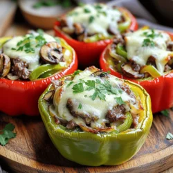 - 4 large bell peppers (any color) - 1 lb ribeye steak, thinly sliced - 1 onion, sliced - 1 green bell pepper, sliced - 1 cup mushrooms, sliced - 2 cloves garlic, minced - 1 teaspoon olive oil - 1 teaspoon Worcestershire sauce - Salt and pepper to taste - 1 cup provolone cheese, shredded - 2 tablespoons fresh parsley, chopped (for garnish) Gathering the right ingredients makes a big difference in flavor. I love using large bell peppers because they hold a lot of filling. Ribeye steak adds rich taste. Slice it thin for tender bites. Onions and green bell pepper bring sweetness and crunch. Mushrooms add earthiness, while garlic gives a nice kick. Worcestershire sauce is key. It adds umami, making the dish more flavorful. Don’t forget salt and pepper to enhance the taste. Provolone cheese melts beautifully over the stuffed peppers. Finally, fresh parsley adds a pop of color and freshness. For the full recipe, check the detailed instructions. Enjoy the process of cooking! - Preheat your oven to 375°F (190°C). - Slice the tops off the bell peppers and remove the seeds and membranes. Place them upright in a baking dish. - In a large skillet, heat the olive oil over medium-high heat. Add sliced onions, green bell pepper, and mushrooms. Sauté until softened, about 5 minutes. - Stir in minced garlic and sauté for an additional minute until fragrant. - Add thinly sliced ribeye steak to the skillet. Season with salt, pepper, and Worcestershire sauce. Cook until the steak is browned, about 5-7 minutes. - Remove the skillet from heat. Stir in half of the provolone cheese until melted. - Stuff each bell pepper with the cheesesteak mixture, pressing down lightly. - Top each pepper with the remaining provolone cheese. - Cover the baking dish with aluminum foil and bake for 25 minutes. Remove the foil and bake for an extra 10 minutes, until the cheese is bubbly and golden. - After baking, let the peppers cool for a few minutes before garnishing with fresh parsley. For the complete guide, check out the [Full Recipe]. To get the best steak, choose ribeye. It has great flavor and tenderness. Slice it thin so it cooks fast. Cook the steak until browned but not tough. Keep an eye on it. For stuffed peppers, pre-cook them a bit. This helps them stay firm while baking. Bake them for 25 minutes covered and 10 minutes uncovered. This gives a nice cheese crust on top. Garnish your stuffed peppers with parsley for color. It makes them look fresh and appealing. Serve them on a large platter to impress. For a full meal, pair them with sweet potato fries. The sweetness balances the savory flavors. You could also add a side salad with a light dressing for crunch. You can make these stuffed peppers ahead of time. Prepare everything up to the baking step and store them in the fridge. When ready to eat, just bake them. This saves time on busy nights. For a faster option, try using pre-cooked steak or ground meat. This cuts down cooking time and makes it easy to whip up. For the full recipe, check out the detailed instructions and enjoy your cooking adventure! {{image_2}} You can change the meat in this recipe. Use chicken or turkey instead of ribeye. For a vegetarian twist, try using tofu or tempeh. Cheese is another great area to swap. Instead of provolone, use cheddar or mozzarella for different tastes. Want more heat? Add jalapeños to the mix or drizzle some hot sauce on top. If you prefer mild flavors, skip the spicy stuff and keep it simple. This makes the dish family-friendly and enjoyable for everyone. For gluten-free options, ensure your sauces are gluten-free. You can also use cauliflower rice as a filling. If you are watching carbs, skip the peppers and use lettuce wraps instead. This makes a tasty, low-carb meal that stays true to the flavors you love. After making Philly cheesesteak stuffed peppers, you need to store them right. Place the leftovers in an airtight container. This keeps them fresh and tasty. You can store them in the fridge for up to three days. If you wait longer, they may lose flavor and texture. When reheating, you want to keep them moist. The best method is the oven. Preheat it to 350°F (175°C) and place the peppers in a baking dish. Cover with foil to trap steam. Heat for about 15-20 minutes. If you use a microwave, check them every minute. This prevents drying out. You can freeze stuffed peppers too! If you want to freeze, do it before baking. Wrap each pepper in plastic wrap and then in foil. They can last up to three months in the freezer. When ready to eat, thaw them overnight in the fridge. Then, bake as usual. If they are already baked, reheat directly from the freezer. Add extra time to ensure they heat through. Philly cheesesteak stuffed peppers are a fun twist on the classic sandwich. They use bell peppers as the base instead of bread. The filling includes thinly sliced ribeye steak, sautéed onions, green peppers, and mushrooms. You then mix in garlic and seasonings for flavor. Lastly, you top it all off with melted provolone cheese. This dish brings the taste of Philly right to your dinner table. You can use many types of peppers for stuffing. Bell peppers are the most common choice. They are sweet and hold their shape well. Other great options are poblano or Anaheim peppers. These add a slight kick while still being mild. Feel free to mix colors, too. Red, yellow, and green peppers add a nice visual touch. To check steak doneness, look for a nice brown color. The inside should be slightly pink but not raw. You can use a meat thermometer for best results. Aim for an internal temperature of 145°F. This ensures the steak is juicy and tender. If you cut into it and the juices run clear, it's done. Yes, you can prepare these stuffed peppers ahead of time. Make the filling and stuff the peppers. Then, cover them and store them in the fridge for up to a day. When you're ready to cook, just pop them in the oven. This saves time on busy nights. You can also freeze unbaked stuffed peppers for later use. Pair these stuffed peppers with crispy sweet potato fries for a classic combo. A simple side salad adds freshness and crunch. You can also serve them with a small bowl of marinara sauce for dipping. These options create a balanced meal that everyone will enjoy. You can find the full recipe for Philly cheesesteak stuffed peppers [here](Full Recipe). This detailed guide will help you create this tasty dish step by step. Philly Cheesesteak Stuffed Peppers blend rich flavors and easy steps. You learned about the key ingredients, from bell peppers to provolone cheese. I showed you how to prepare, cook, and assemble them for a perfect meal. Remember the tips for great presentation and quick cooking. Explore variations to suit your taste and needs. Store leftovers properly to enjoy later. Enjoy the process, and impress your family with this tasty dish. Now, it’s time to gather your ingredients and start cooking!