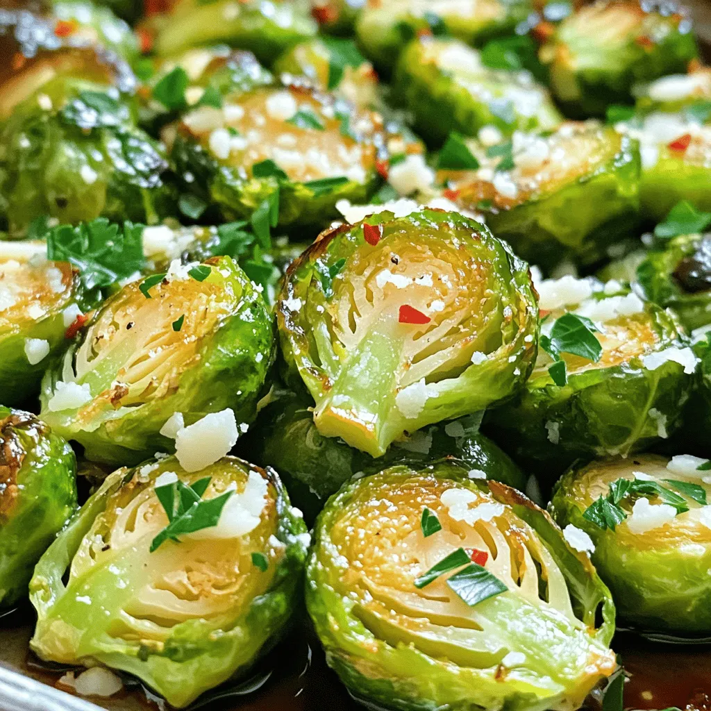 To make Garlic Parmesan Roasted Brussels Sprouts, gather these main ingredients: - 1 lb Brussels sprouts, trimmed and halved - 4 cloves garlic, minced - 3 tablespoons olive oil - ½ cup grated Parmesan cheese - Salt and pepper to taste These ingredients create a tasty base. The Brussels sprouts offer a nice crunch. Garlic adds a strong flavor, and Parmesan gives it a salty bite. You can boost the flavor with a few optional ingredients: - ½ teaspoon red pepper flakes (for heat) - 2 tablespoons balsamic glaze (for drizzling) - Fresh parsley, chopped (for garnish) Red pepper flakes add a spicy kick. Balsamic glaze gives a sweet touch. The parsley makes it look fresh and bright. If you lack some ingredients, here are good substitutions: - Use butter instead of olive oil for a rich taste. - Try nutritional yeast instead of Parmesan for a vegan option. - Swap balsamic glaze with lemon juice for a zesty twist. These substitutions keep the recipe tasty and fun. You can mix and match to fit your needs. Enjoy experimenting with flavors! For the full recipe, check out the details above. First, gather your ingredients. You will need: - 1 lb Brussels sprouts, trimmed and halved - 4 cloves garlic, minced - 3 tablespoons olive oil - ½ cup grated Parmesan cheese - ½ teaspoon red pepper flakes (optional) - Salt and pepper to taste - 2 tablespoons balsamic glaze (for drizzling) - Fresh parsley, chopped (for garnish) Next, preheat your oven to 425°F (220°C). This high heat helps create that perfect roast. In a large mixing bowl, combine the halved Brussels sprouts, minced garlic, olive oil, red pepper flakes (if using), salt, and pepper. Toss the mixture well. Each sprout should be coated evenly in the oil and spices. Now, spread the Brussels sprouts on a large baking sheet. Make sure they are in a single layer. This helps them roast evenly. Place the baking sheet in the oven and roast for 20 minutes. Halfway through, stir the sprouts. This action ensures every side gets that lovely golden color. After 20 minutes, take the baking sheet out of the oven. Sprinkle the grated Parmesan cheese over the hot Brussels sprouts. The cheese will melt beautifully. Return the baking sheet to the oven for another 5-10 minutes. Watch closely until the cheese is melted and slightly golden brown. Once roasted, drizzle the Brussels sprouts with balsamic glaze for a sweet finish. Garnish with chopped fresh parsley to add a pop of color. Serve these Garlic Parmesan Roasted Brussels Sprouts as a side dish, and watch everyone enjoy them. They pair well with chicken, steak, or even pasta. For the full recipe, refer to the section above. Choosing fresh Brussels sprouts is key to a great dish. Look for bright green sprouts with tight leaves. They should feel firm and heavy for their size. Avoid any that are yellow or have brown spots. Fresh sprouts will have a nice, earthy smell. If they smell strong, they are not fresh. Roasting Brussels sprouts brings out their best flavor. Always preheat your oven to 425°F (220°C). Spread the sprouts out in a single layer. This helps them roast evenly. Stir them halfway through to ensure all sides get nice and crispy. If you want extra crunch, roast them a bit longer. Just watch them closely to avoid burning. You can boost the flavor of your Garlic Parmesan Roasted Brussels Sprouts. Try adding lemon zest for a bright kick. A sprinkle of smoked paprika gives a warm, smoky taste. Adding a splash of balsamic glaze at the end adds sweetness and depth. For a kick, mix in red pepper flakes. These additions can make your dish truly special. Check out the Full Recipe for more inspiration! {{image_2}} Adding bacon brings a new flavor to the dish. The salty, smoky taste pairs well with the sprouts. Start by cooking the bacon until it's crispy. Chop it into small pieces and mix it in with the Brussels sprouts before roasting. This gives each bite a savory crunch. You won't regret this addition! You can enjoy this dish without dairy. Use nutritional yeast instead of Parmesan cheese. It gives a cheesy flavor while keeping it vegan. Toss the sprouts with olive oil, garlic, and nutritional yeast. You can also add a squeeze of lemon for brightness. This version is just as tasty! If you like heat, add more red pepper flakes. You can also include diced jalapeños for a kick. Mix them in with the Brussels sprouts before roasting. This spicy twist pairs well with the garlic and Parmesan. Each bite will have you reaching for more. For more ideas, check out the Full Recipe. Each variation is unique and fun to try! After enjoying your Garlic Parmesan Roasted Brussels Sprouts, let them cool down. Place any leftovers in an airtight container. This keeps them fresh. Store the container in the fridge for up to three days. If you want to keep them longer, consider freezing. To reheat, use your oven for the best results. Preheat the oven to 350°F (175°C). Spread the Brussels sprouts on a baking sheet. Heat for about 10-15 minutes until warm. You can also use a microwave. Just heat in short bursts to avoid sogginess. If you have lots of leftovers, freezing works great. First, let the Brussels sprouts cool completely. Then, place them in a freezer-safe bag. Remove as much air as possible. Store in the freezer for up to two months. When ready to eat, thaw in the fridge overnight before reheating. Enjoy the flavor burst again! For the full recipe, check the earlier section. Yes, you can prep Garlic Parmesan Roasted Brussels Sprouts ahead of time. Trim and halve the Brussels sprouts and toss them with garlic, olive oil, salt, and pepper. Store this mix in an airtight container in the fridge for up to two days. When you are ready to cook, just add the Parmesan and roast. This saves time and makes dinner easy! These Brussels sprouts pair well with many dishes. They work great as a side to roasted chicken or grilled steak. You can also serve them with a hearty grain like quinoa or rice. For a vegetarian meal, serve them with a creamy pasta. The flavors of garlic and cheese complement many meals. To make your Brussels sprouts crispy, start with fresh sprouts. Make sure to coat them well in olive oil. Spread them out on the baking sheet without crowding. Roasting at 425°F helps them get that nice crunch. Stir them halfway through cooking for even crispiness. Adding Parmesan in the last few minutes of roasting gives a tasty, crispy top. In this blog post, I outlined how to prepare delicious Garlic Parmesan Roasted Brussels Sprouts. We covered essential ingredients, helpful tips, and various tasty variations. Remember, selecting fresh sprouts makes a big difference. Roasting them properly will give you that perfect crisp. These sprouts are easy to store and reheat, so you can enjoy them later. With this guide, you can impress your friends and family at any meal. Happy cooking!