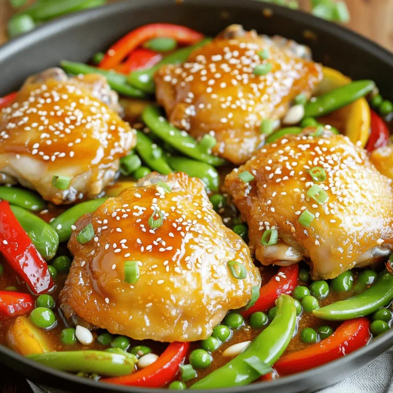 This one pan honey garlic chicken is a simple dish. It combines sweet honey and savory garlic. You can make it in just one pan, which cuts down on cleanup time. The dish cooks evenly, with juicy chicken and crisp veggies. You can find the full recipe above. To make this dish, you need a few key items: - 4 chicken thighs (bone-in, skin-on) - 1 cup honey - 4 cloves garlic, minced - 2 tablespoons soy sauce - 1 tablespoon apple cider vinegar - 1 teaspoon ginger, grated - 2 tablespoons olive oil - Salt and pepper to taste - 1 red bell pepper, sliced - 1 cup snap peas - 2 green onions, chopped (for garnish) - Sesame seeds (for garnish) These ingredients give your dish a rich flavor. The chicken stays juicy and tender while roasting. You can customize this meal with extra ingredients. Here are some ideas: - Add chili flakes for heat - Use broccoli or carrots instead of snap peas - Swap honey for maple syrup for a different taste - Include cashews for a crunchy texture Mix and match these options to suit your taste. Enjoy the fun of making this meal your own! Start by gathering your ingredients. You need four chicken thighs, honey, garlic, soy sauce, apple cider vinegar, ginger, olive oil, salt, pepper, red bell pepper, snap peas, green onions, and sesame seeds. Preheat your oven to 400°F (200°C). In a small bowl, mix the honey, minced garlic, soy sauce, apple cider vinegar, and grated ginger. Whisk them until smooth and well combined. Set this mix aside for later. In a large oven-safe skillet, heat two tablespoons of olive oil over medium-high heat. Season the chicken thighs with salt and pepper. Place the thighs in the skillet, skin-side down. Let them sear for about 5-7 minutes until the skin turns golden brown. This step adds flavor. Once golden, flip the chicken over. Pour your honey garlic mixture over the chicken. Make sure each piece is well-coated. Add the sliced red bell pepper and snap peas around the chicken. Gently toss the veggies in the sauce. Now, transfer the skillet to your preheated oven. Roast the chicken for 25-30 minutes. The chicken is ready when it reaches 165°F (75°C) inside. Once done, take the skillet out of the oven. Let the chicken rest for about 5 minutes. This helps lock in the juices. Before serving, garnish the dish with chopped green onions and sesame seeds. Serve this meal hot, and enjoy the tasty flavors. For the complete recipe, check out the Full Recipe section. For this dish, searing the chicken skin-side down gives it a nice crisp. Use medium-high heat to get that golden color. After flipping, pour the honey garlic sauce over the chicken for a rich flavor. Let it cook in the oven to keep the chicken moist. Using an oven-safe skillet is key. You will need a few tools for this recipe: - Large oven-safe skillet - Whisk for mixing sauce - Meat thermometer for checking chicken doneness - Cutting board for chopping veggies These tools make cooking easier and cleaner. One common mistake is not preheating the oven. If the oven is not hot, the chicken won’t cook well. Another mistake is overcrowding the pan. It can steam the chicken instead of roasting it. Lastly, don’t skip resting the chicken after cooking. This allows the juices to settle. For the complete recipe, check the Full Recipe section. {{image_2}} You can change the chicken thighs to chicken breasts. Breasts cook faster, so adjust the time. Instead of honey, try maple syrup for a unique taste. You can also swap soy sauce with tamari for a gluten-free option. If you want a different flavor, use orange juice instead of vinegar. This adds a sweet zing. You can make this dish on the stovetop if you prefer. Sear the chicken in a skillet, then cover it and simmer. Cook on low for about 25 minutes. You can also grill the chicken for a smoky flavor. Just brush the honey garlic sauce on while grilling. An Instant Pot is another great choice. Sauté the chicken, then add the sauce and cook on high pressure for 8 minutes. For a spicy kick, add red pepper flakes to the sauce. You can also mix in fresh herbs like thyme or rosemary for depth. If you like a tangy taste, add more vinegar or a splash of lime juice. To make it richer, stir in some butter just before serving. Each of these changes can bring new life to the dish. Check out the Full Recipe for more ideas on how to customize this meal! After you enjoy your One Pan Honey Garlic Chicken, store leftovers in an airtight container. Make sure to let the chicken cool first. This helps keep the taste fresh. You can keep it in the fridge for up to three days. If you want to enjoy it later, freezing is a great option. When you're ready to eat leftovers, you can reheat them easily. Preheat your oven to 350°F (175°C). Place the chicken in a baking dish and cover it with foil. Heat for about 15-20 minutes or until warm. You can also use a microwave but be careful not to overheat it. This can make the chicken dry. To freeze One Pan Honey Garlic Chicken, wrap it well. Use plastic wrap or freezer bags to remove air. Label the bags with the date. You can freeze it for up to three months. When you're ready to eat, thaw it in the fridge overnight before reheating. Enjoy your tasty meal again! For the full recipe, check out the earlier section. Cooking One Pan Honey Garlic Chicken takes about 45 minutes. You spend 10 minutes prepping the ingredients. The cooking process in the oven takes about 25 to 30 minutes. It’s quick and easy, making it perfect for busy days. The chicken is done when it reaches 165°F inside. Use a meat thermometer for accuracy. Yes, you can use chicken breasts instead of thighs. Chicken breasts cook faster than thighs. They may also dry out if overcooked. I recommend checking the internal temperature at 160°F. This will keep them juicy and tender. Adjust the cooking time to about 20 to 25 minutes in the oven. You can serve One Pan Honey Garlic Chicken with rice or quinoa. These sides soak up the tasty sauce well. Steamed vegetables or a fresh salad are great options too. They add color and nutrition to your meal. You can also serve it with crusty bread to mop up the sauce. Enjoy this dish with your favorite sides for a balanced meal. This blog post covered how to make One Pan Honey Garlic Chicken. We explored the essential and optional ingredients to customize your dish. Next, we walked through preparation steps, cooking techniques, and serving tips. I shared helpful tips, common mistakes, and variations to enhance your meal. Finally, we discussed storage and reheating methods to keep leftovers fresh. Enjoy making this dish your own!