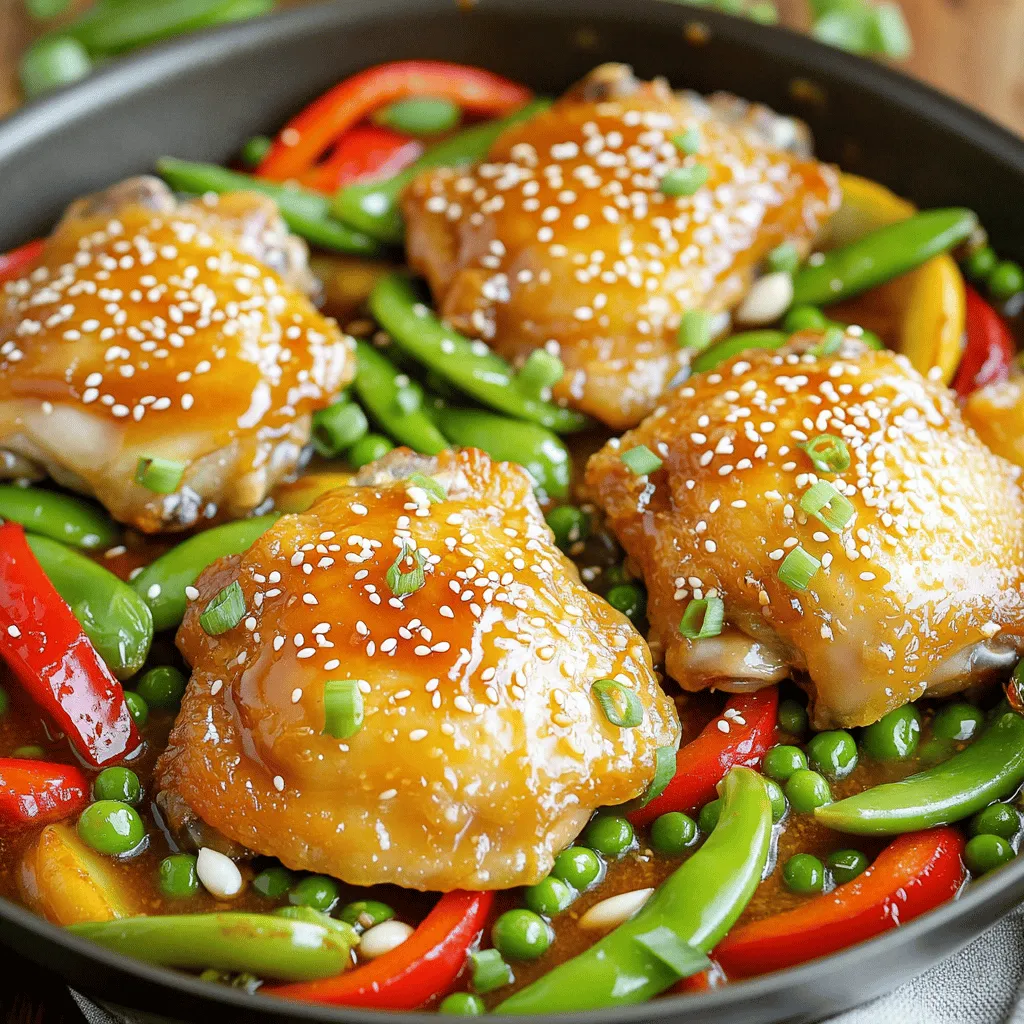 This one pan honey garlic chicken is a simple dish. It combines sweet honey and savory garlic. You can make it in just one pan, which cuts down on cleanup time. The dish cooks evenly, with juicy chicken and crisp veggies. You can find the full recipe above. To make this dish, you need a few key items: - 4 chicken thighs (bone-in, skin-on) - 1 cup honey - 4 cloves garlic, minced - 2 tablespoons soy sauce - 1 tablespoon apple cider vinegar - 1 teaspoon ginger, grated - 2 tablespoons olive oil - Salt and pepper to taste - 1 red bell pepper, sliced - 1 cup snap peas - 2 green onions, chopped (for garnish) - Sesame seeds (for garnish) These ingredients give your dish a rich flavor. The chicken stays juicy and tender while roasting. You can customize this meal with extra ingredients. Here are some ideas: - Add chili flakes for heat - Use broccoli or carrots instead of snap peas - Swap honey for maple syrup for a different taste - Include cashews for a crunchy texture Mix and match these options to suit your taste. Enjoy the fun of making this meal your own! Start by gathering your ingredients. You need four chicken thighs, honey, garlic, soy sauce, apple cider vinegar, ginger, olive oil, salt, pepper, red bell pepper, snap peas, green onions, and sesame seeds. Preheat your oven to 400°F (200°C). In a small bowl, mix the honey, minced garlic, soy sauce, apple cider vinegar, and grated ginger. Whisk them until smooth and well combined. Set this mix aside for later. In a large oven-safe skillet, heat two tablespoons of olive oil over medium-high heat. Season the chicken thighs with salt and pepper. Place the thighs in the skillet, skin-side down. Let them sear for about 5-7 minutes until the skin turns golden brown. This step adds flavor. Once golden, flip the chicken over. Pour your honey garlic mixture over the chicken. Make sure each piece is well-coated. Add the sliced red bell pepper and snap peas around the chicken. Gently toss the veggies in the sauce. Now, transfer the skillet to your preheated oven. Roast the chicken for 25-30 minutes. The chicken is ready when it reaches 165°F (75°C) inside. Once done, take the skillet out of the oven. Let the chicken rest for about 5 minutes. This helps lock in the juices. Before serving, garnish the dish with chopped green onions and sesame seeds. Serve this meal hot, and enjoy the tasty flavors. For the complete recipe, check out the Full Recipe section. For this dish, searing the chicken skin-side down gives it a nice crisp. Use medium-high heat to get that golden color. After flipping, pour the honey garlic sauce over the chicken for a rich flavor. Let it cook in the oven to keep the chicken moist. Using an oven-safe skillet is key. You will need a few tools for this recipe: - Large oven-safe skillet - Whisk for mixing sauce - Meat thermometer for checking chicken doneness - Cutting board for chopping veggies These tools make cooking easier and cleaner. One common mistake is not preheating the oven. If the oven is not hot, the chicken won’t cook well. Another mistake is overcrowding the pan. It can steam the chicken instead of roasting it. Lastly, don’t skip resting the chicken after cooking. This allows the juices to settle. For the complete recipe, check the Full Recipe section. {{image_2}} You can change the chicken thighs to chicken breasts. Breasts cook faster, so adjust the time. Instead of honey, try maple syrup for a unique taste. You can also swap soy sauce with tamari for a gluten-free option. If you want a different flavor, use orange juice instead of vinegar. This adds a sweet zing. You can make this dish on the stovetop if you prefer. Sear the chicken in a skillet, then cover it and simmer. Cook on low for about 25 minutes. You can also grill the chicken for a smoky flavor. Just brush the honey garlic sauce on while grilling. An Instant Pot is another great choice. Sauté the chicken, then add the sauce and cook on high pressure for 8 minutes. For a spicy kick, add red pepper flakes to the sauce. You can also mix in fresh herbs like thyme or rosemary for depth. If you like a tangy taste, add more vinegar or a splash of lime juice. To make it richer, stir in some butter just before serving. Each of these changes can bring new life to the dish. Check out the Full Recipe for more ideas on how to customize this meal! After you enjoy your One Pan Honey Garlic Chicken, store leftovers in an airtight container. Make sure to let the chicken cool first. This helps keep the taste fresh. You can keep it in the fridge for up to three days. If you want to enjoy it later, freezing is a great option. When you're ready to eat leftovers, you can reheat them easily. Preheat your oven to 350°F (175°C). Place the chicken in a baking dish and cover it with foil. Heat for about 15-20 minutes or until warm. You can also use a microwave but be careful not to overheat it. This can make the chicken dry. To freeze One Pan Honey Garlic Chicken, wrap it well. Use plastic wrap or freezer bags to remove air. Label the bags with the date. You can freeze it for up to three months. When you're ready to eat, thaw it in the fridge overnight before reheating. Enjoy your tasty meal again! For the full recipe, check out the earlier section. Cooking One Pan Honey Garlic Chicken takes about 45 minutes. You spend 10 minutes prepping the ingredients. The cooking process in the oven takes about 25 to 30 minutes. It’s quick and easy, making it perfect for busy days. The chicken is done when it reaches 165°F inside. Use a meat thermometer for accuracy. Yes, you can use chicken breasts instead of thighs. Chicken breasts cook faster than thighs. They may also dry out if overcooked. I recommend checking the internal temperature at 160°F. This will keep them juicy and tender. Adjust the cooking time to about 20 to 25 minutes in the oven. You can serve One Pan Honey Garlic Chicken with rice or quinoa. These sides soak up the tasty sauce well. Steamed vegetables or a fresh salad are great options too. They add color and nutrition to your meal. You can also serve it with crusty bread to mop up the sauce. Enjoy this dish with your favorite sides for a balanced meal. This blog post covered how to make One Pan Honey Garlic Chicken. We explored the essential and optional ingredients to customize your dish. Next, we walked through preparation steps, cooking techniques, and serving tips. I shared helpful tips, common mistakes, and variations to enhance your meal. Finally, we discussed storage and reheating methods to keep leftovers fresh. Enjoy making this dish your own!