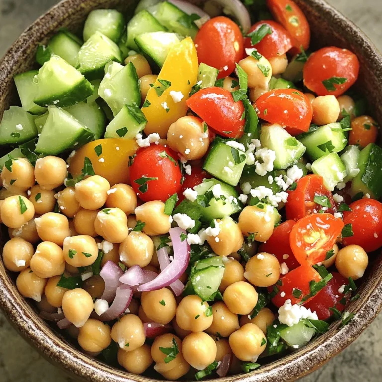 For this Chickpea Salad with Feta, you will need the following ingredients: - 1 can (15 oz) chickpeas, drained and rinsed - 1 cup cherry tomatoes, halved - 1 cucumber, diced - 1/2 red onion, finely chopped - 1 bell pepper (any color), diced - 1/2 cup feta cheese, crumbled - 2 tablespoons fresh parsley, chopped - 3 tablespoons olive oil - 1 tablespoon lemon juice - 1 teaspoon dried oregano - Salt and pepper to taste These ingredients blend well together, creating a fresh and tasty salad. If you don’t have some fresh ingredients, don’t worry! You can swap them out easily. - Chickpeas: Use dried chickpeas if you prefer. Just remember to soak and cook them first. - Tomatoes: If cherry tomatoes aren’t available, use diced regular tomatoes. - Cucumber: You can switch cucumber for zucchini or bell peppers. - Red onion: Try green onions or shallots if you need a milder taste. - Feta cheese: Goat cheese or a vegan feta can work too. - Fresh parsley: If you lack fresh parsley, try dried or use basil. Want to spice up your salad? Here are some fun add-ins to consider: - Olives: Add sliced black or green olives for a briny taste. - Avocado: Diced avocado brings creaminess and healthy fats. - Nuts or seeds: Throw in some sunflower seeds or walnuts for crunch. - Spices: A pinch of cumin or smoked paprika can add a nice kick. - Cilantro: If you enjoy its taste, chopped cilantro adds freshness. Feel free to mix and match these ingredients! You can find the full recipe [here]. To make the chickpea salad, gather all ingredients first. You will use one can of chickpeas, cherry tomatoes, cucumber, red onion, bell pepper, feta cheese, and parsley. The dressing needs olive oil, lemon juice, oregano, salt, and pepper. Rinse the chickpeas under cold water to remove any canning liquid. Cut the cherry tomatoes in half and dice the cucumber and bell pepper. Chop the red onion finely. This helps all flavors mix well. In a large bowl, combine the chickpeas, cherry tomatoes, cucumber, red onion, and bell pepper. This makes a colorful base for your salad. Next, add the crumbled feta cheese and chopped parsley. They bring creaminess and freshness. In a small bowl, whisk the olive oil, lemon juice, oregano, salt, and pepper together. Pour this dressing over the salad. Toss gently to coat all ingredients evenly. This step makes sure every bite is tasty. Let your salad sit in the fridge for 10 to 15 minutes before serving. This helps the flavors blend well. You can taste the salad before serving and adjust the salt and pepper. If you want a crunch, add nuts or seeds. For a kick, try a bit of red pepper flakes. Follow the Full Recipe to make this dish shine! To make your chickpea salad shine, balance is key. Use fresh ingredients for the best taste. Combine salty feta with sweet tomatoes. This mix creates a delicious contrast. Add herbs like parsley for freshness. A touch of lemon juice brightens every bite. Experiment with spices like cumin or paprika for depth. Remember, taste as you go. Adjust seasoning to suit your palate. Keeping your salad fresh is simple. Store it in an airtight container in the fridge. This keeps moisture in and air out. If you make it ahead, add the dressing just before serving. This prevents soggy chickpeas and wilted veggies. You can also keep each ingredient separate until serving time. This way, everything stays crisp and vibrant. Chickpea salad pairs well with many dishes. Serve it alongside grilled chicken or fish for protein. You can also enjoy it with pita bread or on a bed of greens. It makes a great lunch on its own. For a special touch, add olives or avocado slices on top. This adds creaminess and extra flavor. For more ideas, check out the Full Recipe for variations. {{image_2}} For a tasty Mediterranean twist, add some olives and artichokes. You can use black or green olives, whichever you prefer. Artichokes add a nice touch. Toss in some capers for a briny flavor. This mix makes your salad even more vibrant. You can also swap feta cheese for goat cheese if you like. The creaminess of goat cheese pairs well with the other ingredients. This Mediterranean chickpea salad idea is light yet filling. If you want some heat, try adding jalapeños or red pepper flakes. Start with a small amount and taste it. You can always add more spice if you want. For an extra kick, mix in diced avocado. The creaminess will balance out the heat. This spicy chickpea salad variation is perfect for those who love bold flavors. Serve it chilled for a refreshing meal on hot days. To make this salad vegan, skip the feta cheese. You can use tofu instead, or just leave it out. For a creamy texture, add ripe avocado. Use a splash of apple cider vinegar for a tangy touch. This vegan option for chickpea salad still tastes amazing. It keeps all the fresh flavors and textures while being plant-based. You won't miss the cheese at all! For the full recipe, check out the Chickpea Fiesta Salad. To store leftover chickpea salad, place it in an airtight container. Make sure to cover it well. This keeps the salad fresh and tasty. Store it in the fridge for up to three days. If you want to keep it longer, it’s best to freeze the salad without the feta. Add the feta when you’re ready to eat it. When prepping this salad for the week, keep the dressing separate. This way, the salad stays crisp and fresh. You can chop the veggies ahead of time. Just store them in separate containers. Mix everything together when you're ready to eat. This method ensures great taste every time. The chickpeas last about three to five years in the pantry. Fresh veggies like tomatoes and cucumbers stay good for about a week in the fridge. Feta cheese lasts around five days once opened. Always check for signs of spoilage, like changes in smell or texture. For more details, you can refer to the Full Recipe. If you can’t find feta cheese, try using goat cheese. It has a similar tangy flavor. You can also use ricotta for a creamy touch. If you want a dairy-free option, try vegan feta. It mimics the taste of feta well. Yes, you can make this salad ahead of time. Just keep the dressing separate until you are ready to serve. This helps the salad stay fresh and crisp. You can store the salad in the fridge for up to two days. To boost the protein in your salad, add grilled chicken or shrimp. Tofu is a great plant-based option. You can also use canned tuna or chickpeas for extra protein. Adding nuts or seeds can give a nice crunch too. For the full recipe, check the details above. This article covered the key ingredients for your chickpea salad, including options for substitutions and add-ins. We walked through step-by-step instructions for preparing and mixing, plus tips for a perfect toss. You learned best practices for flavor pairings and keeping your salad fresh. We explored tasty variations and storage methods to maintain freshness. Lastly, the FAQs addressed common concerns, making it easy for you to customize and enjoy your salad. Remember, your creativity can turn this basic recipe into your own tasty dish!