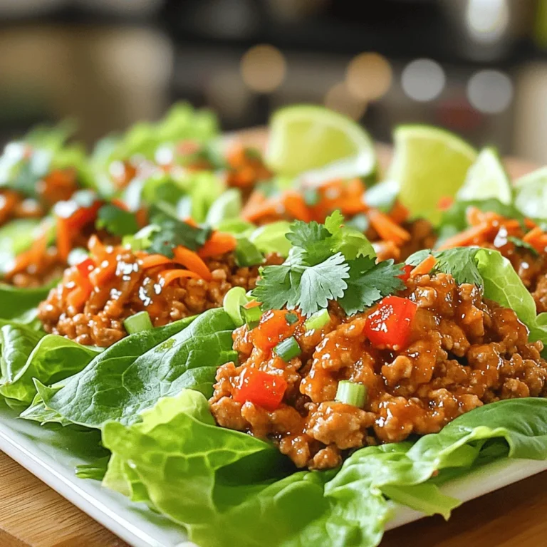- Ground chicken - Sweet chili sauce - Soy sauce - Sesame oil - Garlic and ginger - Red bell pepper - Shredded carrots - Green onion - Fresh cilantro - Butter lettuce or iceberg lettuce - Salt and pepper - Lime wedges When I make Sweet Chili Chicken Lettuce Wraps, I love how simple the ingredients are. You only need a few key items to create a dish full of flavor. For the main ingredients, ground chicken is the star. It cooks fast and takes on all the great flavors. Sweet chili sauce gives the chicken a nice sweetness with a hint of spice. Soy sauce adds depth, while sesame oil brings a nutty flavor. Don’t forget the garlic and ginger; they add a fresh, bold taste. Next, we have the vegetables. Red bell pepper adds color and crunch. Shredded carrots give sweetness and texture. Green onion offers a mild bite, while fresh cilantro adds brightness. Finally, for the lettuce, I recommend either butter lettuce or iceberg lettuce. Both types are crisp and perfect for wrapping. A sprinkle of salt and pepper helps enhance all the flavors. Lime wedges are a must for serving, as they bring a zesty kick to each bite. For the complete recipe, check out the [Full Recipe]. This dish is easy to make and always gets rave reviews! To start, heat 1 tablespoon of sesame oil in a large skillet over medium heat. This oil gives the dish a nice nutty flavor. Once the oil is hot, add 2 cloves of minced garlic and 1 inch of grated ginger. Sauté them for about 1 minute until they smell amazing. This step builds the base flavor for your chicken mixture. Next, add 1 pound of ground chicken to the skillet. Use a spatula to break it apart as it cooks. Cook until the chicken is nicely browned, which takes about 5 to 7 minutes. After that, stir in 2 tablespoons of sweet chili sauce and 1 tablespoon of soy sauce. Mix well to coat the chicken. This sauce adds a sweet and spicy kick to the dish. Now, it’s time to add some color and crunch. Mix in 1 finely diced red bell pepper and 1 cup of shredded carrots. Cook for an additional 2 to 3 minutes until the veggies are slightly tender. Finally, remove the skillet from heat and season with salt and pepper to taste. Stir in sliced green onion and chopped cilantro for freshness. Your chicken mixture is now ready to fill the lettuce leaves! For the complete recipe, check [Full Recipe]. To make your Sweet Chili Chicken Lettuce Wraps shine, use fresh ingredients. Fresh garlic and ginger bring bright notes to your dish. The crunch of a ripe red bell pepper adds texture and color. When you cook, aim for the right times. For chicken, cook until it's no longer pink, about 5-7 minutes. Cook veggies until they are tender but still crisp, about 2-3 minutes. This keeps flavors bright and textures enjoyable. These wraps shine with a few simple accompaniments. Serve lime wedges on the side for a burst of freshness. Additional cilantro can add a nice touch. For a more filling meal, consider adding some rice or quinoa. You can also serve these wraps with dipping sauces like extra sweet chili sauce. This adds more flavor and fun to each bite. Use a large skillet for even cooking. A non-stick skillet can help prevent sticking and make cleanup easier. A good spatula is key for breaking up the chicken as it cooks. For prep, use a sharp knife for dicing vegetables. A cutting board will keep your space neat. With these tools, you will make cooking smooth and enjoyable. {{image_2}} You can switch ground chicken for turkey. Turkey works well and has a lighter taste. If you want a plant-based option, try tofu. Firm tofu gives a good texture in the wraps. Crumble it and cook it like the chicken. It absorbs all those tasty flavors. Want to kick up the heat? Add chili flakes to the chicken mix. This spice adds a nice kick without being too hot. You can also try new sauces. Hoisin sauce gives a sweet and savory taste. Mixing in sriracha can bring a spicy twist. Let your taste guide you! Lettuce is great, but there are other options. Try collard greens instead. They are sturdy and add a different taste. Rice paper wraps are another fun choice. They give a chewy texture. You can also use different types of lettuce. Romaine or butter lettuce can change the feel of your wrap. Enjoy experimenting! To store your Sweet Chili Chicken Lettuce Wraps, let them cool first. This step helps prevent moisture buildup. Once cool, place the chicken mixture in an airtight container. Glass or plastic containers work well. Keep the lettuce leaves separate to avoid sogginess. Store them in a sealed bag or container. When reheating, use a skillet over medium heat. This method helps maintain flavor and moisture. Add a splash of water or broth to keep the chicken juicy. Heat until warm, stirring often. Avoid using the microwave, as it can dry out the chicken. For freezing, let the chicken cool completely. Place it in a freezer-safe container or bag. Remove as much air as possible to prevent freezer burn. To thaw, move the chicken to the fridge overnight. Reheat it in a skillet as mentioned above. This way, you’ll enjoy a tasty meal later. For the full recipe, check out the Sweet Chili Chicken Lettuce Wraps section. To make Sweet Chili Chicken Lettuce Wraps gluten-free, use gluten-free soy sauce. Brands like Tamari offer great taste without gluten. You can also check for gluten-free sweet chili sauce. Always read labels for hidden gluten in sauces. Yes, you can prepare the filling in advance. Cook the chicken mixture and let it cool. Store it in an airtight container in the fridge. Use it within three days for the best taste. Reheat it on the stove or microwave before serving. Yes, these wraps are perfect for meal prep. Portion the filling into containers. Store the filling and lettuce separately to keep it fresh. You can grab a portion each day and enjoy a quick, healthy meal. If you want a different protein, try ground turkey or diced tofu. Ground turkey cooks similarly to chicken and has a light flavor. For tofu, use firm or extra-firm tofu. Cube it and cook for about 7-10 minutes until golden brown. In this post, you learned how to make Sweet Chili Chicken Lettuce Wraps. We reviewed the main ingredients, cooking steps, and tips for the best flavor. You also discovered variations to suit your taste and how to store leftovers. Cooking can be fun and simple. With fresh ingredients and a little practice, you can create these tasty wraps. Enjoy experimenting and sharing with friends or family. Happy cooking!