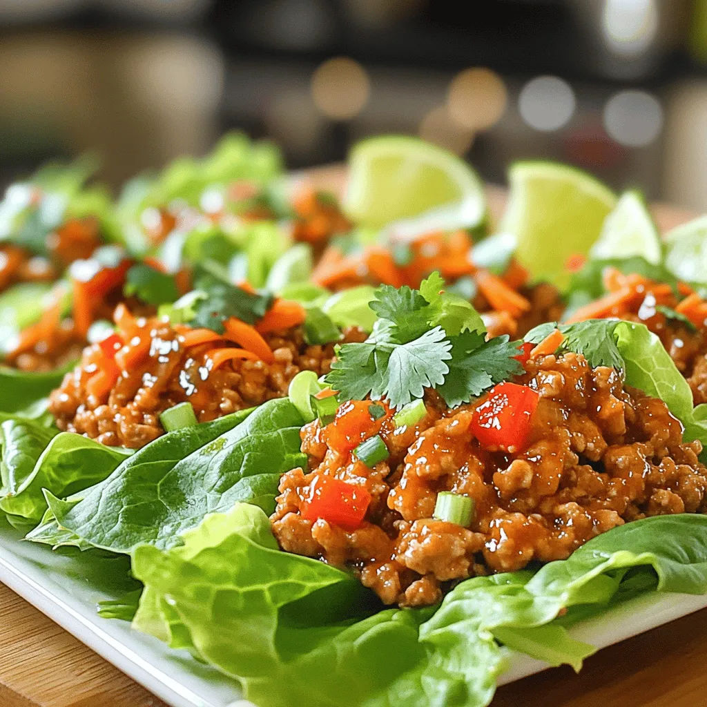 - Ground chicken - Sweet chili sauce - Soy sauce - Sesame oil - Garlic and ginger - Red bell pepper - Shredded carrots - Green onion - Fresh cilantro - Butter lettuce or iceberg lettuce - Salt and pepper - Lime wedges When I make Sweet Chili Chicken Lettuce Wraps, I love how simple the ingredients are. You only need a few key items to create a dish full of flavor. For the main ingredients, ground chicken is the star. It cooks fast and takes on all the great flavors. Sweet chili sauce gives the chicken a nice sweetness with a hint of spice. Soy sauce adds depth, while sesame oil brings a nutty flavor. Don’t forget the garlic and ginger; they add a fresh, bold taste. Next, we have the vegetables. Red bell pepper adds color and crunch. Shredded carrots give sweetness and texture. Green onion offers a mild bite, while fresh cilantro adds brightness. Finally, for the lettuce, I recommend either butter lettuce or iceberg lettuce. Both types are crisp and perfect for wrapping. A sprinkle of salt and pepper helps enhance all the flavors. Lime wedges are a must for serving, as they bring a zesty kick to each bite. For the complete recipe, check out the [Full Recipe]. This dish is easy to make and always gets rave reviews! To start, heat 1 tablespoon of sesame oil in a large skillet over medium heat. This oil gives the dish a nice nutty flavor. Once the oil is hot, add 2 cloves of minced garlic and 1 inch of grated ginger. Sauté them for about 1 minute until they smell amazing. This step builds the base flavor for your chicken mixture. Next, add 1 pound of ground chicken to the skillet. Use a spatula to break it apart as it cooks. Cook until the chicken is nicely browned, which takes about 5 to 7 minutes. After that, stir in 2 tablespoons of sweet chili sauce and 1 tablespoon of soy sauce. Mix well to coat the chicken. This sauce adds a sweet and spicy kick to the dish. Now, it’s time to add some color and crunch. Mix in 1 finely diced red bell pepper and 1 cup of shredded carrots. Cook for an additional 2 to 3 minutes until the veggies are slightly tender. Finally, remove the skillet from heat and season with salt and pepper to taste. Stir in sliced green onion and chopped cilantro for freshness. Your chicken mixture is now ready to fill the lettuce leaves! For the complete recipe, check [Full Recipe]. To make your Sweet Chili Chicken Lettuce Wraps shine, use fresh ingredients. Fresh garlic and ginger bring bright notes to your dish. The crunch of a ripe red bell pepper adds texture and color. When you cook, aim for the right times. For chicken, cook until it's no longer pink, about 5-7 minutes. Cook veggies until they are tender but still crisp, about 2-3 minutes. This keeps flavors bright and textures enjoyable. These wraps shine with a few simple accompaniments. Serve lime wedges on the side for a burst of freshness. Additional cilantro can add a nice touch. For a more filling meal, consider adding some rice or quinoa. You can also serve these wraps with dipping sauces like extra sweet chili sauce. This adds more flavor and fun to each bite. Use a large skillet for even cooking. A non-stick skillet can help prevent sticking and make cleanup easier. A good spatula is key for breaking up the chicken as it cooks. For prep, use a sharp knife for dicing vegetables. A cutting board will keep your space neat. With these tools, you will make cooking smooth and enjoyable. {{image_2}} You can switch ground chicken for turkey. Turkey works well and has a lighter taste. If you want a plant-based option, try tofu. Firm tofu gives a good texture in the wraps. Crumble it and cook it like the chicken. It absorbs all those tasty flavors. Want to kick up the heat? Add chili flakes to the chicken mix. This spice adds a nice kick without being too hot. You can also try new sauces. Hoisin sauce gives a sweet and savory taste. Mixing in sriracha can bring a spicy twist. Let your taste guide you! Lettuce is great, but there are other options. Try collard greens instead. They are sturdy and add a different taste. Rice paper wraps are another fun choice. They give a chewy texture. You can also use different types of lettuce. Romaine or butter lettuce can change the feel of your wrap. Enjoy experimenting! To store your Sweet Chili Chicken Lettuce Wraps, let them cool first. This step helps prevent moisture buildup. Once cool, place the chicken mixture in an airtight container. Glass or plastic containers work well. Keep the lettuce leaves separate to avoid sogginess. Store them in a sealed bag or container. When reheating, use a skillet over medium heat. This method helps maintain flavor and moisture. Add a splash of water or broth to keep the chicken juicy. Heat until warm, stirring often. Avoid using the microwave, as it can dry out the chicken. For freezing, let the chicken cool completely. Place it in a freezer-safe container or bag. Remove as much air as possible to prevent freezer burn. To thaw, move the chicken to the fridge overnight. Reheat it in a skillet as mentioned above. This way, you’ll enjoy a tasty meal later. For the full recipe, check out the Sweet Chili Chicken Lettuce Wraps section. To make Sweet Chili Chicken Lettuce Wraps gluten-free, use gluten-free soy sauce. Brands like Tamari offer great taste without gluten. You can also check for gluten-free sweet chili sauce. Always read labels for hidden gluten in sauces. Yes, you can prepare the filling in advance. Cook the chicken mixture and let it cool. Store it in an airtight container in the fridge. Use it within three days for the best taste. Reheat it on the stove or microwave before serving. Yes, these wraps are perfect for meal prep. Portion the filling into containers. Store the filling and lettuce separately to keep it fresh. You can grab a portion each day and enjoy a quick, healthy meal. If you want a different protein, try ground turkey or diced tofu. Ground turkey cooks similarly to chicken and has a light flavor. For tofu, use firm or extra-firm tofu. Cube it and cook for about 7-10 minutes until golden brown. In this post, you learned how to make Sweet Chili Chicken Lettuce Wraps. We reviewed the main ingredients, cooking steps, and tips for the best flavor. You also discovered variations to suit your taste and how to store leftovers. Cooking can be fun and simple. With fresh ingredients and a little practice, you can create these tasty wraps. Enjoy experimenting and sharing with friends or family. Happy cooking!