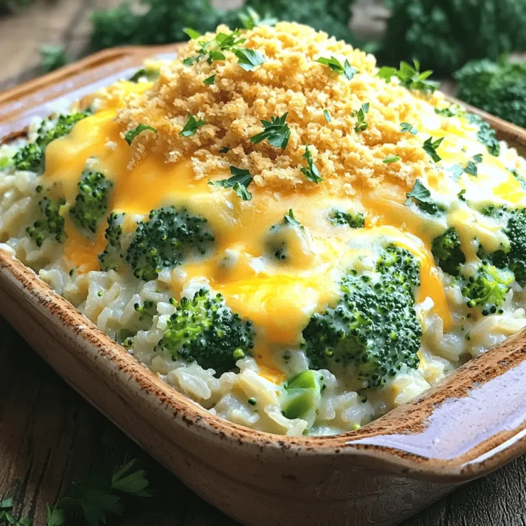 - 2 cups cooked white or brown rice - 2 cups fresh broccoli florets - 2 cups shredded cheddar cheese - 1 cup cream of mushroom soup (or homemade version) - 1/2 cup milk - 1 small onion, finely chopped - 2 cloves garlic, minced - 1 teaspoon dried thyme - 1/2 teaspoon paprika - Salt and pepper to taste - 1/2 cup breadcrumbs (for topping) - 2 tablespoons olive oil The main ingredients bring the casserole to life. You need cooked rice for a hearty base. Broccoli adds a pop of color and nutrition. Cheddar cheese gives that rich, gooey texture we love. Cream of mushroom soup adds creaminess and flavor. Use milk to keep it moist and smooth. Onions and garlic give a savory kick. Thyme and paprika add warmth, while salt and pepper balance the dish. Finally, breadcrumbs create a crunchy topping. - Variations for different cheeses - Using vegetables other than broccoli - Substitutes for cream of mushroom soup You can switch up the cheese for a different taste. Try mozzarella or gouda for new flavors! Feel free to use other vegetables like carrots or peas for variety. If you don’t have cream of mushroom soup, use cream of chicken or a homemade version. - 9x13-inch baking dish - Large mixing bowl - Skillet - Measuring cups and spoons Having the right tools makes cooking easier. A 9x13-inch baking dish helps hold all the yummy layers. A large mixing bowl is key for combining ingredients. A skillet allows you to sauté vegetables perfectly. Measuring cups and spoons ensure accuracy in your recipe. For the full recipe, check out the Cheesy Broccoli Rice Casserole section. Enjoy cooking this delightful family meal! First, you need to cook the rice. You can use white or brown rice. Follow the package instructions for cooking. It usually takes about 15-20 minutes. While the rice cooks, chop your vegetables. You will need fresh broccoli florets and a small onion. Make sure to cut the broccoli into small, even pieces. This helps them cook well. Next, heat 2 tablespoons of olive oil in a large skillet over medium heat. Once hot, add the chopped onion and minced garlic. Cook these for about 3-5 minutes. They should soften and smell nice. After that, add the broccoli florets to the skillet. Sauté them for another 3-4 minutes until they turn bright green. This keeps their crunch. Now, mix all your ingredients in a large bowl. Add the cooked rice, sautéed veggies, cream of mushroom soup, and milk. Don’t forget the thyme, paprika, salt, and pepper. Stir until everything blends well. Then, fold in 1 ½ cups of the shredded cheddar cheese. Reserve the rest for later. Transfer the mixture to a greased 9x13-inch baking dish. Spread it evenly. Now, sprinkle the remaining cheddar cheese and breadcrumbs on top. This creates a delicious crust. Bake in a preheated oven at 350°F for 25-30 minutes. The dish should be golden and bubbly. Once done, let it cool for a few minutes before serving. You can find the full recipe [here]. To keep your broccoli bright and tasty, cook it lightly. Start by adding it to the pan for just a few minutes. This way, it stays green and crisp. If you overcook it, it can turn dull and mushy. For perfect rice texture, make sure it’s fully cooked before mixing. If you use leftover rice, it should be fluffy, not sticky. This will help your casserole blend well without clumps. When serving, scoop out portions onto plates. This helps show off the layers. A sprinkle of fresh parsley makes it look even better. You can also place a slice of the casserole on a colorful plate to add a pop of color. For a charming display, consider using a clear dish. This way, guests can see the layers of cheese and broccoli. It makes the dish feel special. For added depth, try spices like garlic powder or onion powder. These can boost the flavor without being too strong. A pinch of cayenne can also bring a little heat if you like spice. Cheese variations can change the whole dish. You can mix in mozzarella for a milder taste. Or try pepper jack for a kick. This way, you can customize it to fit your family’s taste. For the full recipe, check out the section above. {{image_2}} You can make this dish even better. Try using brown rice instead of white. Brown rice gives you more fiber. This small change boosts health benefits without losing taste. You can also swap in low-fat cheese. This keeps the creamy goodness while cutting calories. Get creative with your veggies! Cauliflower or spinach can work well here. They add new flavors and nutrients. If you want a protein boost, add cooked chicken or bacon. These options make the casserole heartier and more filling. Change things up with the seasons. In fall, add butternut squash for a sweet touch. For summer, fresh herbs like basil or parsley can brighten the dish. These simple tweaks keep your meals exciting and fresh. Check out the Full Recipe to explore all the options! To keep your Cheesy Broccoli Rice Casserole fresh, store leftovers in an airtight container. This helps prevent drying out or picking up other fridge smells. Before placing it in the fridge, let it cool for about 30 minutes. When reheating, preheat your oven to 350°F (175°C). Cover the dish with foil to keep moisture in. Heat for about 20 minutes or until warm. You can also use a microwave, but be sure to cover it to avoid splatters. If you want to save some for later, freezing is a great option. First, let the casserole cool completely. Then, place portions in freezer-safe bags or containers. Squeeze out as much air as possible before sealing. To thaw, move the casserole to the fridge for 24 hours before baking. Preheat your oven to 350°F (175°C) and bake for 25 to 30 minutes. Check that it's heated all the way through before serving. In the fridge, your casserole lasts about 3 to 5 days. If you freeze it, it can last up to 3 months. Just remember that the longer it sits, the more it may lose its texture and flavor. To make Cheesy Broccoli Rice Casserole vegan, you can swap out the dairy and meat. Use plant-based cheese instead of cheddar. You can also use almond or oat milk in place of regular milk. For the cream of mushroom soup, find a vegan version or make your own with blended mushrooms and cashews. This way, you keep the creamy texture without any dairy. Yes, you can use frozen broccoli for this dish. However, it may affect the texture and flavor. Frozen broccoli often cooks down more, making it softer. If you choose frozen, try to thaw and drain it well before adding it to the mix. This helps keep the casserole from becoming too watery. Cheesy Broccoli Rice Casserole pairs well with many sides. You can serve it with a simple green salad to add freshness. Roasted chicken or grilled fish also make great choices for protein. If you want something lighter, consider serving it with steamed vegetables or a fruit salad. To reheat leftovers, use the oven for the best results. Preheat your oven to 350°F (175°C). Place the casserole in an oven-safe dish, and cover it with foil to keep it moist. Heat for about 20 minutes or until hot. You can also use the microwave, but be sure to cover the dish to prevent it from drying out. This blog post covered how to make Cheesy Broccoli Rice Casserole. We discussed the main ingredients, cooking tips, and variations. You learned how to prep and cook easily while enhancing flavor and presentation. Remember, this dish is versatile; you can swap ingredients based on your taste. Don't be afraid to try new things or make healthier choices. Enjoy crafting your own delicious casserole that can please anyone. Happy cooking!