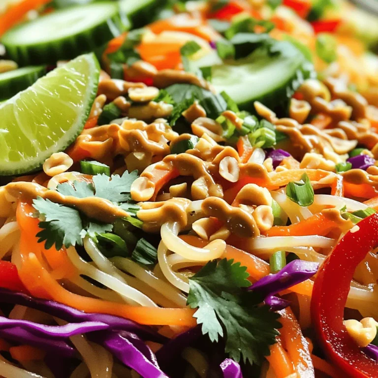 - Main Ingredients: Rice Noodles and Fresh Vegetables - 8 oz rice noodles - 1 cup red cabbage, shredded - 1 cup carrots, julienned - 1 cup bell peppers (mixed colors), thinly sliced - 1 cucumber, thinly sliced - 1/2 cup green onions, chopped - 1/4 cup fresh cilantro, chopped - 1/4 cup peanuts, roughly chopped These fresh vegetables add color and crunch. Each bite bursts with flavor. The rice noodles provide a great base. They soak up the dressing well. - Peanut Dressing Components - 3 tablespoons peanut butter - 2 tablespoons soy sauce - 1 tablespoon sesame oil - 1 tablespoon lime juice - 1 tablespoon maple syrup (or honey) - 1 teaspoon ginger, grated - 1 clove garlic, minced - Water (to thin out the dressing as needed) This dressing ties the salad together. The peanut butter gives a rich taste. Lime juice adds freshness. Ginger and garlic enhance the flavor too. - Optional Garnishes - Chopped green onions - Fresh cilantro - Chopped peanuts These garnishes add a nice touch. They provide extra crunch and flavor. You can use them based on your taste. For the full recipe, check out the Crunchy Thai Peanut Noodle Salad 🥡🥜. To cook the rice noodles, start by boiling water in a large pot. Add the noodles and cook them for about 4 to 6 minutes. You want them to be al dente, not mushy. After cooking, drain the noodles and rinse them under cold water. This cools them down and stops the cooking process. For perfect texture, be sure not to overcook them. It helps to stir the noodles while they cook, so they don’t stick together. While the noodles cook, it’s time to prepare the vegetables. Use a sharp knife to shred the red cabbage finely. Julienning the carrots into thin strips adds a nice crunch. Slice the bell peppers and cucumber thinly for a colorful touch. Fresh produce makes a big difference in flavor and texture, so choose bright, firm vegetables. Once chopped, place all the veggies in a large mixing bowl. Now, let’s make the peanut dressing. In a small bowl, combine peanut butter, soy sauce, sesame oil, lime juice, maple syrup, grated ginger, and minced garlic. Whisk these ingredients together until smooth. If it feels too thick, add a bit of water to reach your desired consistency. The dressing should be creamy and flavorful, enhancing the salad. With everything ready, it’s time to assemble the salad. Add the cooled noodles to the bowl with the vegetables. Pour the peanut dressing over the top. Toss everything gently but thoroughly to coat the noodles and veggies evenly. You want every bite to be full of flavor, so take your time with this step. For an attractive presentation, garnish the salad with chopped green onions, fresh cilantro, and roughly chopped peanuts. This not only adds flavor but also a nice crunch. Serve the salad in large bowls or on a platter. If you like, add a lime wedge on the side for a fresh squeeze before eating. This salad looks good and tastes even better! For the complete recipe, refer to the Full Recipe section. To make your Crunchy Thai Peanut Noodle Salad shine, focus on flavor and texture. Here are some tricks: - Fresh Herbs: Add extra cilantro for a bright taste. - Crunch Factor: Use fresh, crispy vegetables like bell peppers and cucumbers. - Peanut Butter Quality: Choose a natural, creamy peanut butter for a rich dressing. Common mistakes include: - Overcooking Noodles: Follow the package instructions closely for perfect noodles. - Skipping the Rinse: Rinse noodles with cold water to stop cooking and keep them firm. - Too Much Dressing: Use just enough dressing to coat without drowning the ingredients. To save time while cooking, try these tips: - Prep Ahead: Chop vegetables and make the dressing a day before. - Batch Cooking: Cook extra rice noodles for future salads or meals. - Efficient Chopping: Use a food processor for quick veggie prep. This salad can be a balanced meal by keeping a few key factors in mind: - Nutritional Balance: Add protein like grilled chicken or tofu for a filling dish. - Diet Modifications: Substitute gluten-free noodles for a gluten-free option. - Watch the Dressing: Use less peanut butter or maple syrup for a lighter dressing. For the full recipe, check out the Crunchy Thai Peanut Noodle Salad section. {{image_2}} You can change ingredients to suit your taste. If you cannot find rice noodles, try using soba or glass noodles. For a gluten-free option, use tamari instead of soy sauce. You can replace peanuts with sunflower seeds for a nut-free version. If you prefer a vegan salad, swap the honey for maple syrup. You can also add tofu or chickpeas for protein. These swaps keep the dish fresh and exciting, allowing you to make it your own. Sometimes, a little extra flavor can make a big difference. Sprinkle sesame seeds on top for added crunch. You can also add sliced jalapeños for a spicy kick. Fresh herbs like mint or basil can bring new life to the dish. If you want a different dressing, try adding coconut milk for creaminess. A splash of rice vinegar can brighten up the flavors. Mix and match these ideas to find what you love best. Using seasonal veggies makes this salad more vibrant. In spring, add asparagus or snap peas for a fresh crunch. In summer, try cherry tomatoes or zucchini to enhance color and taste. In fall, roasted sweet potatoes can add warmth and sweetness. During winter, use hearty greens like kale or Brussels sprouts. Adapting the recipe this way keeps it exciting in any season. For the full recipe, check out the Crunchy Thai Peanut Noodle Salad! To keep your Crunchy Thai Peanut Noodle Salad fresh, store it in an airtight container. This helps prevent moisture loss and keeps flavors intact. Place the salad in the fridge right after serving. It should stay good for up to three days. If you want to preserve the crunch, store the dressing separately. Mix it in just before eating. For meal prep, you can make this salad ahead of time. Cook the rice noodles and chop the veggies, but keep them in separate containers. This way, the noodles won’t get mushy, and the veggies stay crisp. You can also prepare the peanut dressing in advance. Just store it in a jar and shake it before use. This method helps maintain freshness and flavor. If you have leftovers, you don’t really need to reheat this salad. It tastes great cold. However, if you prefer it warm, you can quickly heat the noodles. Place them in a microwave-safe bowl and warm for 20-30 seconds. Stir in some dressing after heating. This keeps the flavors bright and tasty. For the freshest experience, enjoy the salad cold and crisp. The salad lasts about 3 to 5 days in the fridge. Keep it in an airtight container. After a few days, the veggies may lose some crunch. If you want the best taste, eat it fresh. Yes, you can make the dressing a few days ahead. Store it in a sealed jar in the fridge. It may thicken, so add a bit of water when you’re ready to use it. This way, you save time on busy days. To make it a full meal, add protein like grilled chicken, shrimp, or tofu. You can also mix in edamame or chickpeas for a boost. These additions make the salad filling and nutritious. Yes, this recipe works great for meal prep. Portion the salad into containers. Keep the dressing separate to avoid sogginess. When you’re ready to eat, just mix them together for a fresh taste. Freezing is not recommended for this salad. The noodles and veggies lose texture when thawed. If you want to prepare ahead, freeze just the dressing instead. Use it later with fresh ingredients for a quick and tasty meal. In this article, we explored how to make a Crunchy Thai Peanut Noodle Salad. We covered ingredients, cooking methods, and tips for perfecting the dish. I shared storage tips and ways to customize it for your taste. This salad is a fresh, fun meal option. It’s healthy and can adapt to your needs. You can enjoy it any time. Now, go ahead and create your own delicious version!