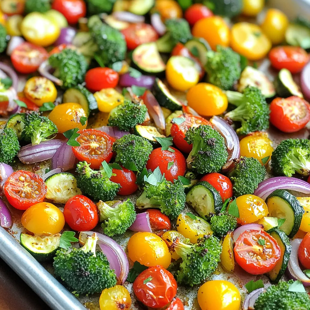 - Overview of Fresh Vegetables Fresh veggies bring color and taste to this dish. I love using: - 2 cups broccoli florets - 1 cup bell peppers (red, yellow, and green), chopped - 1 cup cherry tomatoes, halved - 1 medium zucchini, sliced - 1 medium red onion, cut into wedges These vegetables not only look great but also taste amazing when roasted. Each veggie adds its unique flavor and texture. - Recommended Seasonings Seasoning is key to a great sheet pan dish. Here are the staples: - 4 cloves garlic, minced - 3 tablespoons olive oil - 1 teaspoon dried oregano - 1 teaspoon smoked paprika - Salt and pepper to taste These seasonings enhance the natural tastes of the veggies. Smoked paprika adds a fun twist! - Garnishes and Add-ins You can elevate your dish with simple garnishes. I suggest: - Fresh parsley, chopped (for garnish) Adding fresh herbs at the end brightens the dish. You can also think about adding nuts or cheese for extra texture. For the full recipe, check out the details provided earlier. How to Cut and Prepare Each Vegetable First, wash all your vegetables well. For broccoli, cut the florets into small, bite-sized pieces. Chop bell peppers into strips or squares, depending on your style. Halve the cherry tomatoes for easy roasting. Slice the zucchini into rounds. For the red onion, cut it into wedges. Make sure all pieces are similar sizes for even cooking. Mixing and Coating Techniques In a large bowl, add your prepared veggies. In a separate bowl, mix olive oil, minced garlic, oregano, smoked paprika, salt, and pepper. Pour this mix over the veggies. Use your hands to toss everything together. Make sure each piece is coated well. This helps the flavors stick during roasting. Tips for Evenly Spreading on the Sheet Pan When you spread the veggies, keep space between them. This helps them roast instead of steam. Use a parchment-lined sheet pan to avoid sticking. If your pan is too crowded, the veggies won’t caramelize well. A single layer is best for great results. Ideal Oven Temperature Preheat your oven to 425°F (220°C). This high temperature helps the veggies brown nicely. It gives them a great flavor and texture. Cooking Time Guidelines Roast the veggies for 20-25 minutes. Stir them halfway through for even cooking. Look for a golden-brown color on the edges. This shows they are well-roasted. Signs of Properly Roasted Vegetables Your veggies should be tender and slightly caramelized. If they look shriveled or dry, they may be overcooked. Taste a piece to ensure they are soft but still have a bit of bite. Plating Ideas For serving, arrange the roasted veggies on a big platter. This makes a colorful and inviting dish. You can also keep them in the pan for a casual look. Pairing with Proteins or Grains These roasted veggies go well with many dishes. Serve them with grilled chicken or fish for protein. You can also add them to rice or quinoa for a tasty grain option. Ways to Enhance Flavor Post-Roasting After roasting, you can sprinkle fresh herbs on top. Chopped parsley adds a nice touch. A squeeze of lemon juice can brighten the flavors too. Enjoy your colorful, crunchy creation! For more details, check the Full Recipe. - Importance of Spacing Vegetables Give each veggie room. If they touch, they steam instead of roast. This makes them soggy. Space them out evenly for a nice, caramelized finish. - Adjusting Cook Time for Different Veggies Not all veggies cook the same. Broccoli and bell peppers roast fast. Zucchini and onions take a bit longer. Check your veggies halfway through and stir them. This helps everything cook evenly. - Using Parchment Paper for Easy Cleanup Line your sheet pan with parchment paper. It catches drips and makes cleanup easy. You’ll love how simple it is to wipe down the pan after cooking. - Overcrowding the Sheet Pan Avoid packing too many veggies on the pan. This leads to uneven cooking. If you have a lot, use two pans. Better to roast in batches than to crowd. - Inconsistent Vegetable Sizes Cut your veggies to similar sizes. Small pieces cook faster than big ones. Keeping them even ensures they all roast at the same time. - Ignoring Seasoning Opportunities Don’t skip the seasoning! It’s key for flavor. Toss your veggies with oil and spices before roasting. This gives them a tasty boost and makes them shine in your dish. For the complete recipe, check out the Full Recipe. {{image_2}} For spring and summer, fresh vegetables shine. You can pick: - Broccoli florets - Bell peppers (red, yellow, green) - Cherry tomatoes - Zucchini - Red onion These veggies bring bright colors and flavors to your sheet pan. In fall and winter, root vegetables work well. Try these options: - Carrots - Sweet potatoes - Beets - Parsnips - Butternut squash These hearty veggies add warmth and depth to your dish. You can spice up your roasted veggies in many ways. Here are some blends to try: - Italian seasoning - Taco seasoning - Curry powder - Garam masala Each blend gives a unique taste to your meal. Adding citrus or vinegars can also boost flavor. Use: - Fresh lemon juice - Balsamic vinegar - Apple cider vinegar These brighten the dish and enhance the natural veggie flavors. Prepping ahead makes weeknight meals easy. You can chop your veggies on Sunday. Store them in the fridge in airtight containers. This saves time during the week. If you have leftover roasted veggies, use them in: - Salads - Wraps - Omelets - Grain bowls These ideas help you enjoy your veggies in new ways. For the full recipe, check out the details above! To keep your roasted veggies fresh, store them in the fridge. Place them in an airtight container. They stay good for about three to five days. If you want to keep them longer, consider freezing. Just make sure to use freezer-safe containers. - Refrigeration Guidelines: - Let the veggies cool down first. - Use a clean, dry container. - Label your container with the date. - Best Containers for Storage: - Glass containers with lids work well. - BPA-free plastic containers are also a good choice. - Avoid aluminum foil, as it can react with food. To enjoy your roasted veggies again, reheating is key. You want to warm them without losing that tasty texture. - Best Methods to Reheat Without Losing Texture: - Use the oven for best results. Preheat it to 350°F (175°C). Spread the veggies on a baking sheet and heat for about 10-15 minutes. - Another option is the microwave. Use a microwave-safe plate and cover it with a damp paper towel to keep moisture in. Heat for 1-2 minutes. - Creative Ways to Use Leftovers: - Toss them into a salad for added crunch. - Mix them into a pasta dish for a veggie boost. - Use them in a wrap or sandwich for lunch. These tips help you make the most of your sheet pan roasted veggies! For the full recipe, check out the [Full Recipe]. The best vegetables for roasting are those that hold their shape and flavor. I love using broccoli, bell peppers, cherry tomatoes, zucchini, and red onions. These veggies caramelize well and taste great together. Root vegetables like carrots and sweet potatoes are also excellent choices. They add sweetness and texture to your dish. Yes, you can add protein to your sheet pan meal! Chicken, shrimp, or tofu work great. Just make sure to cut them into similar sizes as the veggies. This way, everything cooks evenly. You can season the protein the same way as the vegetables for extra flavor. To make your roasted vegetables crispy, follow a few simple steps. First, ensure the veggies are dry before seasoning. Moisture can lead to sogginess. Second, use enough oil; this helps with browning. Lastly, spread the veggies in a single layer on the pan. Crowding them will trap steam and prevent crispiness. Yes, you can prepare the veggies in advance! Chop them up and store them in an airtight container in the fridge. They can last for about two days. When you're ready to roast, simply toss them with your seasoning and oil. This saves time on busy weeknights and makes it easy to enjoy this flavorful dish! For the full recipe, check out the Colorful Crunchy Sheet Pan Roasted Veggies! Roasting vegetables is simple and fun. We covered key ingredients, from fresh veggies to spices. I shared how to prepare and roast them to perfection. You learned about serving ideas and storing leftovers. Remember these tips to avoid common mistakes. You can mix things up with seasonal choices and flavor variations. Enjoy experimenting with your meals! Roasted veggies can be a tasty, healthy addition to any dish. Happy cooking!