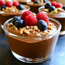 - 2 ripe avocados, pitted and peeled - 1/2 cup unsweetened cocoa powder - 1/4 cup maple syrup (adjust to taste) - 1/4 cup almond milk (or any plant-based milk) - 1 teaspoon vanilla extract - Pinch of sea salt - Fresh berries (for garnish) - Chopped nuts (optional, for garnish) Gathering the right ingredients is key. Avocados give this mousse its rich texture. Cocoa powder brings a deep chocolate flavor. Maple syrup acts as a natural sweetener, making the mousse taste great. The almond milk adds creaminess and helps blend everything smoothly. Don’t forget the vanilla extract; it enhances the taste. A pinch of sea salt balances all the flavors perfectly. Adding fresh berries on top not only looks nice but adds a fruity twist. If you want a little crunch, sprinkle chopped nuts on top. This simple mix creates a delicious dessert that feels indulgent and healthy. - Calories per serving: About 200 - Healthy fats from avocados: These fats are good for your heart. - Benefits of cocoa powder: Cocoa is rich in antioxidants and may boost mood. This mousse is not just tasty but also nutritious. You get healthy fats from avocados that keep you full. Plus, cocoa powder offers health benefits that make this dessert even better. Each bite is a treat that feels good for your body. For the full recipe, check out the details above. - Step 1: Blend avocados until creamy. Start with two ripe avocados. Cut, pit, and peel them. Place them in a food processor. Blend until there are no lumps. You want a smooth, creamy base. - Step 2: Add remaining ingredients. Next, add cocoa powder, maple syrup, almond milk, vanilla extract, and a pinch of sea salt. Scrape down the sides of the processor to mix well. - Step 3: Blend until smooth. Blend again until the mixture is velvety. Taste it, and if needed, add more maple syrup for sweetness. Chilling the mousse is key. It helps the flavors blend and the texture firm up. I recommend chilling it for at least 30 minutes. This waiting time makes a big difference in taste. You can serve the mousse in small cups or bowls. Top it with fresh berries for color. Chopped nuts add a nice crunch too. This dessert looks great and tastes even better! To make a velvety mousse, start with ripe avocados. They should feel soft when you press them gently. Blend the avocados first until they are creamy. Then, add the cocoa powder and other ingredients. Blend again until smooth. If the mousse feels thick, add a splash of almond milk. This helps achieve the right texture. Adjust the sweetness by tasting as you mix. If it needs more sweetness, add more maple syrup a little at a time. Blend again until you reach the desired flavor. One common mistake is over-blending. If you blend too long, the mousse can become too airy. Blend just enough to get a smooth and creamy mix. Choose ripe avocados for the best flavor. If they are too firm, the mousse won't be as creamy. Look for avocados that are dark green and slightly soft. This will help you create that rich texture you want. You can add spices to boost flavor. A pinch of cinnamon or a dash of sea salt can make it pop. If you want more sweetness, try using agave syrup instead of maple syrup. Using flavored plant-based milks can also add a twist. Almond milk gives a nutty taste, while coconut milk adds creaminess. Experiment with what you like best! For the full recipe, check out the [Full Recipe]. {{image_2}} You can easily change the taste of your mousse. Adding espresso gives it a nice mocha flavor. This twist adds a rich depth that complements the chocolate well. Simply mix in a tablespoon of espresso powder when blending. Another fun option is to use nut butter. Almond or cashew butter makes the mousse richer and creamier. It also adds a touch of nutty flavor that pairs well with chocolate. Try adding a couple of tablespoons to your mix for an extra layer of taste. If you need gluten-free options, you're in luck! This mousse is naturally gluten-free because it has no flour or wheat products. You can enjoy it without worry. For a sugar-free version, use a sugar substitute like stevia or erythritol. Just remember to adjust the amount based on your taste. This way, you can still savor the rich flavors without added sugar. Garnishing adds flair to your dish. You can top your mousse with coconut flakes or colorful sprinkles for a fun look. Fresh berries also make a great garnish and add a burst of flavor. Think about the dishes you use for serving. Small cups or ramekins look elegant and are easy to eat from. You could also layer the mousse in a clear glass to show off its rich texture. This makes for a beautiful dessert that impresses guests. For the Full Recipe, check back to create this delightful treat. To keep your vegan chocolate avocado mousse fresh, use airtight containers. Glass jars work well. They keep the mousse safe from air and moisture. Store it in the fridge. The mousse lasts about 3 days. Check for changes in color or smell before eating. This mousse is best served cold. If it loses some texture, stir it gently. You can add a little almond milk to refresh it. Keep mixing until you reach your preferred consistency. Avoid using heat. Heat can ruin the mousse’s smooth texture. Yes, you can freeze the mousse! Use a freezer-safe container. Leave some space at the top because it will expand. The mousse stays good for about 1 month in the freezer. When ready to eat, move it to the fridge to thaw overnight. Stir well before serving. For the best taste, enjoy it fresh! For the full recipe, check the above section. Yes, you can use regular milk. However, this mousse is vegan, so I prefer nut milk. Almond milk, soy milk, or oat milk work well. They keep the mousse creamy and rich. Plant-based milks also add a touch of flavor. Using dairy can change the texture and taste. So, stick with nut milk for the best results. Absolutely! This mousse is great for kids. It has healthy fats from avocados, which are good for growing bodies. The cocoa powder gives it a rich chocolate flavor that kids love. The sweetness from maple syrup makes it taste like a dessert treat. Plus, it has no refined sugars, so it’s a smart choice for little ones. You can keep the mousse in the fridge for about three days. Make sure to store it in an airtight container. This helps it stay fresh and tasty. If you notice any browning, it’s just the avocado. A quick stir will bring back its lovely texture. For the best flavor, eat it within the first two days. This mousse pairs well with many snacks. Serve it with fresh berries for a fruity touch. Chopped nuts add a nice crunch on top, too. You can also use it as a filling in vegan pastries. Try it with graham crackers or fruit slices for dipping. It’s a versatile treat that complements many flavors. For the full recipe, check out the details above. In this post, we covered how to make a rich Vegan Chocolate Avocado Mousse. You learned about the key ingredients, method, and nutritional benefits. We shared tips for texture and flavor, along with ways to store and serve your mousse. Remember, this dessert is not just tasty but also healthy. Experiment with flavors and have fun making it your own! Enjoy this scrumptious treat knowing it’s both good for you and easy to make.
