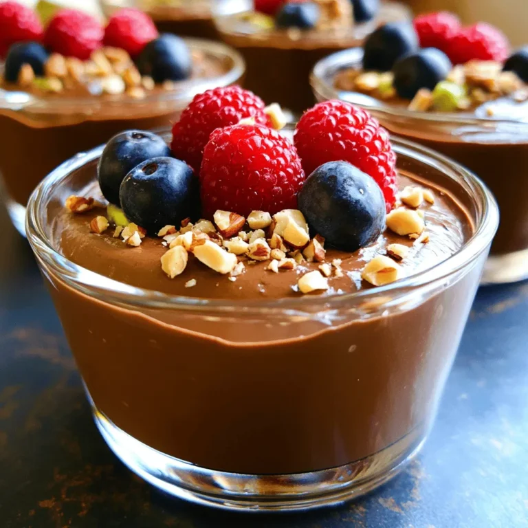 - 2 ripe avocados, pitted and peeled - 1/2 cup unsweetened cocoa powder - 1/4 cup maple syrup (adjust to taste) - 1/4 cup almond milk (or any plant-based milk) - 1 teaspoon vanilla extract - Pinch of sea salt - Fresh berries (for garnish) - Chopped nuts (optional, for garnish) Gathering the right ingredients is key. Avocados give this mousse its rich texture. Cocoa powder brings a deep chocolate flavor. Maple syrup acts as a natural sweetener, making the mousse taste great. The almond milk adds creaminess and helps blend everything smoothly. Don’t forget the vanilla extract; it enhances the taste. A pinch of sea salt balances all the flavors perfectly. Adding fresh berries on top not only looks nice but adds a fruity twist. If you want a little crunch, sprinkle chopped nuts on top. This simple mix creates a delicious dessert that feels indulgent and healthy. - Calories per serving: About 200 - Healthy fats from avocados: These fats are good for your heart. - Benefits of cocoa powder: Cocoa is rich in antioxidants and may boost mood. This mousse is not just tasty but also nutritious. You get healthy fats from avocados that keep you full. Plus, cocoa powder offers health benefits that make this dessert even better. Each bite is a treat that feels good for your body. For the full recipe, check out the details above. - Step 1: Blend avocados until creamy. Start with two ripe avocados. Cut, pit, and peel them. Place them in a food processor. Blend until there are no lumps. You want a smooth, creamy base. - Step 2: Add remaining ingredients. Next, add cocoa powder, maple syrup, almond milk, vanilla extract, and a pinch of sea salt. Scrape down the sides of the processor to mix well. - Step 3: Blend until smooth. Blend again until the mixture is velvety. Taste it, and if needed, add more maple syrup for sweetness. Chilling the mousse is key. It helps the flavors blend and the texture firm up. I recommend chilling it for at least 30 minutes. This waiting time makes a big difference in taste. You can serve the mousse in small cups or bowls. Top it with fresh berries for color. Chopped nuts add a nice crunch too. This dessert looks great and tastes even better! To make a velvety mousse, start with ripe avocados. They should feel soft when you press them gently. Blend the avocados first until they are creamy. Then, add the cocoa powder and other ingredients. Blend again until smooth. If the mousse feels thick, add a splash of almond milk. This helps achieve the right texture. Adjust the sweetness by tasting as you mix. If it needs more sweetness, add more maple syrup a little at a time. Blend again until you reach the desired flavor. One common mistake is over-blending. If you blend too long, the mousse can become too airy. Blend just enough to get a smooth and creamy mix. Choose ripe avocados for the best flavor. If they are too firm, the mousse won't be as creamy. Look for avocados that are dark green and slightly soft. This will help you create that rich texture you want. You can add spices to boost flavor. A pinch of cinnamon or a dash of sea salt can make it pop. If you want more sweetness, try using agave syrup instead of maple syrup. Using flavored plant-based milks can also add a twist. Almond milk gives a nutty taste, while coconut milk adds creaminess. Experiment with what you like best! For the full recipe, check out the [Full Recipe]. {{image_2}} You can easily change the taste of your mousse. Adding espresso gives it a nice mocha flavor. This twist adds a rich depth that complements the chocolate well. Simply mix in a tablespoon of espresso powder when blending. Another fun option is to use nut butter. Almond or cashew butter makes the mousse richer and creamier. It also adds a touch of nutty flavor that pairs well with chocolate. Try adding a couple of tablespoons to your mix for an extra layer of taste. If you need gluten-free options, you're in luck! This mousse is naturally gluten-free because it has no flour or wheat products. You can enjoy it without worry. For a sugar-free version, use a sugar substitute like stevia or erythritol. Just remember to adjust the amount based on your taste. This way, you can still savor the rich flavors without added sugar. Garnishing adds flair to your dish. You can top your mousse with coconut flakes or colorful sprinkles for a fun look. Fresh berries also make a great garnish and add a burst of flavor. Think about the dishes you use for serving. Small cups or ramekins look elegant and are easy to eat from. You could also layer the mousse in a clear glass to show off its rich texture. This makes for a beautiful dessert that impresses guests. For the Full Recipe, check back to create this delightful treat. To keep your vegan chocolate avocado mousse fresh, use airtight containers. Glass jars work well. They keep the mousse safe from air and moisture. Store it in the fridge. The mousse lasts about 3 days. Check for changes in color or smell before eating. This mousse is best served cold. If it loses some texture, stir it gently. You can add a little almond milk to refresh it. Keep mixing until you reach your preferred consistency. Avoid using heat. Heat can ruin the mousse’s smooth texture. Yes, you can freeze the mousse! Use a freezer-safe container. Leave some space at the top because it will expand. The mousse stays good for about 1 month in the freezer. When ready to eat, move it to the fridge to thaw overnight. Stir well before serving. For the best taste, enjoy it fresh! For the full recipe, check the above section. Yes, you can use regular milk. However, this mousse is vegan, so I prefer nut milk. Almond milk, soy milk, or oat milk work well. They keep the mousse creamy and rich. Plant-based milks also add a touch of flavor. Using dairy can change the texture and taste. So, stick with nut milk for the best results. Absolutely! This mousse is great for kids. It has healthy fats from avocados, which are good for growing bodies. The cocoa powder gives it a rich chocolate flavor that kids love. The sweetness from maple syrup makes it taste like a dessert treat. Plus, it has no refined sugars, so it’s a smart choice for little ones. You can keep the mousse in the fridge for about three days. Make sure to store it in an airtight container. This helps it stay fresh and tasty. If you notice any browning, it’s just the avocado. A quick stir will bring back its lovely texture. For the best flavor, eat it within the first two days. This mousse pairs well with many snacks. Serve it with fresh berries for a fruity touch. Chopped nuts add a nice crunch on top, too. You can also use it as a filling in vegan pastries. Try it with graham crackers or fruit slices for dipping. It’s a versatile treat that complements many flavors. For the full recipe, check out the details above. In this post, we covered how to make a rich Vegan Chocolate Avocado Mousse. You learned about the key ingredients, method, and nutritional benefits. We shared tips for texture and flavor, along with ways to store and serve your mousse. Remember, this dessert is not just tasty but also healthy. Experiment with flavors and have fun making it your own! Enjoy this scrumptious treat knowing it’s both good for you and easy to make.