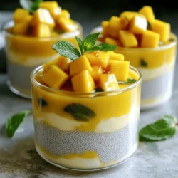 To make mango coconut chia pudding, gather these key ingredients: - 1 cup coconut milk (canned or carton) - ¼ cup chia seeds - 2 tablespoons maple syrup or honey - 1 ripe mango, diced - ½ teaspoon vanilla extract - Pinch of salt - Fresh mint leaves for garnish These ingredients blend to create a creamy, sweet treat. Coconut milk gives a rich flavor. Chia seeds help thicken the pudding and add texture. The ripe mango adds a fresh, fruity punch. Maple syrup or honey sweetens it just right, while vanilla extract enhances the taste. A pinch of salt balances all the flavors. You can add fun toppings to make your pudding special. Here are some ideas: - Sliced almonds for crunch - Shredded coconut for extra flavor - Berries for a burst of color - Additional fresh mint for freshness These toppings add texture and flavor. Choose what you like best! Each ingredient has health benefits. Here are some highlights: - Coconut milk: Provides healthy fats for energy. - Chia seeds: Packed with fiber and Omega-3 fatty acids. - Mango: Rich in vitamins A and C for skin health. - Maple syrup or honey: Offers natural sweetness with some minerals. These ingredients create a treat that is not only tasty but also good for you. Enjoy your mango coconut chia pudding knowing you're fueling your body well. For the full recipe, refer to the "Full Recipe" section above. To start, gather your ingredients. You will need coconut milk, chia seeds, maple syrup or honey, vanilla extract, and a pinch of salt. In a mixing bowl, combine one cup of coconut milk with ¼ cup of chia seeds. Add two tablespoons of maple syrup or honey for sweetness. Mix in ½ teaspoon of vanilla extract and a pinch of salt. This blend gives a nice flavor. When you whisk, make sure to mix thoroughly. This helps the chia seeds spread out well. Let the mixture sit for about 10 minutes. This step allows the seeds to absorb some of the liquid. After that, whisk again to break up any clumps of chia seeds. This keeps your pudding smooth. If you see any lumps, just give it another good whisk. Next, cover your bowl with plastic wrap. If you prefer, you can pour the pudding into individual jars. This makes serving easier later. Now, refrigerate for at least 4 hours. For the best results, let it chill overnight. This helps the chia seeds absorb the coconut milk and thicken nicely. Once it sets, it’s ready to enjoy! Check out the Full Recipe for more tips. To get that smooth, creamy texture, follow a few steps. First, mix the coconut milk and chia seeds well. This helps the seeds soak up the liquid evenly. Let the mix sit for about 10 minutes, then whisk again. This breaks any clumps. The more you whisk, the creamier it becomes. Next, let it chill. The pudding needs time to thicken in the fridge. Aim for at least four hours, but overnight is best. This waiting time makes a big difference in texture. Many people make simple mistakes that affect the pudding. One is not whisking enough. If you skip the second whisking, clumps will form. Another mistake is using too much liquid. Stick to the recipe for the right ratio. Too much liquid means a runny pudding. Also, don’t rush the chilling time. Skipping the fridge step leads to a soupy mess. Follow the steps carefully for great results. You can easily change the flavor of your pudding. Try adding spices like cinnamon or nutmeg. These spices give a warm taste. You can also swap the mango for other fruits. Berries or bananas work well too. Want more sweetness? Add extra maple syrup or honey. For a tropical twist, mix in some pineapple. These changes keep the dish fresh and fun. Get creative and find your favorite combo! {{image_2}} You can switch up the mango for other fruits. Try ripe bananas for a creamy base. Berries add a pop of color and tang. Pineapple gives a tropical twist. You can also use peaches or kiwi for a fresh bite. The key is to pick fruits that are sweet and juicy. This recipe is already dairy-free. Use coconut milk for a rich taste. If you want a lighter version, almond milk works well too. This pudding is vegan, so you can enjoy it guilt-free. Use maple syrup instead of honey for a sweet touch. Layering adds beauty to your pudding. Start with a layer of chia pudding. Then add a layer of diced fruit. Repeat until your cup is full. Top it off with mint leaves for a splash of green. You can even drizzle some extra coconut milk on top for flair. Make your dessert not just tasty, but also a feast for the eyes! For the complete recipe, check the Full Recipe section. To keep your mango coconut chia pudding fresh, store it in an airtight container. This helps prevent any strong odors from your fridge from mixing in. If you use individual jars, each serving stays neat and ready to grab. It’s best to keep it in the fridge for easy access. When stored correctly, your pudding lasts about 5 days in the fridge. The chia seeds will keep absorbing liquid, so the texture may change a bit. If it becomes too thick, just stir in a bit of coconut milk to loosen it. You can freeze mango coconut chia pudding if you want to extend its life. Use freezer-safe containers and leave some space at the top. This lets the pudding expand as it freezes. It’s best to thaw it in the fridge overnight before serving. Just remember, the texture may be slightly different after freezing, but it still tastes great! Enjoy your tasty treat later with a fresh mango topping. For the full recipe, check back to ensure you get every flavor right! Chia seeds are tiny powerhouse seeds. They are rich in fiber, protein, and omega-3 fatty acids. These nutrients boost your heart health and help with digestion. Eating chia seeds can keep you full longer, making them great for weight management. They also support healthy bones due to their calcium content. Plus, chia seeds have antioxidants that fight free radicals. This helps keep your skin youthful and vibrant. Yes, you can use many types of milk in this recipe. Almond milk, oat milk, or soy milk all work well. Each milk adds a unique flavor. Coconut milk gives a rich, tropical taste, but other milks can make it lighter. If you use a sweetened milk, cut back on added sweeteners. This way, you keep the flavor balanced and delicious. You can skip sweeteners and still enjoy this pudding. Ripe mango adds natural sweetness. Use extra diced mango on top for more flavor. You can also blend the mango into the base for a smoother texture. If you want some spice, add a pinch of cinnamon. It gives warmth without sugar. This way, you get a tasty and healthy treat without any added sweeteners. Check out the Full Recipe for more tips! Mango Coconut Chia Pudding is easy to make and good for you. We covered key ingredients, step-by-step instructions, and helpful tips. You can try fun variations and learn how to store it well. Remember, chia seeds pack lots of health benefits. As you experiment, enjoy your tasty creations with friends and family. Make this recipe your own, and have fun with flavors. You’ll find that this pudding is versatile and delicious. Happy cooking!