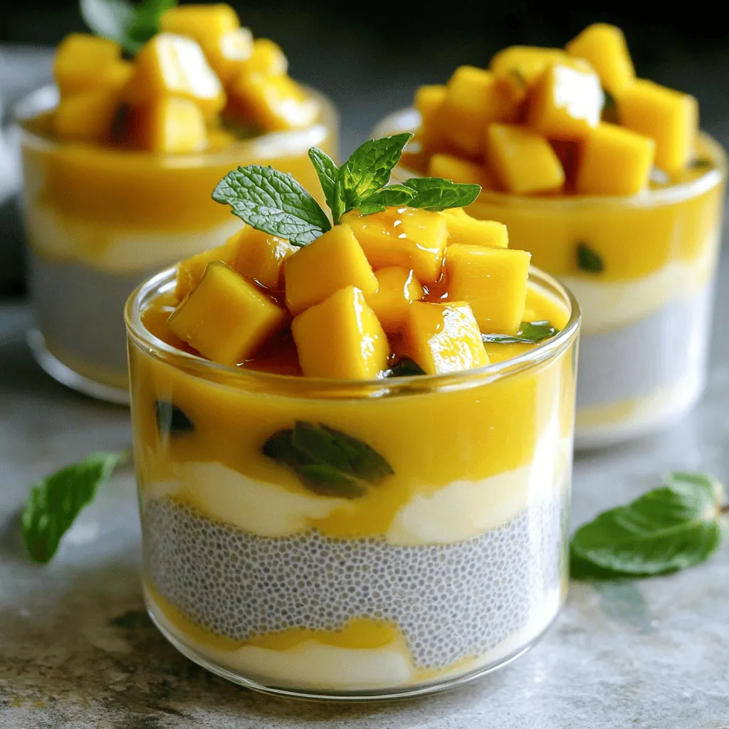 To make mango coconut chia pudding, gather these key ingredients: - 1 cup coconut milk (canned or carton) - ¼ cup chia seeds - 2 tablespoons maple syrup or honey - 1 ripe mango, diced - ½ teaspoon vanilla extract - Pinch of salt - Fresh mint leaves for garnish These ingredients blend to create a creamy, sweet treat. Coconut milk gives a rich flavor. Chia seeds help thicken the pudding and add texture. The ripe mango adds a fresh, fruity punch. Maple syrup or honey sweetens it just right, while vanilla extract enhances the taste. A pinch of salt balances all the flavors. You can add fun toppings to make your pudding special. Here are some ideas: - Sliced almonds for crunch - Shredded coconut for extra flavor - Berries for a burst of color - Additional fresh mint for freshness These toppings add texture and flavor. Choose what you like best! Each ingredient has health benefits. Here are some highlights: - Coconut milk: Provides healthy fats for energy. - Chia seeds: Packed with fiber and Omega-3 fatty acids. - Mango: Rich in vitamins A and C for skin health. - Maple syrup or honey: Offers natural sweetness with some minerals. These ingredients create a treat that is not only tasty but also good for you. Enjoy your mango coconut chia pudding knowing you're fueling your body well. For the full recipe, refer to the "Full Recipe" section above. To start, gather your ingredients. You will need coconut milk, chia seeds, maple syrup or honey, vanilla extract, and a pinch of salt. In a mixing bowl, combine one cup of coconut milk with ¼ cup of chia seeds. Add two tablespoons of maple syrup or honey for sweetness. Mix in ½ teaspoon of vanilla extract and a pinch of salt. This blend gives a nice flavor. When you whisk, make sure to mix thoroughly. This helps the chia seeds spread out well. Let the mixture sit for about 10 minutes. This step allows the seeds to absorb some of the liquid. After that, whisk again to break up any clumps of chia seeds. This keeps your pudding smooth. If you see any lumps, just give it another good whisk. Next, cover your bowl with plastic wrap. If you prefer, you can pour the pudding into individual jars. This makes serving easier later. Now, refrigerate for at least 4 hours. For the best results, let it chill overnight. This helps the chia seeds absorb the coconut milk and thicken nicely. Once it sets, it’s ready to enjoy! Check out the Full Recipe for more tips. To get that smooth, creamy texture, follow a few steps. First, mix the coconut milk and chia seeds well. This helps the seeds soak up the liquid evenly. Let the mix sit for about 10 minutes, then whisk again. This breaks any clumps. The more you whisk, the creamier it becomes. Next, let it chill. The pudding needs time to thicken in the fridge. Aim for at least four hours, but overnight is best. This waiting time makes a big difference in texture. Many people make simple mistakes that affect the pudding. One is not whisking enough. If you skip the second whisking, clumps will form. Another mistake is using too much liquid. Stick to the recipe for the right ratio. Too much liquid means a runny pudding. Also, don’t rush the chilling time. Skipping the fridge step leads to a soupy mess. Follow the steps carefully for great results. You can easily change the flavor of your pudding. Try adding spices like cinnamon or nutmeg. These spices give a warm taste. You can also swap the mango for other fruits. Berries or bananas work well too. Want more sweetness? Add extra maple syrup or honey. For a tropical twist, mix in some pineapple. These changes keep the dish fresh and fun. Get creative and find your favorite combo! {{image_2}} You can switch up the mango for other fruits. Try ripe bananas for a creamy base. Berries add a pop of color and tang. Pineapple gives a tropical twist. You can also use peaches or kiwi for a fresh bite. The key is to pick fruits that are sweet and juicy. This recipe is already dairy-free. Use coconut milk for a rich taste. If you want a lighter version, almond milk works well too. This pudding is vegan, so you can enjoy it guilt-free. Use maple syrup instead of honey for a sweet touch. Layering adds beauty to your pudding. Start with a layer of chia pudding. Then add a layer of diced fruit. Repeat until your cup is full. Top it off with mint leaves for a splash of green. You can even drizzle some extra coconut milk on top for flair. Make your dessert not just tasty, but also a feast for the eyes! For the complete recipe, check the Full Recipe section. To keep your mango coconut chia pudding fresh, store it in an airtight container. This helps prevent any strong odors from your fridge from mixing in. If you use individual jars, each serving stays neat and ready to grab. It’s best to keep it in the fridge for easy access. When stored correctly, your pudding lasts about 5 days in the fridge. The chia seeds will keep absorbing liquid, so the texture may change a bit. If it becomes too thick, just stir in a bit of coconut milk to loosen it. You can freeze mango coconut chia pudding if you want to extend its life. Use freezer-safe containers and leave some space at the top. This lets the pudding expand as it freezes. It’s best to thaw it in the fridge overnight before serving. Just remember, the texture may be slightly different after freezing, but it still tastes great! Enjoy your tasty treat later with a fresh mango topping. For the full recipe, check back to ensure you get every flavor right! Chia seeds are tiny powerhouse seeds. They are rich in fiber, protein, and omega-3 fatty acids. These nutrients boost your heart health and help with digestion. Eating chia seeds can keep you full longer, making them great for weight management. They also support healthy bones due to their calcium content. Plus, chia seeds have antioxidants that fight free radicals. This helps keep your skin youthful and vibrant. Yes, you can use many types of milk in this recipe. Almond milk, oat milk, or soy milk all work well. Each milk adds a unique flavor. Coconut milk gives a rich, tropical taste, but other milks can make it lighter. If you use a sweetened milk, cut back on added sweeteners. This way, you keep the flavor balanced and delicious. You can skip sweeteners and still enjoy this pudding. Ripe mango adds natural sweetness. Use extra diced mango on top for more flavor. You can also blend the mango into the base for a smoother texture. If you want some spice, add a pinch of cinnamon. It gives warmth without sugar. This way, you get a tasty and healthy treat without any added sweeteners. Check out the Full Recipe for more tips! Mango Coconut Chia Pudding is easy to make and good for you. We covered key ingredients, step-by-step instructions, and helpful tips. You can try fun variations and learn how to store it well. Remember, chia seeds pack lots of health benefits. As you experiment, enjoy your tasty creations with friends and family. Make this recipe your own, and have fun with flavors. You’ll find that this pudding is versatile and delicious. Happy cooking!