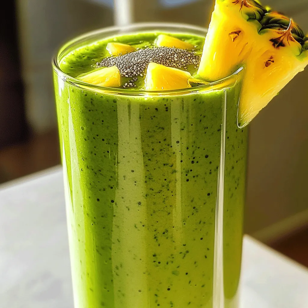 - 1 ripe banana - 1 cup fresh spinach - 1 cup kale, stems removed - 1/2 cup pineapple chunks (fresh or frozen) For a refreshing Tropical Green Smoothie, fresh ingredients are key. The ripe banana adds natural sweetness. Fresh spinach and kale boost the nutrient level. Pineapple brings a tropical flair and great flavor. You can use fresh or frozen pineapple chunks based on what you have. - 1/2 cup coconut milk (or almond milk) - 1 tablespoon chia seeds The liquid base is vital for a smooth texture. Coconut milk gives a creamy feel and tropical taste. You can also use almond milk for a lighter option. Chia seeds act as a thickener and provide extra nutrients. - 1 tablespoon honey (optional) - Juice of 1 lime - Ice cubes (optional, for a colder smoothie) Optional add-ins can enhance your smoothie’s flavor. Honey adds sweetness if your smoothie needs it. The juice of one lime brightens the taste and adds a zing. For a colder drink, toss in some ice cubes. For the complete recipe, check out the [Full Recipe]. 1. Start by peeling the banana. Break it into pieces and place it in your blender. 2. Measure and add one cup of fresh spinach and one cup of kale. Make sure to remove the stems from the kale. 3. Prepare your pineapple chunks. You can use fresh or frozen pineapple. 1. Combine all the ingredients in your blender. Add the banana, spinach, kale, and pineapple. 2. Pour in half a cup of coconut milk. This gives the smoothie a creamy texture. 3. Add one tablespoon of chia seeds for extra nutrients. 4. Squeeze in the juice of one lime for a burst of flavor. 5. If you want a colder smoothie, toss in a handful of ice cubes. 6. Blend everything on high speed. Blend for about 30 to 60 seconds until it is smooth and creamy. 1. Taste your smoothie. If you want it sweeter, add one tablespoon of honey. Blend again briefly to mix. 2. Pour the smoothie into glasses and serve it right away. Enjoy your refreshing Tropical Green Smoothie! For more details, check the Full Recipe. To make your Tropical Green Smoothie extra creamy, I suggest using frozen fruit. Frozen fruit not only thickens your smoothie but also keeps it cold and fresh. If your blender struggles, blend in stages. Start with the greens and a bit of liquid, then add the rest. Get creative with flavors! You can try different citrus fruits like orange or grapefruit. These add a zesty twist to your smoothie. If you want more protein, add a scoop of protein powder. It mixes well and boosts the nutrition. The ingredients in this smoothie are packed with nutrition. Spinach and kale are rich in vitamins A, C, and K. They also provide iron and calcium. Pineapple adds sweetness and vitamin C, which helps your immune system. Don’t forget about chia seeds! They are great for omega-3 fatty acids and fiber. These tiny seeds help keep you full and support heart health. For the full recipe, check out the Tropical Green Smoothie section. {{image_2}} For a Tropical Green Smoothie, you can change the liquid base. Almond milk or oat milk works well. Both options add a nice flavor and creaminess. You can also try dairy options, like yogurt. Yogurt adds thickness and a creamy texture. This makes your smoothie richer and more filling. Fruits can change based on the season. In summer, use ripe mango or papaya instead of pineapple. This adds a new twist to your smoothie. You can also switch the greens as needed. If you have Swiss chard or collard greens, feel free to use them. This keeps your smoothie fresh and exciting all year round. Want to boost your smoothie? Consider adding spirulina or protein powder. Spirulina gives a nutrient kick, while protein powder helps you feel full. You can also add avocado for extra creaminess. Avocado provides healthy fats and makes the smoothie smooth and silky. These additions make your Tropical Green Smoothie even more nutritious and satisfying. Store leftover smoothies in a sealed container. This keeps them fresh and prevents spills. Put the container in the fridge right away. Smoothies can stay good for about 1-2 days. If you want to save some for later, you can freeze portions. Use ice cube trays or small bags. This way, you can enjoy a smoothie anytime! In the fridge, a Tropical Green Smoothie stays fresh for about 24 hours. After this, it may lose taste and nutrients. Look for changes in color or smell. If it smells sour or looks brown, it’s time to toss it. Always trust your senses when checking for spoilage. You can get creative with leftover smoothies. Try adding them to oatmeal or yogurt for a fruity kick. You can also use the smoothie as a base for popsicles. Just pour it into molds and freeze. This way, you reduce waste while enjoying a tasty treat. If you have leftover greens, chop and add them to salads or soups. Using ingredients in new ways makes cooking fun and exciting! You can store a Tropical Green Smoothie in the fridge for up to 24 hours. After that, it may lose its fresh taste and color. I recommend drinking it right after you make it for the best flavor. If you store it, keep it in a sealed container. This helps to keep it fresh. Give it a good shake before drinking if it separates. Yes, you can use different greens in your smoothie. Swiss chard works well and adds a nice flavor. Arugula is another option; it gives a peppery taste. You can even mix different greens for a unique blend. Experimenting helps you find what you like best. Just remember to keep the greens fresh for the best taste. A Tropical Green Smoothie is packed with nutrients. Spinach and kale provide vitamins A, C, and K. Pineapple adds vitamin C and helps digestion. Chia seeds are rich in omega-3s and fiber, which are great for heart health. This smoothie can boost your energy and support your immune system. It’s a tasty way to enjoy many health benefits in one drink. For the complete recipe, check out the Full Recipe. The Tropical Green Smoothie is easy to make and full of nutrients. You can blend fresh banana, spinach, kale, and pineapple for a tasty drink. Using coconut or almond milk gives it a creamy texture. Don’t forget optional add-ins like honey or lime juice for extra flavor. Try new fruits or greens based on your taste. This smoothie is not just refreshing but also provides health benefits. Enjoy creating your own perfect blend, and experience the joy of nutritious smoothies!