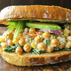 - 1 can chickpeas - Greek yogurt or vegan yogurt - Tahini, mustard, lemon juice For the base of my chickpea salad sandwich, I always use one can of chickpeas. You can find these in most grocery stores. I drain and rinse them well to remove excess salt. I then add Greek yogurt or vegan yogurt for creaminess. This adds a nice tang and moisture to the salad. Tahini brings a nutty flavor, while mustard gives a delightful kick. I finish with fresh lemon juice to brighten the dish. - Celery, red onion, carrot - Optional: avocado, tomato, spinach or lettuce Next, I chop my veggies. Celery adds crunch, red onion brings sweetness, and a grated carrot adds color. I love adding sliced avocado and tomatoes for a creamy and juicy touch. Spinach or lettuce leaves add freshness and make the sandwich look vibrant. These veggies not only enhance flavor but also boost nutrition. - Whole grain bread options - Alternative bread choices for variations Choosing the right bread makes a big difference. I prefer whole grain bread for its nutty taste and health benefits. However, you can try sourdough, rye, or even gluten-free bread. The key is to find a bread that can hold the filling without falling apart. A good toast adds a warm crunch to the sandwich, making each bite satisfying. For the full recipe, you can find it [here](#). To start, you need to mash the chickpeas. Use a fork or potato masher to break them down. Aim for a mix of smooth and chunky bits. This texture gives the salad a nice bite. Next, mix in the yogurt, tahini, and seasonings. Add 1/4 cup of Greek yogurt, 2 tablespoons of tahini, 1 tablespoon of Dijon mustard, and 1 tablespoon of lemon juice. Stir until everything is well combined. Now, stir in your vegetables. Add the finely chopped celery, red onion, and grated carrot. Season with salt and pepper to taste. Adjust the lemon juice and mustard if you want more tang. Now it’s time to toast the bread. Use four slices of whole grain bread and toast them until golden brown. This adds crunch and helps hold the filling. Once the bread is ready, spread a generous amount of the chickpea salad on two slices. Top the salad with fresh spinach or lettuce leaves. You can also add sliced avocado and tomato for extra flavor. Finally, place the other two slices of toasted bread on top to form your sandwiches. Cut them in half if you like. For serving, consider pairing your sandwich with sides like chips or pickles. These add extra crunch and flavor. To make your meal look great, plate the sandwiches neatly. You can add a few extra greens on the side for color. For the complete recipe, please refer to the [Full Recipe]. To keep your chickpea salad fresh, store it in the fridge. Use an airtight container to keep moisture out. It stays tasty for about three days. If you make a sandwich, eat it within a day for the best taste. When you assemble your sandwich, toast the bread first. This helps it hold up better against moisture. Spread the chickpea salad on the bread just before eating. This keeps the bread from getting soggy. You can adjust flavors easily. Adding spices like cumin or paprika brings warmth. Fresh herbs like cilantro or parsley add brightness. Want it spicier? Add a pinch of cayenne or some chopped jalapeños. For a creamier texture, mix in a little more yogurt or mashed avocado. If you want to prepare ahead, make the chickpea salad two days in advance. Store it in the fridge and keep the bread separate. Pack each sandwich in a container. Glass or BPA-free plastic works best. This keeps them fresh and easy to grab on busy days. Looking for more ideas? Check out the [Full Recipe] for inspiration! {{image_2}} You can switch up the chickpeas in your salad. Try using black beans or lentils. Both give a nice taste and texture. Black beans are creamy, while lentils are hearty. You’ll get a different flavor and still pack in the protein you need. Adding nuts or seeds works great too. Chopped walnuts or sunflower seeds add crunch and healthy fats. They also make your sandwich feel more filling. Think about what you enjoy most! To change the flavor, try different dressings. Vegan mayo gives a rich creaminess. An avocado spread is also creamy and adds a fresh taste. Both options can make your chickpea salad sing! You can also add seasonal vegetables. Fresh cucumbers or bell peppers add color and crunch. If it’s summer, ripe tomatoes can brighten your dish. Don’t hesitate to get creative with what you find at the market! If you need a gluten-free meal, there are many choices. Look for gluten-free bread like rice or almond flour bread. These options hold up well and keep your sandwich tasty. You can use alternative ingredients too. Instead of bread, try lettuce wraps. They’re light and fresh. You can even use large slices of cucumber as a base. The possibilities are endless! For the full recipe, visit the [Full Recipe]. To store leftover chickpea salad, put it in a bowl. Cover it tightly with plastic wrap or a lid. You can keep it in the fridge for up to three days. This way, it stays fresh and tasty for your next meal. Can you freeze the chickpea salad? Yes, you can freeze it! Just place it in a freezer-safe container. Leave some space at the top for expansion. When you're ready to eat it, thaw it in the fridge overnight. For the best storage, use airtight containers. Glass containers work great, but plastic ones are fine too. Make sure the lid seals well. This helps keep out air and moisture, which can spoil your salad. Yes, you can make chickpea salad sandwiches ahead of time. To prepare them in advance, follow these steps: - Make the salad: Prepare the chickpea salad according to the recipe. - Store separately: Keep the salad and bread in separate containers. This keeps the bread from getting soggy. - Chill: Store the salad in the fridge for up to three days. When you are ready to eat, simply toast the bread and assemble the sandwich. You can enhance the taste of your chickpea salad with these common additions: - Fresh herbs: Add parsley, cilantro, or dill for a burst of freshness. - Spices: Try cumin, paprika, or garlic powder for extra depth. - Crunchy elements: Include chopped pickles or bell peppers for texture. - Creaminess: Extra yogurt or a dollop of vegan mayo can boost flavor. Feel free to experiment with these ingredients to find your favorite combination! Yes, this recipe is vegan-friendly. You can use: - Vegan yogurt instead of Greek yogurt. - Ensure tahini and mustard are free from animal products. All the ingredients work well for a plant-based diet. Enjoy a tasty meal without any animal products! To reduce calories while keeping flavor in your chickpea salad sandwich, consider these tips: - Use less yogurt: Cut down on the amount of yogurt you add. - Skip the bread: Serve the salad in lettuce wraps instead. - Limit oils: Avoid adding extra oils or dressings. - Choose low-calorie bread: Opt for thin-sliced or low-calorie bread varieties. These simple changes can help you enjoy your sandwich without the extra calories. Don't worry, the taste will still be great! The chickpea salad sandwich is easy to make and delicious. We covered the key ingredients, from chickpeas to yogurt and veggies. I shared step-by-step instructions on how to prepare this meal. You learned tips for storage and various tasty options you can try. In summary, this recipe is versatile and healthy. You can customize it to fit any diet. Enjoy your sandwiches fresh, and don’t hesitate to experiment with flavors. Happy cooking!
