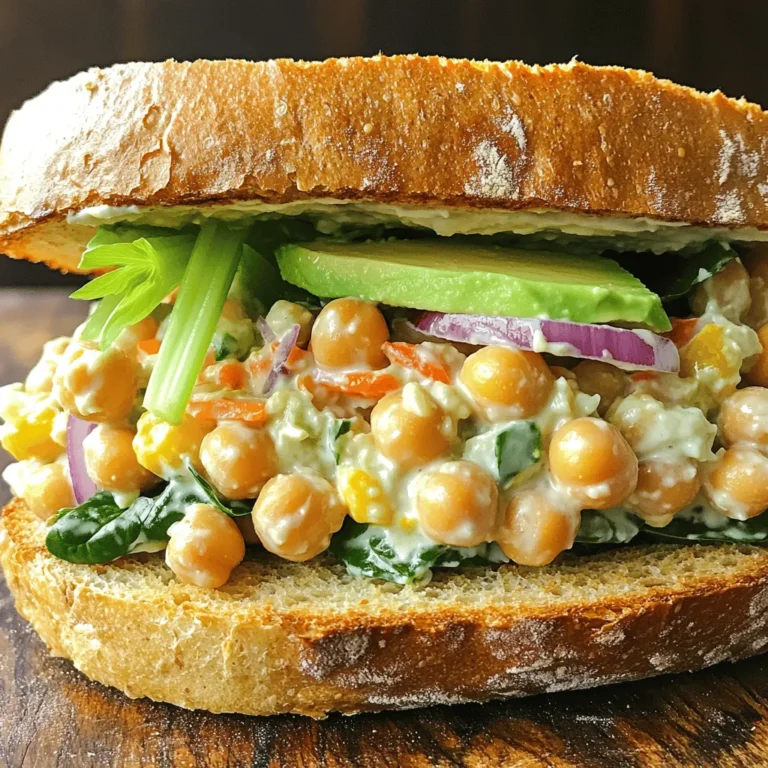 - 1 can chickpeas - Greek yogurt or vegan yogurt - Tahini, mustard, lemon juice For the base of my chickpea salad sandwich, I always use one can of chickpeas. You can find these in most grocery stores. I drain and rinse them well to remove excess salt. I then add Greek yogurt or vegan yogurt for creaminess. This adds a nice tang and moisture to the salad. Tahini brings a nutty flavor, while mustard gives a delightful kick. I finish with fresh lemon juice to brighten the dish. - Celery, red onion, carrot - Optional: avocado, tomato, spinach or lettuce Next, I chop my veggies. Celery adds crunch, red onion brings sweetness, and a grated carrot adds color. I love adding sliced avocado and tomatoes for a creamy and juicy touch. Spinach or lettuce leaves add freshness and make the sandwich look vibrant. These veggies not only enhance flavor but also boost nutrition. - Whole grain bread options - Alternative bread choices for variations Choosing the right bread makes a big difference. I prefer whole grain bread for its nutty taste and health benefits. However, you can try sourdough, rye, or even gluten-free bread. The key is to find a bread that can hold the filling without falling apart. A good toast adds a warm crunch to the sandwich, making each bite satisfying. For the full recipe, you can find it [here](#). To start, you need to mash the chickpeas. Use a fork or potato masher to break them down. Aim for a mix of smooth and chunky bits. This texture gives the salad a nice bite. Next, mix in the yogurt, tahini, and seasonings. Add 1/4 cup of Greek yogurt, 2 tablespoons of tahini, 1 tablespoon of Dijon mustard, and 1 tablespoon of lemon juice. Stir until everything is well combined. Now, stir in your vegetables. Add the finely chopped celery, red onion, and grated carrot. Season with salt and pepper to taste. Adjust the lemon juice and mustard if you want more tang. Now it’s time to toast the bread. Use four slices of whole grain bread and toast them until golden brown. This adds crunch and helps hold the filling. Once the bread is ready, spread a generous amount of the chickpea salad on two slices. Top the salad with fresh spinach or lettuce leaves. You can also add sliced avocado and tomato for extra flavor. Finally, place the other two slices of toasted bread on top to form your sandwiches. Cut them in half if you like. For serving, consider pairing your sandwich with sides like chips or pickles. These add extra crunch and flavor. To make your meal look great, plate the sandwiches neatly. You can add a few extra greens on the side for color. For the complete recipe, please refer to the [Full Recipe]. To keep your chickpea salad fresh, store it in the fridge. Use an airtight container to keep moisture out. It stays tasty for about three days. If you make a sandwich, eat it within a day for the best taste. When you assemble your sandwich, toast the bread first. This helps it hold up better against moisture. Spread the chickpea salad on the bread just before eating. This keeps the bread from getting soggy. You can adjust flavors easily. Adding spices like cumin or paprika brings warmth. Fresh herbs like cilantro or parsley add brightness. Want it spicier? Add a pinch of cayenne or some chopped jalapeños. For a creamier texture, mix in a little more yogurt or mashed avocado. If you want to prepare ahead, make the chickpea salad two days in advance. Store it in the fridge and keep the bread separate. Pack each sandwich in a container. Glass or BPA-free plastic works best. This keeps them fresh and easy to grab on busy days. Looking for more ideas? Check out the [Full Recipe] for inspiration! {{image_2}} You can switch up the chickpeas in your salad. Try using black beans or lentils. Both give a nice taste and texture. Black beans are creamy, while lentils are hearty. You’ll get a different flavor and still pack in the protein you need. Adding nuts or seeds works great too. Chopped walnuts or sunflower seeds add crunch and healthy fats. They also make your sandwich feel more filling. Think about what you enjoy most! To change the flavor, try different dressings. Vegan mayo gives a rich creaminess. An avocado spread is also creamy and adds a fresh taste. Both options can make your chickpea salad sing! You can also add seasonal vegetables. Fresh cucumbers or bell peppers add color and crunch. If it’s summer, ripe tomatoes can brighten your dish. Don’t hesitate to get creative with what you find at the market! If you need a gluten-free meal, there are many choices. Look for gluten-free bread like rice or almond flour bread. These options hold up well and keep your sandwich tasty. You can use alternative ingredients too. Instead of bread, try lettuce wraps. They’re light and fresh. You can even use large slices of cucumber as a base. The possibilities are endless! For the full recipe, visit the [Full Recipe]. To store leftover chickpea salad, put it in a bowl. Cover it tightly with plastic wrap or a lid. You can keep it in the fridge for up to three days. This way, it stays fresh and tasty for your next meal. Can you freeze the chickpea salad? Yes, you can freeze it! Just place it in a freezer-safe container. Leave some space at the top for expansion. When you're ready to eat it, thaw it in the fridge overnight. For the best storage, use airtight containers. Glass containers work great, but plastic ones are fine too. Make sure the lid seals well. This helps keep out air and moisture, which can spoil your salad. Yes, you can make chickpea salad sandwiches ahead of time. To prepare them in advance, follow these steps: - Make the salad: Prepare the chickpea salad according to the recipe. - Store separately: Keep the salad and bread in separate containers. This keeps the bread from getting soggy. - Chill: Store the salad in the fridge for up to three days. When you are ready to eat, simply toast the bread and assemble the sandwich. You can enhance the taste of your chickpea salad with these common additions: - Fresh herbs: Add parsley, cilantro, or dill for a burst of freshness. - Spices: Try cumin, paprika, or garlic powder for extra depth. - Crunchy elements: Include chopped pickles or bell peppers for texture. - Creaminess: Extra yogurt or a dollop of vegan mayo can boost flavor. Feel free to experiment with these ingredients to find your favorite combination! Yes, this recipe is vegan-friendly. You can use: - Vegan yogurt instead of Greek yogurt. - Ensure tahini and mustard are free from animal products. All the ingredients work well for a plant-based diet. Enjoy a tasty meal without any animal products! To reduce calories while keeping flavor in your chickpea salad sandwich, consider these tips: - Use less yogurt: Cut down on the amount of yogurt you add. - Skip the bread: Serve the salad in lettuce wraps instead. - Limit oils: Avoid adding extra oils or dressings. - Choose low-calorie bread: Opt for thin-sliced or low-calorie bread varieties. These simple changes can help you enjoy your sandwich without the extra calories. Don't worry, the taste will still be great! The chickpea salad sandwich is easy to make and delicious. We covered the key ingredients, from chickpeas to yogurt and veggies. I shared step-by-step instructions on how to prepare this meal. You learned tips for storage and various tasty options you can try. In summary, this recipe is versatile and healthy. You can customize it to fit any diet. Enjoy your sandwiches fresh, and don’t hesitate to experiment with flavors. Happy cooking!