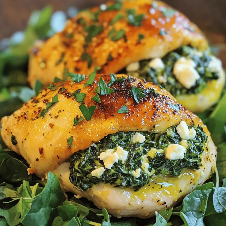 - 4 boneless, skinless chicken breasts - 2 cups fresh spinach, chopped - 1 cup feta cheese, crumbled - 1/4 cup cream cheese, softened - 2 cloves garlic, minced - 1 teaspoon dried oregano - 1 teaspoon paprika - Salt and pepper to taste - 2 tablespoons olive oil To make Spinach Feta Stuffed Chicken, gather these ingredients first. The chicken breasts are the main part of this dish. They need to be fresh and boneless for easy stuffing. The spinach brings a nice green color and a healthy touch. Feta cheese adds a tangy flavor that pairs well with the chicken. Cream cheese helps keep the filling creamy and smooth. Garlic adds a punch of flavor. Dried oregano gives it a warm, earthy taste. Paprika adds both color and a hint of spice. Finally, salt and pepper enhance all the flavors. Make sure to measure everything before you start. This way, you can focus on cooking. For mixing, you will need a medium bowl. A sharp knife helps you cut the chicken properly. You will also need a large oven-safe skillet to cook the chicken. This dish is easy to make, and you will love how it turns out. For the full recipe, check out the Spinach Feta Stuffed Chicken section. To start, gather your ingredients. You need fresh spinach, feta cheese, cream cheese, garlic, and some seasonings. In a medium bowl, combine the chopped spinach, crumbled feta, softened cream cheese, and minced garlic. Add a pinch of salt, pepper, and dried oregano. Mix everything well until it forms a thick and tasty filling. This mixture brings a burst of flavor to the chicken. Next, grab your chicken breasts. Place them on a cutting board. Using a sharp knife, carefully slice a pocket into each chicken breast. Make sure not to cut through the other side. Take your filling and stuff it into each pocket. Use your fingers to pack it in well. If needed, secure the openings with toothpicks. This step keeps the filling from spilling out during cooking. Now it’s time to cook! In a large oven-safe skillet, heat the olive oil over medium heat. Season the stuffed chicken breasts with paprika, salt, and pepper. Sear the chicken for about 3-4 minutes on each side until it turns golden brown. This creates a nice crust. After that, transfer the skillet to your preheated oven at 375°F (190°C). Bake for 20-25 minutes until the chicken is fully cooked and juices run clear. Let it rest for 5 minutes before slicing. For the full recipe, check the section above. To make the best stuffing, focus on flavor and moisture. Start with fresh spinach. It adds a bright taste. Combine it with feta cheese for a tangy kick. Cream cheese helps bind the mix and adds creaminess. Don’t forget the garlic! It brings depth to the stuffing. Use just enough salt and pepper. This ensures a balanced taste. If you want a golden color without searing, try baking first. Brush the chicken with olive oil. Season it well with spices. Then, bake it at 375°F (190°C) for a bit. This will help keep the chicken moist. For the last few minutes, broil it. This adds a nice crust without drying it out. A common mistake is cooking chicken too long. It can turn dry and tough. Use a meat thermometer to check the internal temperature. It should reach 165°F (74°C). Let the chicken rest before slicing. This helps keep the juices inside, making it juicy and tender. Enjoy your flavorful Spinach Feta Stuffed Chicken! For the complete recipe, check the [Full Recipe]. {{image_2}} You can change the cheese or greens to create new flavors. Try mozzarella or goat cheese instead of feta. These cheeses give a different taste but still melt well. For greens, consider kale or Swiss chard. Both add a unique twist while keeping it healthy. Mixing flavors can make your dish more exciting. You can also add herbs like basil or dill for fresh notes. Grilling and baking are great ways to cook your stuffed chicken. Grilling adds a smoky flavor and nice grill marks. It cooks quickly, which is perfect for busy nights. However, you need to watch it closely to avoid drying out. Baking is easier and gives even cooking. It’s great for making multiple servings at once. Plus, it keeps the chicken juicy and tender. Both methods have their perks; choose what fits your style best. Pair your Spinach Feta Stuffed Chicken with tasty side dishes. A fresh salad with mixed greens and a light vinaigrette works well. Roasted vegetables like carrots and zucchini add color and flavor. You can also serve it with rice or quinoa for a filling meal. For a fun twist, try garlic bread or a creamy potato mash. These sides add variety and make the meal more complete. For the full recipe, check out the Spinach Feta Stuffed Chicken instructions. To store leftovers, let the stuffed chicken cool down. Place it in an airtight container. This keeps the chicken fresh and safe to eat. In the fridge, the chicken stays good for about 3 to 4 days. Always check for any signs of spoilage before eating. Freezing stuffed chicken is a great option for later meals. Wrap each piece tightly in plastic wrap or aluminum foil. Then, place the wrapped chicken in a freezer-safe bag. Label the bag with the date. You can freeze it for up to 3 months. When you're ready to eat, thaw it in the fridge overnight. To reheat and keep the chicken juicy, use the oven. Preheat it to 350°F (175°C). Place the chicken in a baking dish and cover it with foil to trap moisture. Heat it for about 20-25 minutes. Check if it's warm all the way through. You can also use a microwave, but the oven keeps the chicken better. Enjoy your meal! For the full recipe, you can refer to the section above. Yes, you can prepare this dish in advance. To do this, follow these tips: - Prepare the filling: Mix the spinach, feta, and cream cheese the night before. - Stuff the chicken: After stuffing, wrap each chicken breast tightly in plastic wrap. - Store: Place the wrapped chicken in the fridge for up to 24 hours. - Cook when ready: You can sear and bake the chicken when you want to eat. This makes meal prep easy and saves time on busy days! To ensure your chicken is safe to eat, check the internal temperature. The chicken should reach 165°F (74°C). Use a meat thermometer for best results. Here are some signs to look for: - Color: The meat should be white, not pink. - Juices: They should run clear when you cut into the chicken. - Texture: The chicken should feel firm and not squishy. Checking these details helps keep your meal safe and delicious. You can pair this tasty chicken with many sides. Here are some popular options: - Roasted vegetables: Carrots, bell peppers, or zucchini add a nice touch. - Salad: A fresh green salad can brighten the meal. - Rice or quinoa: These grains soak up flavors well and add substance. Feel free to mix and match your favorites for a fun meal! For the full recipe, check out the details above. You learned about making Spinach Feta Stuffed Chicken from this guide. We covered the ingredients, tools, and step-by-step cooking process. You now have tips to avoid common mistakes and variations to keep meals exciting. Storing and reheating the chicken properly maximizes your leftovers. Whether cooking for yourself or loved ones, this dish offers great flavor and nutrition. Enjoy your cooking, and remember to be creative with your ingredients!