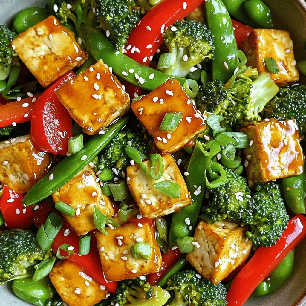 - 1 block firm tofu - 1 red bell pepper, sliced - 1 cup broccoli florets - 1 cup snap peas - 2 cloves garlic, minced - 1 tablespoon ginger, grated The main stars of this dish are firm tofu and fresh veggies. Firm tofu holds its shape well and gives great texture. Fresh vegetables like bell pepper, broccoli, and snap peas add color and crunch. Garlic and ginger bring a fresh, zesty kick that makes everything pop. - 3 tablespoons soy sauce - 1 tablespoon sesame oil - 1 teaspoon chili paste (adjust to taste) Now, let’s talk about the sauces and oils. Soy sauce adds a salty, umami flavor. Sesame oil brings a nutty aroma that enhances our stir fry. Chili paste gives it a spicy kick, so feel free to adjust based on your taste. - 2 green onions, sliced for garnish - Sesame seeds for garnish To finish your dish, green onions add a fresh look and taste. Sesame seeds sprinkle on top for a little crunch. These garnishes make your crispy tofu stir fry not just tasty but also pretty on the plate. For the complete recipe, check out the [Full Recipe]. To start, you need to press the tofu. Remove the tofu from its package and drain any water. Wrap the tofu in a clean kitchen towel. Place a heavy pan on top for about 15 minutes. This helps remove excess moisture. Next, cut the tofu into bite-sized cubes. Aim for pieces about 1-inch thick. This size helps them cook evenly. Now, toss the tofu cubes in a mixing bowl with cornstarch. Make sure each piece is well-coated. The cornstarch gives the tofu a nice crunch when cooked. Heat vegetable oil in a large non-stick pan or wok over medium-high heat. Wait until the oil gets hot. Carefully add the coated tofu cubes in a single layer. Cook for about 5 to 7 minutes. Turn them occasionally to make sure they brown on all sides. When they are golden brown and crispy, remove the tofu from the pan and set it aside. In the same pan, add the sliced red bell pepper, broccoli florets, and snap peas. Stir fry these for 3 to 4 minutes. You want them to soften a bit but still stay crunchy. Next, add minced garlic and grated ginger to the pan. Stir fry for one more minute until you smell the great aroma. Now, return the crispy tofu to the pan. Pour in the soy sauce, sesame oil, and chili paste. Toss everything together well to coat the tofu and vegetables evenly. Cook for another 2 minutes to let the flavors mix. Remember, you can adjust the seasoning at this point. Serve it right away. Garnish with sliced green onions and sprinkle sesame seeds on top. For the full recipe, check the previous section. Tofu needs the right prep for crispiness. First, press the tofu to remove water. Use a clean towel or paper towels. Cut it into bite-sized cubes. Coat these cubes with cornstarch for a crunchy exterior. For cooking, heat your pan before adding oil. A medium-high heat works best. Add the tofu cubes in a single layer. Cook them for 5-7 minutes. Turn occasionally until they are golden brown. This step ensures each side gets that perfect crispiness. Seasoning makes a big difference. I recommend adjusting the soy sauce to your taste. If you like it spicy, add more chili paste. You can also try a mix of soy sauce and hoisin for a sweeter flavor. For sauce variations, consider adding sesame or oyster sauce. You could even mix in a splash of rice vinegar for tang. These little changes can elevate your dish. Pair your stir fry with steamed rice or noodles for a filling meal. You can also serve it with a fresh salad. This adds a nice crunch. For presentation, use a colorful plate. Layer the tofu and veggies nicely. Sprinkle green onions and sesame seeds on top. This makes your dish look as good as it tastes. For the full recipe, check out the Crispy Tofu Stir Fry 🥡 section. {{image_2}} You can easily swap tofu for other proteins. Tempeh and seitan work well. Tempeh has a nutty taste and a firm texture. Seitan is made from wheat gluten and has a chewy texture. Both options add great flavor. You can also add beans or lentils for extra protein. Chickpeas or black beans blend nicely into the stir fry. They add fiber and a hearty feel. Feel free to change up the vegetables based on what you have. Seasonal veggies like zucchini or asparagus can add freshness. You can also use frozen vegetables if fresh ones aren’t available. Organic produce often has more flavor and fewer chemicals. It might cost a bit more but is worth it for taste. If you need a gluten-free dish, choose gluten-free soy sauce. This option tastes just as good. There are many brands available in stores. Be sure to check labels for other hidden gluten sources. You can adjust the recipe by using rice noodles instead of regular noodles. This keeps the dish gluten-free while still being delicious. After enjoying your crispy tofu stir fry, store leftovers in the fridge. First, let the dish cool to room temperature. This helps keep the food fresh. Use airtight containers to avoid moisture loss. Glass containers work well because they are durable and don’t stain. Store the stir fry for up to three days. To reheat your dish without losing texture, use a skillet. Heat it on medium heat. Add a splash of water or broth to keep it moist. Stir the tofu and veggies gently for even warmth. This method helps maintain the crispy tofu. If needed, you can add a bit of soy sauce to boost the flavors. You can freeze the stir fry for later use. Place the cooled dish in a freezer-safe container. Make sure to leave some space for expansion. This dish can last up to three months in the freezer. When you're ready to enjoy it again, thaw it in the fridge overnight. Reheat in a skillet as mentioned above. This way, you can savor your crispy tofu stir fry anytime! For the full recipe, check out the [Full Recipe]. If you want to swap tofu, you have great options. Tempeh works well. It has a nutty taste and packs protein. You can also use seitan. Seitan is chewy and great for stir fries. For a lighter choice, try chickpeas. They add protein and texture. Yes, you can prepare this dish in advance. Cook the tofu and store it in the fridge. Keep the vegetables separate. This helps keep everything fresh. You can also meal prep by cutting veggies. Store them in air-tight containers. When ready, just stir-fry and heat. You can achieve crispiness without cornstarch. Use rice flour for coating instead. It gives a nice crunch. Another way is to bake the tofu. Bake it at a high temperature for a crispy texture. You can pan-fry with oil until golden brown. These methods keep your tofu tasty and crispy. For the full recipe, check out the Crispy Tofu Stir Fry details. In this blog post, we explored how to create a delicious stir fry with tofu. We covered essential ingredients like firm tofu, fresh vegetables, and flavorful sauces. I shared step-by-step instructions and key tips for achieving crispy tofu and balanced flavors. Use these tips to make variations and adapt the recipe for your taste. Remember to store leftovers properly to enjoy this meal for days. Use these methods, and you’ll impress everyone with your stir fry skills. Happy cooking!