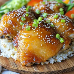 For my Baked Honey Garlic Chicken Thighs, I use simple, fresh ingredients. Here’s what you need: - 6 bone-in, skin-on chicken thighs - 1/3 cup honey - 1/4 cup soy sauce (low sodium) - 4 cloves garlic, minced - 1 tablespoon fresh ginger, grated - 1 tablespoon apple cider vinegar - 1 tablespoon sesame oil - 1 teaspoon black pepper - 1 teaspoon salt - 1 tablespoon sesame seeds (for garnish) - 2 green onions, sliced (for garnish) Each ingredient plays a role in making this dish so tasty. The honey adds sweetness, while the soy sauce brings in a salty kick. Garlic and ginger give it a nice depth of flavor. The sesame oil adds richness, and the vinegar balances everything out. Do not skip the garnishes! Sesame seeds and green onions not only make it look pretty, but they add a nice crunch too. You can find the full recipe in the recipe section. Enjoy making this dish! - Preheat the oven to 400°F (200°C). - Prepare the marinade by whisking all ingredients in a bowl. - Marinate the chicken thighs for optimal flavor. To start, I preheat the oven. This step helps achieve crispy skin. I set it to 400°F (200°C). While the oven heats, I make the marinade. In a bowl, I whisk together honey, soy sauce, garlic, ginger, apple cider vinegar, sesame oil, black pepper, and salt. This mix gives the chicken its sweet and savory taste. Next, I marinate the chicken. I place the chicken thighs skin-side up in a baking dish. I pour the marinade over them, making sure each piece is well coated. For the best flavor, I let the chicken sit for at least 30 minutes. If I have more time, I let it marinate overnight in the fridge. - Bake the marinated chicken thighs for 35-45 minutes. - Baste the chicken periodically for moisture. - Check for internal temperature of 165°F (75°C). Once the chicken is marinated, it's time to bake. I place the dish in the preheated oven and set a timer for 35 to 45 minutes. Halfway through cooking, I baste the chicken with the marinade. This keeps the meat juicy and adds flavor. I use a meat thermometer to check the internal temperature. It should reach 165°F (75°C) for safe eating. - Let the chicken rest before serving. - Garnish with sesame seeds and green onions. - Suggest sides like steamed rice or vegetable salad. After baking, I let the chicken rest for a few minutes. This step helps the juices settle. I then garnish the thighs with sesame seeds and sliced green onions. For a complete meal, I suggest serving it with steamed rice or a fresh vegetable salad. This adds color and crunch to the plate. For the full recipe, check the earlier section. To get crispy skin on chicken thighs, start by patting them dry with paper towels. This helps remove excess moisture. After that, season the skin with salt and pepper before baking. High heat will help the skin crisp up nicely. Marinating is key for great flavor. I suggest marinating the chicken for at least 30 minutes. If you can, let it sit overnight in the fridge. This allows the flavors to soak in deeply. For even cooking, place the chicken thighs in a single layer in your baking dish. This helps all the pieces cook at the same rate. Use a meat thermometer to check for doneness. The internal temperature should be 165°F (75°C). Want a unique taste? Try adding spices like paprika or cayenne pepper to the marinade. This adds a little kick! You can also play with different honey types. Wildflower honey offers a complex flavor, while clover honey is milder. Each kind will change the dish's taste. Consider adding vegetables to your baking dish. Sliced bell peppers, carrots, or onions roast beautifully with the chicken. They soak up the honey garlic sauce and add color. To plate the chicken thighs, arrange them neatly on a large platter. Drizzle some of the pan sauce over the top for added flavor and shine. For garnishes, sprinkle sesame seeds and sliced green onions. These add a pop of color and crunch, making the dish look even more appealing. You can use the sauce from the baking dish in creative ways. Drizzle it over rice or veggies on the plate. This ties everything together and boosts the flavors. For the full recipe, check out the details above! {{image_2}} You can change how you cook honey garlic chicken thighs for new flavors. - Grilling: Grilling adds a smoky taste. Just marinate your chicken, then cook it on the grill. Watch it closely to avoid burning. The grill marks look great too. - Slow-Cooking: Slow cooking makes the chicken very tender. Use a slow cooker to let the chicken soak in the sauce for hours. It will fall off the bone! - Air Frying: If you want a quicker option, try air frying. It cooks fast and can still give you crispy skin. Just set your air fryer to 375°F and cook for about 25 minutes. You can switch some ingredients for different flavors or health needs. - Low-Sodium Soy Sauce: If you need low sodium, use low-sodium soy sauce. It cuts down on salt but keeps that great umami flavor. - Honey Alternatives: If you want a different sweetener, try maple syrup or agave. They work well and add unique flavors. - Different Sauces: You can also change the sauce. Teriyaki sauce or even barbecue sauce can give your chicken a new taste. You can adjust this dish to fit many diets. - Gluten-Free: To make it gluten-free, use tamari instead of soy sauce. It tastes similar but is safe for gluten-free diets. - Low-Carb Options: For low-carb needs, skip the honey or use a sugar substitute. This keeps the dish tasty and diet-friendly. - Vegan Version: If you want a vegan option, try using tofu. Marinate the tofu in the same sauce and bake. It can absorb the flavors well. For the full recipe, check out the earlier section! To store leftover chicken thighs, let them cool first. Place the chicken in an airtight container. Always cover it well to keep out air. This method helps keep flavors fresh. The chicken stays good for up to three days in the fridge. Keep the fridge temperature at 40°F (4°C) or lower to ensure safety. If you want to keep the chicken longer, freezing is your best bet. First, allow the chicken to cool completely. Then, wrap each thigh in plastic wrap. After that, place them in a freezer bag or airtight container. This helps prevent freezer burn. Baked honey garlic chicken can last up to three months in the freezer. For thawing, move the chicken to the fridge overnight. Reheat it in the oven or microwave. To reheat baked chicken, the oven works best. Set it to 350°F (175°C) and place the chicken on a baking sheet. Cover it with foil to keep moisture in. Heat for about 20 minutes, or until warmed through. You can also use the microwave. Just heat on medium power for one to two minutes. To avoid drying out, add a splash of water or broth. This keeps the chicken juicy. How do I make chicken thighs more tender? To make chicken thighs tender, marinate them for at least 30 minutes. The honey and soy sauce help break down the meat. This makes it juicy and full of flavor. Cooking them slowly also keeps them moist. Can I use boneless chicken thighs in this recipe? Yes, you can use boneless chicken thighs. They will cook faster, so check them after 25-30 minutes. They should still be coated well with the marinade for the best taste. What should I serve with baked honey garlic chicken thighs? Serve these chicken thighs with steamed rice or a fresh vegetable salad. Both options balance the sweet and savory flavors. You can also add some roasted vegetables for extra color and taste. Can I reduce the honey for a less sweet dish? Yes, you can reduce the honey if you want less sweetness. Try cutting it to 1/4 cup. You can also add a bit more soy sauce for flavor. How to adjust cooking time for larger thighs. If your chicken thighs are larger, increase the cooking time by 5-10 minutes. Always check the internal temperature. It should reach 165°F (75°C) to be safe to eat. What to do if I run out of soy sauce? If you're out of soy sauce, use teriyaki sauce or coconut aminos. Both will give similar flavors. Just taste as you go to adjust the sweetness or saltiness. Is this dish healthy? Yes, baked honey garlic chicken thighs can be a healthy option. They have protein from the chicken and flavor from natural ingredients. Just watch the portion sizes. How many calories are in baked honey garlic chicken thighs? Each serving has about 350 calories. This includes the chicken and marinade. Keep in mind that sides will add calories as well. Are there any allergy concerns with the ingredients? Yes, check for allergies to soy sauce, garlic, or sesame oil. If you have any concerns, use alternatives like tamari or omit garlic. Always read labels to ensure safety. For the full recipe, refer to the section earlier in the article. You now have a complete guide to making baked honey garlic chicken thighs. We covered the ingredients, preparation steps, cooking methods, and storage tips. Plus, I shared variations to customize the dish based on your taste. Try these tips and tricks for a perfect meal. Remember to experiment with flavors and presentations. Enjoy your cooking adventure and make it yours!