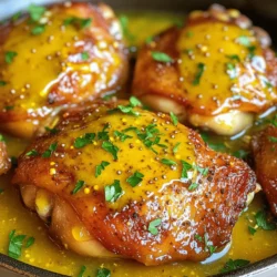 - 4 bone-in, skin-on chicken thighs - 1/4 cup honey - 1/4 cup Dijon mustard - 2 tablespoons apple cider vinegar - 2 cloves garlic, minced - 1 teaspoon paprika - 1 teaspoon dried thyme - Salt and pepper to taste - 2 tablespoons olive oil - Fresh parsley for garnish When you measure ingredients for honey mustard chicken thighs, use standard measuring cups and spoons. For liquids like honey and vinegar, use clear measuring cups for accuracy. With sticky ingredients like honey, spray the cup with a little oil first. This helps the honey slide out easily. For dry ingredients, like spices, level the measuring spoon with a straight edge. This keeps your flavors balanced. If you want to switch things up, you can use maple syrup instead of honey. This gives a nice twist to the flavor. If you don’t have Dijon mustard, yellow mustard works too but will change the taste. You can also add fresh herbs like rosemary or oregano for a different touch. For a spicy kick, add a pinch of cayenne pepper or some hot mustard. These small changes can lead to a whole new dish. Start by patting the chicken thighs dry with paper towels. This helps the skin get crispy. Next, season both sides with salt and pepper. This step adds flavor. Make sure to coat each piece well. You want every bite to taste great. In a mixing bowl, combine the following ingredients: - 1/4 cup honey - 1/4 cup Dijon mustard - 2 tablespoons apple cider vinegar - 2 cloves garlic, minced - 1 teaspoon paprika - 1 teaspoon dried thyme - Salt and pepper to taste Whisk everything together until it blends well. This marinade gives the chicken a sweet and tangy flavor. It also keeps the meat juicy while cooking. Heat 2 tablespoons of olive oil in an oven-safe skillet over medium-high heat. Once the oil is hot, add the chicken thighs skin-side down. Sear them for about 4-5 minutes. Look for a nice golden brown color on the skin. This step seals in the juices and adds crunch. After searing, flip the chicken thighs over. Pour the honey mustard marinade on top. Ensure the chicken is well coated. Now, transfer the skillet to your preheated oven at 400°F (200°C). Bake for 25-30 minutes. Check the internal temperature. It should reach 165°F (75°C) to be safe to eat. Once done, take the skillet out and let the chicken rest for 5 minutes. Garnish with fresh parsley for a pop of color. For the full recipe, check out the section above. To get crispy skin on your chicken thighs, start by patting them dry with paper towels. Dry skin helps it crisp up better. Season the skin with salt and pepper. Searing the chicken skin-side down in a hot skillet is key. Cook it for 4-5 minutes until golden brown. This step locks in the flavor and keeps the skin crunchy. For the best flavor, marinate your chicken thighs for at least 30 minutes. If you have time, marinating for 2 to 4 hours is even better. This allows the honey mustard mix to soak into the meat. You can also marinate overnight in the fridge for a deeper flavor. One mistake is not preheating your oven. Always make sure it is hot before baking. Another error is using too much sauce. Pour just enough to coat the chicken for a balanced taste. Don’t skip letting the chicken rest after cooking. This step helps keep it juicy. Remember, follow the Full Recipe for best results! {{image_2}} Grilling adds a smoky flavor to the chicken. Start by marinating the chicken in the honey mustard mix for at least 30 minutes. This helps the flavor soak in. Preheat your grill to medium-high heat. Place the marinated chicken thighs skin-side down on the grill. Cook for 6-7 minutes per side. Look for nice grill marks and a crispy skin. Ensure the chicken cooks to an internal temperature of 165°F (75°C). Using a slow cooker makes this dish easy and hands-free. Just mix the honey mustard marinade as you normally would. Place the chicken thighs in the slow cooker and pour the marinade over them. Set the slow cooker to low for 6-7 hours or high for 3-4 hours. The chicken will turn tender and juicy. You can also add veggies like carrots or potatoes for a complete meal. For those who like heat, add some spice to your honey mustard mix. You can stir in a teaspoon of hot mustard or a dash of cayenne pepper. If you want more flavor, try adding chili flakes or Sriracha. This will give your chicken a nice kick. Adjust the amount based on your heat preference. Enjoy the spicy twist with your favorite sides. For the full recipe, check out Honey Mustard Chicken Thighs. To store your leftover honey mustard chicken thighs, let them cool first. Place them in an airtight container. You can keep them in the fridge for up to three days. Make sure to label the container with the date. This helps track how fresh your food is. When you are ready to eat the leftovers, you can reheat them easily. Preheat your oven to 350°F (175°C). Place the chicken thighs in an oven-safe dish. Cover the dish with foil to keep the moisture in. Heat for about 15-20 minutes, or until they are warm. You can also use a microwave, but the oven keeps the skin crispy. If you want to save some for later, freezing works well. First, cool the chicken completely. Wrap each thigh tightly in plastic wrap, then place them in a freezer bag. Try to remove as much air as possible. You can freeze them for up to three months. When you are ready to eat, thaw them overnight in the fridge before reheating. For more details on this recipe, check out the Full Recipe. You should cook chicken thighs for about 25 to 30 minutes in the oven. The key is to check the internal temperature. It should reach 165°F (75°C) for safe eating. Cooking times may vary based on your oven and the size of the thighs. Always use a meat thermometer to be sure. Yes, you can use boneless chicken thighs. They cook faster than bone-in thighs. If you use boneless thighs, reduce the cooking time to about 20 to 25 minutes. Check the internal temperature to ensure they are cooked through. The honey mustard flavor will still shine through with boneless thighs. You can serve honey mustard chicken thighs with many sides. Roasted vegetables are a great choice. Mashed potatoes or rice make a good base, too. A fresh green salad adds a nice crunch. Don't forget crusty bread to soak up the extra sauce. You can find the full recipe [here](#). This post covered how to make delicious honey mustard chicken thighs. I shared the key ingredients, like chicken, honey, and Dijon mustard. I detailed easy steps for prepping, cooking, and variations like grilling or slow cooking. You learned tips for crispy skin and how to store leftovers. Now you can try these recipes, explore variations, and impress your family and friends. Enjoy cooking with these simple steps and have fun making new meals!