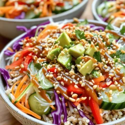 To create a fresh and tasty veggie spring roll bowl, you need some key ingredients. Here’s what you will need: - 1 cup brown rice or quinoa, cooked - 1 cup shredded carrots - 1 cup red cabbage, thinly sliced - 1 cup cucumber, julienned - 1 red bell pepper, thinly sliced - 1 avocado, diced - 1 cup bean sprouts - ¼ cup fresh cilantro, chopped - 2 green onions, sliced These ingredients offer a nice mix of flavors and textures. The rice or quinoa forms the base, while the veggies add crunch and color. You can also add some optional toppings to make your dish even better. Here are a few ideas: - Crushed peanuts - Sesame seeds These toppings add a nice crunch and extra flavor. You can choose one or both for a great finish. If you have dietary needs or preferences, you can change some ingredients. Here are some easy swaps: - Use cauliflower rice for a low-carb option. - Opt for tamari instead of soy sauce for a gluten-free version. - Replace avocado with hummus for a creamy texture without dairy. These substitutions keep your veggie spring roll bowls tasty while meeting your needs. Remember, you can always mix and match based on what you like! For the complete recipe, check out the Full Recipe section. To start, grab a small bowl. In it, whisk together these ingredients: - ¼ cup hoisin sauce - 2 tablespoons soy sauce - 1 tablespoon sesame oil - 1 tablespoon lime juice - 1 teaspoon fresh ginger, grated This mixture will create a tasty dressing. It adds a nice kick to your dish. Next, take a large bowl and add your cooked brown rice or quinoa. Use 1 cup of either. Pour in half of your dressing. Toss gently to coat the rice or quinoa evenly. This step infuses flavor into the base of your bowl. Now it's time to build your bowl! Arrange these colorful veggies on top: - 1 cup shredded carrots - 1 cup red cabbage, thinly sliced - 1 cup cucumber, julienned - 1 red bell pepper, thinly sliced - 1 avocado, diced - 1 cup bean sprouts - ¼ cup fresh cilantro, chopped - 2 green onions, sliced Make it look pretty! Drizzle the remaining dressing over the top. Then, gently toss the toppings to mix them slightly. Season with salt and pepper to taste. If you want some extra crunch, sprinkle on crushed peanuts or sesame seeds just before serving. Enjoy the fresh and flavorful dish! For the full recipe, check out the details above. Cutting veggies well makes your dish shine. Use a sharp knife for clean cuts. Start with a stable cutting board. This keeps your fingers safe. Cut carrots into thin strips, called julienne. For cabbage, slice it thinly. This helps it mix well. Keep veggies in similar sizes for even cooking and a nice look. Making your veggie spring roll bowls ahead saves time. Cook the rice or quinoa first. Store it in the fridge. Prep your veggies on a separate day. Chop and store them in airtight containers. This keeps them fresh. Make the dressing and store it in a jar. Mix everything just before serving for the best taste. Presentation matters! Use bright, shallow bowls for serving. Layer the rice or quinoa first. Then, add the colorful veggies on top. Place avocado slices and sprouts in the center. Drizzle your dressing over the top. Add a sprinkle of crushed peanuts or sesame seeds for crunch. Garnish with fresh cilantro and lime wedges for extra flair. These tips make your veggie spring roll bowls look as good as they taste. For the full recipe, check out the [Full Recipe]. {{image_2}} You can easily add protein to your veggie spring roll bowls. Tofu is a great choice. It absorbs flavors well and adds a nice texture. Just cube it and sauté it in a pan until golden. Chicken or shrimp also work well. Simply grill or stir-fry them with some seasoning. This makes the bowl more filling and satisfying. If you're looking for gluten-free options, try tamari instead of soy sauce. It offers a similar taste without gluten. For the base, you can swap brown rice or quinoa with cauliflower rice. This keeps the bowl light and fresh. Be sure that all sauces you choose are gluten-free to maintain this diet. Using seasonal veggies can make your dish even better. In spring, add asparagus or snap peas. In summer, try cherry tomatoes or zucchini. In fall, roasted sweet potatoes or butternut squash are great. In winter, think about kale or Brussels sprouts. These choices keep your bowls vibrant and full of flavor, no matter the season. To keep your veggie spring roll bowls fresh, store them in airtight containers. Divide the bowls into single servings. This makes it easy to grab a bowl when you need one. If you have extra dressing, keep it separate to avoid soggy ingredients. Use glass or BPA-free plastic containers for the best results. These bowls can last up to four days in the fridge. If stored well, the veggies stay crisp and tasty. However, I recommend eating them sooner for the best flavor and texture. Always check for any signs of spoilage before enjoying the leftovers. When reheating, I suggest using the microwave. Heat the bowls for 30 seconds at a time. Stir in between to ensure even warming. If you prefer, you can also enjoy them cold. The fresh veggies offer a nice crunch that pairs well with the dressing. For a bit of warmth, quickly sauté the veggies in a pan over low heat. To make Veggie Spring Roll Bowls vegan, simply swap the hoisin sauce with a vegan version. Most hoisin sauces are plant-based, but check the label to be sure. Use soy sauce or tamari for added flavor. All the veggies and grains in the recipe are already vegan. You can also use avocado for healthy fats. Yes, you can use frozen vegetables for this recipe. Frozen veggies can save time and still taste great. Just be sure to thaw and drain any excess water. Frozen carrots, bell peppers, or peas work well. They may cook faster, so watch them closely. Serve Veggie Spring Roll Bowls in fun, bright dishes. Add fresh herbs like mint or basil for extra flavor. You can also top them with crushed peanuts or sesame seeds for crunch. A lime wedge on the side adds a nice zing. For a heartier meal, include grilled tofu or chickpeas. Check out the Full Recipe for more ideas! Veggie spring roll bowls are a simple and fun meal. You learned about key ingredients, toppings, and substitutions to fit your needs. I showed you how to mix, layer, and serve for a great look. Using my tips can help you save time and make meals ahead of schedule. Don't forget to try different proteins and seasonal veggies for variety. With the right storage, your leftovers will stay tasty for days. Enjoy making these healthy bowls and impress friends with your new skills.