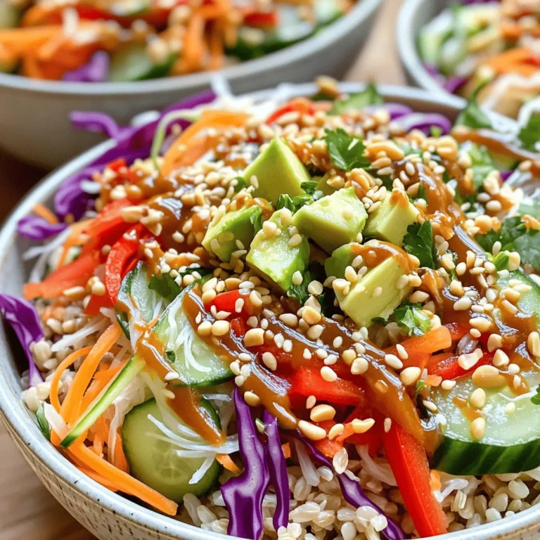 To create a fresh and tasty veggie spring roll bowl, you need some key ingredients. Here’s what you will need: - 1 cup brown rice or quinoa, cooked - 1 cup shredded carrots - 1 cup red cabbage, thinly sliced - 1 cup cucumber, julienned - 1 red bell pepper, thinly sliced - 1 avocado, diced - 1 cup bean sprouts - ¼ cup fresh cilantro, chopped - 2 green onions, sliced These ingredients offer a nice mix of flavors and textures. The rice or quinoa forms the base, while the veggies add crunch and color. You can also add some optional toppings to make your dish even better. Here are a few ideas: - Crushed peanuts - Sesame seeds These toppings add a nice crunch and extra flavor. You can choose one or both for a great finish. If you have dietary needs or preferences, you can change some ingredients. Here are some easy swaps: - Use cauliflower rice for a low-carb option. - Opt for tamari instead of soy sauce for a gluten-free version. - Replace avocado with hummus for a creamy texture without dairy. These substitutions keep your veggie spring roll bowls tasty while meeting your needs. Remember, you can always mix and match based on what you like! For the complete recipe, check out the Full Recipe section. To start, grab a small bowl. In it, whisk together these ingredients: - ¼ cup hoisin sauce - 2 tablespoons soy sauce - 1 tablespoon sesame oil - 1 tablespoon lime juice - 1 teaspoon fresh ginger, grated This mixture will create a tasty dressing. It adds a nice kick to your dish. Next, take a large bowl and add your cooked brown rice or quinoa. Use 1 cup of either. Pour in half of your dressing. Toss gently to coat the rice or quinoa evenly. This step infuses flavor into the base of your bowl. Now it's time to build your bowl! Arrange these colorful veggies on top: - 1 cup shredded carrots - 1 cup red cabbage, thinly sliced - 1 cup cucumber, julienned - 1 red bell pepper, thinly sliced - 1 avocado, diced - 1 cup bean sprouts - ¼ cup fresh cilantro, chopped - 2 green onions, sliced Make it look pretty! Drizzle the remaining dressing over the top. Then, gently toss the toppings to mix them slightly. Season with salt and pepper to taste. If you want some extra crunch, sprinkle on crushed peanuts or sesame seeds just before serving. Enjoy the fresh and flavorful dish! For the full recipe, check out the details above. Cutting veggies well makes your dish shine. Use a sharp knife for clean cuts. Start with a stable cutting board. This keeps your fingers safe. Cut carrots into thin strips, called julienne. For cabbage, slice it thinly. This helps it mix well. Keep veggies in similar sizes for even cooking and a nice look. Making your veggie spring roll bowls ahead saves time. Cook the rice or quinoa first. Store it in the fridge. Prep your veggies on a separate day. Chop and store them in airtight containers. This keeps them fresh. Make the dressing and store it in a jar. Mix everything just before serving for the best taste. Presentation matters! Use bright, shallow bowls for serving. Layer the rice or quinoa first. Then, add the colorful veggies on top. Place avocado slices and sprouts in the center. Drizzle your dressing over the top. Add a sprinkle of crushed peanuts or sesame seeds for crunch. Garnish with fresh cilantro and lime wedges for extra flair. These tips make your veggie spring roll bowls look as good as they taste. For the full recipe, check out the [Full Recipe]. {{image_2}} You can easily add protein to your veggie spring roll bowls. Tofu is a great choice. It absorbs flavors well and adds a nice texture. Just cube it and sauté it in a pan until golden. Chicken or shrimp also work well. Simply grill or stir-fry them with some seasoning. This makes the bowl more filling and satisfying. If you're looking for gluten-free options, try tamari instead of soy sauce. It offers a similar taste without gluten. For the base, you can swap brown rice or quinoa with cauliflower rice. This keeps the bowl light and fresh. Be sure that all sauces you choose are gluten-free to maintain this diet. Using seasonal veggies can make your dish even better. In spring, add asparagus or snap peas. In summer, try cherry tomatoes or zucchini. In fall, roasted sweet potatoes or butternut squash are great. In winter, think about kale or Brussels sprouts. These choices keep your bowls vibrant and full of flavor, no matter the season. To keep your veggie spring roll bowls fresh, store them in airtight containers. Divide the bowls into single servings. This makes it easy to grab a bowl when you need one. If you have extra dressing, keep it separate to avoid soggy ingredients. Use glass or BPA-free plastic containers for the best results. These bowls can last up to four days in the fridge. If stored well, the veggies stay crisp and tasty. However, I recommend eating them sooner for the best flavor and texture. Always check for any signs of spoilage before enjoying the leftovers. When reheating, I suggest using the microwave. Heat the bowls for 30 seconds at a time. Stir in between to ensure even warming. If you prefer, you can also enjoy them cold. The fresh veggies offer a nice crunch that pairs well with the dressing. For a bit of warmth, quickly sauté the veggies in a pan over low heat. To make Veggie Spring Roll Bowls vegan, simply swap the hoisin sauce with a vegan version. Most hoisin sauces are plant-based, but check the label to be sure. Use soy sauce or tamari for added flavor. All the veggies and grains in the recipe are already vegan. You can also use avocado for healthy fats. Yes, you can use frozen vegetables for this recipe. Frozen veggies can save time and still taste great. Just be sure to thaw and drain any excess water. Frozen carrots, bell peppers, or peas work well. They may cook faster, so watch them closely. Serve Veggie Spring Roll Bowls in fun, bright dishes. Add fresh herbs like mint or basil for extra flavor. You can also top them with crushed peanuts or sesame seeds for crunch. A lime wedge on the side adds a nice zing. For a heartier meal, include grilled tofu or chickpeas. Check out the Full Recipe for more ideas! Veggie spring roll bowls are a simple and fun meal. You learned about key ingredients, toppings, and substitutions to fit your needs. I showed you how to mix, layer, and serve for a great look. Using my tips can help you save time and make meals ahead of schedule. Don't forget to try different proteins and seasonal veggies for variety. With the right storage, your leftovers will stay tasty for days. Enjoy making these healthy bowls and impress friends with your new skills.