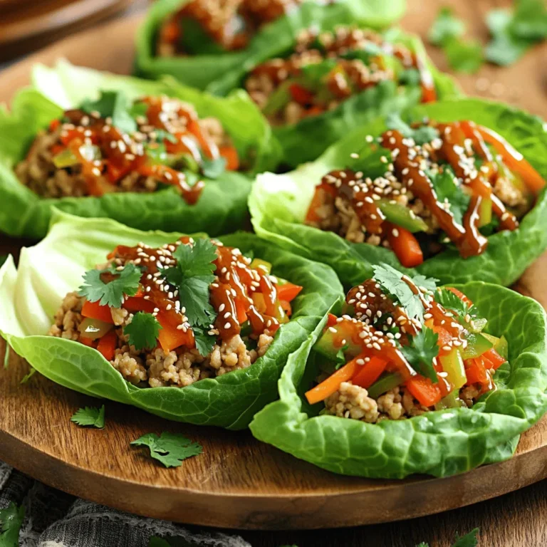 - 1 lb ground chicken - 2 tablespoons sesame oil - 2 cloves garlic, minced - 1 tablespoon fresh ginger, minced - 1 cup bell pepper, finely diced - 1 cup shredded carrots - 1/4 cup green onions, sliced - 1/4 cup soy sauce (or tamari for gluten-free) - 1 tablespoon rice vinegar - 1 tablespoon honey - 1 tablespoon cornstarch - 1 tablespoon water - Optional garnishes: Sesame seeds, chopped cilantro When I make these sesame chicken lettuce wraps, I focus on fresh, vibrant ingredients. The ground chicken acts as a blank canvas, soaking up all the flavors. Using sesame oil adds a nutty taste that really shines. I love the mix of garlic and ginger. They bring warmth and depth to the dish. The bell peppers and carrots add great color and crunch. I use red or yellow bell peppers for a brighter look. For the sauce, I mix soy sauce, rice vinegar, and honey. This sweet and savory combo makes the chicken sing. Cornstarch helps thicken the sauce, binding it to the chicken and veggies. Don't forget the green onions for a fresh finish! You can also top the wraps with sesame seeds and cilantro. They add extra flavor and make the wraps look pretty. Try this full recipe to create your own delicious meal! - Heat the sesame oil in a skillet. This adds a nice nutty flavor. - Sauté garlic and ginger until fragrant. This step wakes up the dish. - Cook ground chicken until browned and crumbly. This should take about 5-7 minutes. - Stir in bell pepper and carrots. These add crunch and color. - Cook until tender, blending flavors. This usually takes 3-4 minutes. - Combine sauces and thicken with cornstarch mixture. This helps bind the sauce. - Pour sauce over the chicken and vegetables. Stir well to coat everything. - Simmer until the sauce thickens. This should take around 2-3 minutes. - Spoon the mixture into lettuce leaves. This is where the fun starts! - Garnish with sesame seeds and cilantro if desired. This adds a fresh touch. For the full recipe, check the details above. Enjoy your tasty creation! - Use high heat for better browning of chicken. This step adds flavor and texture. - Don’t overcrowd the skillet to ensure even cooking. This keeps everything juicy and tender. - Serve with a side of soy sauce for extra flavor. This adds a nice touch to each bite. - Arrange wraps on a platter for an inviting look. A well-presented dish makes it more enjoyable. - Avoid overcooking vegetables to retain crunchiness. This keeps your wraps fresh and vibrant. - Measure sauce accurately to prevent overpowering flavors. Too much sauce can mask the dish’s taste. Making these small adjustments can elevate your wraps. Follow these tips to impress your family and friends. For more detailed steps, check out the Full Recipe. {{image_2}} You can easily change the protein in these wraps. Swap ground chicken for ground turkey for a leaner option. You can also use tofu if you want a vegetarian dish. For seafood lovers, shrimp adds a nice twist. If you prefer beef, it brings a rich flavor to the mix. Feel free to add more veggies to your wraps. Diced mushrooms or water chestnuts give a nice crunch and flavor. You can also use shredded cabbage instead of lettuce. This adds more texture and makes your wraps even heartier. If you like heat, add chili paste or sriracha to your chicken mix. These spices boost the flavor and give it a kick. You can also try fresh herbs like basil or mint. These herbs will brighten the dish and add freshness. For the Full Recipe, check the section above to make these tasty wraps! Store leftovers in an airtight container for up to 3 days. This keeps the chicken fresh and tasty. Keep the sauce separate to maintain the lettuce's crispness. If you mix the sauce, the lettuce will get soggy. You can freeze the filling mixture for up to 2 months. Just place it in a freezer-safe bag or container. When you are ready to eat, thaw it overnight in the fridge. Reheat thoroughly before serving. This method works well for busy days. Heat the leftovers gently on the stove or in the microwave. Stir often to ensure even heating. Avoid overcooking to prevent a dry texture. The goal is to warm it up, not to cook it again. Enjoy your meal with fresh, crunchy lettuce! You can use several tasty options instead of lettuce. Here are some great choices: - Cabbage leaves - Collard greens - Rice paper These options give a nice crunch and hold the filling well. To make this recipe gluten-free, simply swap the soy sauce for tamari or coconut aminos. Both options provide a similar taste without gluten. Absolutely! You can prepare the chicken filling ahead of time. Just cook the filling and store it in the fridge. When you're ready to eat, simply assemble the wraps. The spice level of these wraps can vary. If you like heat, add sriracha or chili paste to the sauce. You control the spice! These wraps pair well with: - Steamed rice - Quinoa - A light salad These sides complete your meal nicely. For the full recipe, click [here](#). This blog post detailed how to create tasty sesame chicken lettuce wraps. We covered key ingredients, from the flavorful chicken to fresh veggies and sauces. The step-by-step instructions made the cooking process simple and enjoyable, with tips to enhance your dish. You can even mix in your favorite proteins or veggies for fun variations. These wraps make a great meal or snack. They are easy to store and reheat, ensuring you can enjoy them later. Now, you’re all set to impress with your new cooking skills! Enjoy your delicious creation!