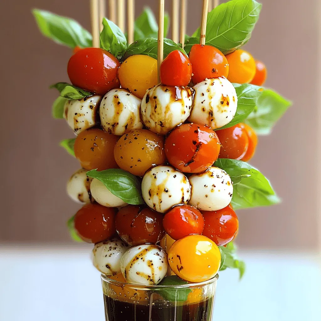 - 20 cherry tomatoes - 20 fresh basil leaves - 20 small mozzarella balls (bocconcini) - 2 tablespoons balsamic glaze - 1 tablespoon extra virgin olive oil - Salt and freshly ground black pepper to taste - Skewers (7-inch or 10-inch) - For mozzarella, you can use burrata or feta cheese. Both add unique flavors. - Instead of cherry tomatoes, try using grape tomatoes or heirloom varieties for a twist. - If you don’t have balsamic glaze, you can mix balsamic vinegar with honey for a quick replacement. Making Classic Caprese Salad Skewers is fun and easy. The fresh tomatoes, basil, and cheese create a colorful dish. I love how each bite bursts with flavor. The balsamic glaze adds a sweet touch, while the olive oil brings a smooth finish. This dish is great for parties or a light meal. Check out the Full Recipe for step-by-step details! To start, you need to prepare your skewers. If you use wooden skewers, soak them in water for about 10-15 minutes. This step stops them from burning when you grill or serve. Next, rinse your cherry tomatoes and fresh basil leaves under cold water. After rinsing, gently pat them dry with a paper towel. Drying is important to keep the skewers neat and tasty. Now it's time to assemble the skewers. Take one skewer and start with a cherry tomato. Then, add a fresh basil leaf, followed by a small mozzarella ball. Repeat this pattern two more times, creating three sets on each skewer. Make sure to leave some space at the ends of the skewers. This space helps you hold the skewers without making a mess. Once your skewers are built, place them on a serving platter. Drizzle balsamic glaze and extra virgin olive oil evenly over the skewers. This adds a rich flavor that really pops. Next, season your skewers with salt and freshly ground black pepper to taste. You can also sprinkle some crushed red pepper flakes for an extra kick if you like. For the full recipe, check out the complete guide on Classic Caprese Salad Skewers. Enjoy your fresh and flavorful bites! To keep your assembled skewers fresh, store them in a sealed container. Use plastic wrap or a lid to keep air out. This helps keep the tomatoes and basil from wilting. If you haven’t assembled them yet, store each ingredient separately. Place tomatoes and mozzarella in the fridge. Keep basil leaves in a damp paper towel in a bag. To display your skewers, try standing them in a tall glass. This makes them look fun and inviting! You can also lay them on a platter. Add some color by garnishing with extra basil leaves. For a special touch, offer a small dish of balsamic glaze on the side for dipping. These skewers pair well with a light drink. Try serving them with sparkling water or a crisp white wine. They are perfect for summer picnics and backyard parties. You can also serve them as a fun appetizer at dinner parties. They are easy to grab and enjoy, making them a crowd favorite. For more ideas, check out the Full Recipe for unique serving styles. {{image_2}} You can easily change the taste of your Caprese salad skewers. A simple way is to add crushed red pepper flakes. This will give your dish a nice kick. Just sprinkle some on top after you finish assembling. You can also try adding other herbs. Instead of basil, try fresh oregano or parsley. These herbs can change the flavor and make it unique. You can mix and match to find your favorite combination. If you're looking for a vegan option, use plant-based cheese instead of mozzarella. Many brands offer tasty alternatives that melt well. You can enjoy the same great flavors without dairy. For gluten-free needs, just use gluten-free skewers. Most wooden skewers are naturally gluten-free. This makes it easy for everyone to enjoy your dish. You can serve these skewers in many fun ways. For appetizers, mini skewers work great. Just use smaller tomatoes and cut the mozzarella into smaller pieces. This makes them easy to grab and eat. Another idea is to create Caprese salad bowls. Instead of skewers, layer the ingredients in a bowl. This makes it easy to serve and share. You can drizzle the balsamic glaze on top for added flavor. For more tips, check out the Full Recipe for Classic Caprese Salad Skewers. To keep your Classic Caprese Salad Skewers fresh, store them in the fridge. Use an airtight container to prevent them from drying out. They are best eaten within two days. If you have leftovers, cover them tightly and enjoy them for lunch or dinner. This way, you’ll still get that fresh taste! Can you freeze assembled skewers? I do not recommend freezing the whole skewer. The tomatoes and cheese may change texture. Instead, freeze the ingredients separately. Place the mozzarella and tomatoes in freezer bags. When you’re ready to enjoy them, just thaw and assemble fresh skewers. Should you reheat skewers? I suggest not reheating them. Caprese skewers taste best fresh. If you must reheat, do it gently. Use a microwave at low power for a few seconds. This way, you won’t overcook the fresh flavors. Enjoy every bite of your delicious creation! What is the best type of mozzarella to use? I recommend using fresh mozzarella balls, also known as bocconcini. They are soft and creamy. They pair well with the fresh basil and juicy tomatoes. You can also use burrata for a richer taste. Can I make Classic Caprese Salad Skewers in advance? Yes, you can prepare these skewers a few hours ahead of time. Store them in the fridge. Just add the balsamic glaze before serving for the best flavor. How many servings does this recipe make? This recipe makes 10 skewers. Each skewer holds a delicious mix of flavors. Perfect for parties or family gatherings. What can I serve with Classic Caprese Salad Skewers? These skewers work great as an appetizer. Pair them with crusty bread or a light salad. They also complement grilled meats well. How to grill Caprese Salad Skewers? To grill, soak wooden skewers first. Then, heat your grill. Cook the skewers for about 2-3 minutes on each side. This adds a nice smoky flavor. Can I use a different type of glaze? Absolutely! You can use a honey glaze or a citrus vinaigrette. Both will add a unique twist to your skewers. Feel free to experiment with flavors! Classic Caprese Salad Skewers combine fresh ingredients for a perfect snack or appetizer. You learned about the key ingredients and how to assemble the skewers step by step. We explored tips for storage, presentation, and serving ideas. You can even switch up flavors and cater to dietary needs. Whether for a gathering or a cozy meal, these skewers are a hit. Enjoy making them and impressing your friends with your new skills!