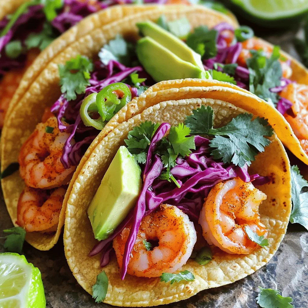 - 1 lb shrimp, peeled and deveined - 1 tablespoon olive oil - 1 teaspoon cumin - 1 teaspoon paprika - 1/2 teaspoon garlic powder - Salt and pepper to taste The main stars of our shrimp tacos are the shrimp. Choose fresh shrimp for the best taste. If you use frozen shrimp, make sure to thaw them first. Olive oil helps the spices stick to the shrimp and adds flavor. The spices give the shrimp a nice kick. Cumin and paprika make the shrimp flavorful, while garlic powder adds depth. Don’t forget salt and pepper to taste! - 8 small corn tortillas - 1 cup red cabbage, thinly sliced - 1 ripe avocado, sliced - 1/2 cup fresh cilantro, chopped - 1 lime, cut into wedges - Optional: Salsa or pico de gallo for topping Next, we have the tortillas and toppings. Small corn tortillas are soft and perfect for wrapping the shrimp. The red cabbage adds crunch and color. Sliced avocado brings creaminess, which balances the dish. Fresh cilantro gives a burst of freshness. A squeeze of lime juice brightens the flavors. You can also add salsa or pico de gallo for some zest. For the full recipe, check out the instructions to create these tasty tacos! Start by tossing the shrimp in a medium bowl. Add one tablespoon of olive oil. Next, sprinkle in one teaspoon of cumin, one teaspoon of paprika, and half a teaspoon of garlic powder. Season this with salt and pepper to your taste. Mix well until the shrimp are fully coated. Now, heat a skillet over medium-high heat. Once hot, add the shrimp in a single layer. Cook for about 2-3 minutes on each side. Look for them to turn pink and opaque. When done, remove the shrimp from heat. While the shrimp cook, warm the corn tortillas. Use a separate skillet on low heat. Heat each tortilla for about 30 seconds on each side. You want them to become pliable but not crispy. This step will help the tortillas hold all the tasty fillings. Now, it’s time to build your tacos! Place a few shrimp in the center of each tortilla. Add your toppings: sliced red cabbage, avocado slices, and fresh cilantro. For extra flavor, squeeze fresh lime juice over the top. You can also add salsa or pico de gallo if you like. Enjoy your meal! For the full recipe, check out the complete instructions. For perfect shrimp, cook them fast. Heat your skillet well before adding shrimp. This keeps them juicy. Cook shrimp for just 2-3 minutes per side. They should turn pink and opaque. If you want more flavor, adjust spices. Try more cumin or add chili powder for heat. A little lime zest can brighten the taste too. Warming tortillas makes a big difference. Use a dry skillet on low heat for about 30 seconds. This makes them soft and easy to fold. You can also wrap them in a damp cloth and microwave for 10-15 seconds. For best taste, choose small corn tortillas. They add a nice texture and flavor to your tacos. Extra toppings can take your tacos to the next level. Try adding sliced jalapeños for heat. Fresh mango salsa adds sweetness. Pickled onions give a tangy crunch. If you like cheese, crumbled feta or cotija works well. Explore beyond traditional toppings for fun flavors. Check out the Full Recipe for more ideas! {{image_2}} You can switch shrimp for other proteins. Chicken is a great choice. Just use the same spices. Cook it until it's juicy and tender. Fish also works well. Choose a white fish like tilapia or cod. If you prefer plant-based options, try beans or tofu. Black beans give a nice texture. Tofu absorbs flavors well, so marinate it first. Both options make tasty tacos. Spice it up with different seasonings. Try chili powder for heat or lime zest for brightness. You can also use marinades for extra flavor. A simple mix of lime juice and garlic works wonders. Fresh herbs add a delightful touch. While cilantro is popular, consider using mint or parsley. They can bring a unique twist to your tacos. You can choose between soft and crunchy tacos. Soft corn tortillas are easy to fold. They hold all the fillings well. Crunchy taco shells give a nice crunch. They add another layer of texture. For a fun twist, try a taco bowl. Use a tortilla bowl or a salad base. Layer shrimp, toppings, and sauces in a bowl for a great meal. It's a great way to enjoy your shrimp tacos differently. After your meal, store any leftover tacos in an airtight container. This keeps them fresh. If you want to save the flavor, layer the ingredients. Place the shrimp on the bottom and add toppings last. This way, the tortillas won’t get soggy. For best taste, enjoy tacos within two days. If you have extra ingredients, keep them in separate containers. This helps maintain their freshness and taste for later. To reheat shrimp, avoid cooking them too long. Heat a skillet over low heat. Add shrimp and warm for about two minutes. Check often to prevent overcooking. Perfectly cooked shrimp are pink and tender. For tortillas, place them in a dry skillet. Heat over low for about 30 seconds on each side. This makes them warm and soft again. You can also wrap them in a damp paper towel and use the microwave for 15-20 seconds. You can freeze shrimp for future meals. Place shrimp in a freezer bag, removing as much air as possible. Label the bag with the date. Frozen shrimp can last up to three months. If you want to freeze ingredients, do so separately. Wrap the cabbage and avocado in plastic wrap or in freezer bags. Just remember, avocados may brown. Use them quickly after thawing. For full details, check the Full Recipe for perfect shrimp tacos! You can tell shrimp is done by looking at its color and texture. Perfectly cooked shrimp turn pink and opaque. They should feel firm but not hard. If shrimp curl tightly, they might be overcooked. Always check the center; it should not be translucent. Yes, you can use frozen shrimp! Just make sure to thaw them first. The best way is to place them in the fridge overnight. If you're short on time, run them under cold water for quicker thawing. Avoid using hot water as it cooks the shrimp unevenly. Shrimp tacos pair well with many sides. Here are some great options: - Mexican rice - Black beans - Corn on the cob - Chips with salsa - A fresh salad These sides add color and flavor to your meal. Shrimp tacos are best eaten fresh. However, leftovers can last 1-2 days in the fridge. Store them in an airtight container. For the best taste, keep the shrimp and tortillas separate. This keeps tortillas from getting soggy and shrimp fresh. In this blog post, we explored how to make delicious shrimp tacos. We discussed the main ingredients, like shrimp and tortillas, and how to prepare and assemble them step by step. I shared tips for perfecting your shrimp and warming tortillas. Remember, you can customize your tacos with different proteins and toppings. Enjoy experimenting with flavors and presentations. With the right storage tips, you can savor leftovers too. Shrimp tacos are tasty, fun, and easy to make. Now it's your turn to try this recipe!