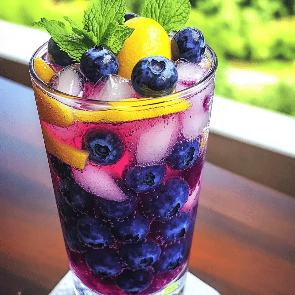 - 2 cups fresh blueberries - 1 cup Meyer lemon juice (about 5-6 lemons) - 4 cups sparkling water - 1/4 cup honey or agave syrup (adjust to taste) - Fresh mint leaves for garnish - Ice cubes The ingredients for the Meyer Lemon Blueberry Refresher are simple yet vibrant. Fresh blueberries pack a punch of flavor and color. Meyer lemons bring a sweet-tart zing that makes this drink refreshing. Sparkling water adds a fun fizz, perfect for hot days. You can choose honey or agave syrup based on your taste. Fresh mint leaves give a nice touch and aroma. Don’t forget the ice cubes to keep it cool and inviting. - Nutritional benefits of blueberries: Blueberries are low in calories and high in vitamins. They offer fiber, vitamin C, and antioxidants. These nutrients support heart health and improve brain function. - Health benefits of Meyer lemons: Meyer lemons contain vitamin C and other nutrients. They boost your immune system and improve skin health. The natural oils in the zest also have many health benefits. - Why choose honey vs. agave syrup: Honey is natural and has antibacterial properties. It adds a unique flavor. Agave syrup is sweeter than honey and has a lower glycemic index. Choose what fits your taste and diet. With all these ingredients, this refresher not only tastes good but also provides health benefits. This drink is perfect for summer outings or a quick refreshment at home. Check out the Full Recipe to enjoy this tasty drink! 1. Start by blending the blueberries and Meyer lemon juice. - You want to use 2 cups of fresh blueberries and 1 cup of Meyer lemon juice. - Place them in a blender and blend until smooth. This creates a vibrant mix. 2. Next, strain the mixture. - Pour the blended mix through a fine mesh sieve into a pitcher. - Use a spatula to press down on the solids. This helps you get every drop of juice. 1. Now, stir in the honey or agave syrup. - You will need 1/4 cup. Adjust the amount to your taste. - Mix until it fully dissolves. This adds sweetness to the drink. 2. It’s time to add the sparkling water. - Pour in 4 cups of sparkling water. - Gently stir to combine. Be careful not to lose too much fizz. 1. Serve with ice cubes. - Fill your glasses with ice cubes before pouring in the refresher. - This keeps your drink cool and refreshing. 2. Garnish with mint leaves and blueberries. - Add fresh mint leaves and a few whole blueberries to each glass. - This makes your drink look pretty and adds extra flavor. Check out the Full Recipe for more details! To make your Meyer lemon blueberry refresher taste just right, adjust the sweetness. Start with 1/4 cup of honey or agave syrup. Taste it and add more if you like it sweeter. Remember, you can always add more, but you can't take it out! When picking blueberries, look for ones that are firm and plump. They should be deep blue with a slight white bloom. For Meyer lemons, choose ones that feel heavy for their size. The skin should be smooth and bright yellow, showing ripeness and flavor. Using a blender is easy, but it matters how you do it. Start by adding the blueberries and Meyer lemon juice. Blend on high until it looks smooth. If your blender struggles, stop and stir to help it along. To get a silky texture, strain the mixture through a fine mesh sieve. This step removes skins and seeds. Use a spatula to press down, squeezing out all the juice. The result will be a clean, refreshing drink. To keep the fizz in your refresher, mix in the sparkling water gently. Pour it in slowly and stir softly. This way, you won't lose all the bubbles. If you want extra fizz, add more sparkling water right before serving. This keeps it fresh and bubbly for each glass. A fun tip: pour the sparkling water into the glass first, then add the juice mixture. This helps maintain the carbonation even more. {{image_2}} You can mix in other fruits to make your Meyer lemon blueberry refresher even better. Fruits like strawberries and raspberries add a sweet twist. They also pair well with the tartness of Meyer lemons. Try adding diced peaches in late summer for a juicy treat. You can use frozen fruits too. They work great when fresh fruit is out of season. If you want to change the sweetness, you can substitute honey or agave syrup. Stevia or coconut sugar are good choices too. They can make your drink a bit healthier. You can also try adding herbs for extra flavor. Fresh basil or rosemary adds a unique touch to the refresher. Just muddle them in the glass before adding your drink. You can easily turn this refresher into a fun cocktail. Add vodka or gin for a boozy kick. A splash of elderflower liqueur works well too. It adds a floral note that pairs nicely with the flavors. Mix the liquor right before serving to keep the drink sparkling. Enjoy experimenting with different spirits to find your favorite! For the full recipe, check the earlier section. To keep your Meyer lemon blueberry refresher fresh, store it in the fridge. Use a clean pitcher or jar with a tight lid. This helps keep the drink fizzy and prevents it from absorbing other food smells. If you have leftovers, avoid letting them sit out at room temperature for too long. The refresher lasts about 3 to 4 days in the fridge. Always check for signs of spoilage. If the drink looks cloudy or smells off, it’s best to throw it out. Fresh blueberries can also lose their flavor over time, so drink it while it’s still tasty! Yes, you can freeze the refresher! Pour it into ice cube trays or freezer-safe containers. Leave some space at the top, as liquids expand when they freeze. To thaw, place the cubes in a glass or bowl and let them sit at room temperature. You can also blend the thawed cubes into a slushy drink. Enjoy your refreshing treat whenever you want! For more details, check the Full Recipe. To make a non-carbonated Meyer lemon blueberry refresher, skip the sparkling water. Use still water instead. Here are the steps: - Blend 2 cups of fresh blueberries with 1 cup of Meyer lemon juice. - Strain the mixture into a pitcher. - Mix in 1/4 cup of honey or agave syrup. - Add 4 cups of still water and stir well. - Serve over ice and garnish with fresh mint leaves. You can use bottled Meyer lemon juice. It offers convenience and saves time. However, fresh juice tastes better and has more nutrients. Bottled juice may have preservatives, which can affect flavor. Fresh juice gives a brighter taste and aroma. Choose based on your needs and preferences. To enhance your refresher, think about these mix-ins: - Fresh herbs like basil or rosemary for a fragrant twist. - Other fruits like strawberries or raspberries for added sweetness. - A splash of ginger ale for a spicy kick. - A hint of vanilla extract for richness. These additions can elevate your drink and make it unique! For the full recipe, check out the Meyer Lemon Blueberry Refresher recipe. This blog post covered ingredients, preparation steps, and tips for a refreshing drink. Fresh blueberries and Meyer lemons boost flavor and health benefits. You learned how to mix, serve, and even store the refresher. Consider trying new fruits or sweeteners for a unique twist. Remember, you can make this drink your own. Enjoy crafting your perfect lemon-blueberry refresher!
