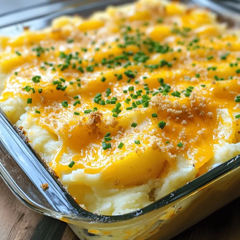 To make a delicious cheesy mashed potato casserole, you will need: - 4 large russet potatoes, peeled and cubed - 1/2 cup unsalted butter - 1 cup sour cream - 1 cup shredded sharp cheddar cheese - 1/2 cup milk - 1/4 cup chives, chopped - 1 teaspoon garlic powder - 1 teaspoon onion powder - Salt and pepper to taste - 1/2 cup breadcrumbs (optional for topping) - Extra cheese for topping (optional, e.g., mozzarella or more cheddar) These ingredients create a creamy and cheesy dish. Each item plays a role in making the casserole rich and satisfying. You will need some basic kitchen tools to prepare this dish: - A large pot for boiling potatoes - A colander for draining water - A potato masher or mixer for mashing - A mixing bowl for combining ingredients - A 9x13 inch casserole dish for baking - Measuring cups and spoons for accurate amounts Having these tools ready will help you cook smoothly and enjoy the process. You can make simple swaps if you need to. Here are some ideas: - Potatoes: You can use Yukon gold potatoes for a creamier texture. - Butter: Substitute with olive oil for a lighter option. - Sour Cream: Greek yogurt works well as a tangy alternative. - Cheese: Feel free to use any cheese you love, like Monterey Jack or gouda. - Breadcrumbs: Crushed crackers or panko can give a nice crunch. These substitutions allow you to customize the casserole to your taste. Enjoy experimenting! Start by peeling and cubing four large russet potatoes. Place the cubed potatoes in a big pot. Fill the pot with salted water until the potatoes are covered. Bring the water to a boil. Cook the potatoes for about 15 to 20 minutes. They should be fork-tender when done. This means a fork can easily pierce through them. Once cooked, drain the potatoes and return them to the pot. This helps keep all the heat in. Add 1/2 cup of unsalted butter to the hot potatoes. Next, pour in 1 cup of sour cream and 1/2 cup of milk. Sprinkle in 1 teaspoon of garlic powder and 1 teaspoon of onion powder. Don’t forget to add salt and pepper to taste. Now, mash everything together until smooth and creamy. This is where the magic begins! Once you have the base ready, gently fold in 1 cup of shredded sharp cheddar cheese and 1/4 cup of chopped chives. Mix until the cheese is evenly spread throughout. Preheat your oven to 375°F (190°C). Grease a 9x13 inch casserole dish. Transfer the cheesy mashed potatoes into this dish. If you want a crunchy top, sprinkle 1/2 cup of breadcrumbs over the mashed potatoes. You can also add extra cheese on top for a cheesy finish. Bake the casserole in the oven for about 25 to 30 minutes. Look for a golden brown and bubbly top when it’s ready. After baking, let it cool for a few minutes before serving. You can garnish with extra chives for color and flavor. For the complete recipe, check the Full Recipe section. To get the best texture for your cheesy mashed potato casserole, start with the right potatoes. I recommend using russet potatoes. They are fluffy and create a light mash. When you boil the potatoes, make sure they are fork-tender. This takes about 15-20 minutes. After draining, return them to the pot. This helps release steam, keeping your mash light. Seasoning is key to great flavor. I suggest using garlic powder and onion powder. These add a nice depth to the dish. Always taste as you go. Add salt and pepper to enhance the flavors. Don’t forget the chives! They give a fresh touch and a pop of color. For a creamier casserole, use both sour cream and milk. This combination works wonders. You can also add more butter for richness. If you want even more creaminess, consider mixing in extra cheese like mozzarella. This will create a gooey, delicious topping. For the ultimate comfort food, layer the cheese on top before baking. For the full recipe, check the details above! {{image_2}} Bacon adds a tasty crunch to your casserole. You can use cooked bacon bits or crispy lardons. Each bite becomes savory and smoky. To add bacon, cook it in a pan until crispy. Drain the fat and chop the bacon into small pieces. Mix the bacon into the cheesy mashed potatoes before baking. You can also sprinkle some on top for extra flair. This simple addition makes a big difference in flavor. Cheddar is great, but you can try other cheeses too. For a creamier texture, use cream cheese. It makes the casserole rich and smooth. You can also mix in mozzarella for a gooey stretch. Parmesan adds a sharp bite, while pepper jack gives a spicy kick. Feel free to blend different cheeses for unique flavors. The cheese you choose can change the whole dish. So, be bold and experiment! If you want to keep it vegetarian, there are many options. Adding spinach or kale boosts nutrition and flavor. Sauté them in olive oil before mixing them in. Mushrooms also add a wonderful earthy taste. Just chop them up and cook until soft. You can even throw in some roasted garlic for extra depth. These additions keep the dish exciting while making it filling. It’s all about finding the balance of flavors and textures. For the full recipe, click [here](#). After you enjoy your cheesy mashed potato casserole, store it properly. Let it cool down first. Then, place the leftovers in an airtight container. This helps keep it fresh longer. You can store it in the fridge for up to four days. Make sure to label the container with the date. When you are ready to enjoy the leftovers, reheating is simple. You can use the oven or microwave. If using the oven, preheat it to 350°F (175°C). Place the casserole in an oven-safe dish. Cover it with foil to keep moisture in. Heat for about 20-25 minutes. If using the microwave, place a portion on a microwave-safe plate. Heat for 1-2 minutes, or until warm. Stir halfway through for even heating. If you want to save the casserole for later, freezing works great. First, let it cool completely. Then, put it in a freezer-safe container. You can also wrap it tightly in foil or plastic wrap. This helps prevent freezer burn. It can last up to three months in the freezer. When you are ready to eat it, thaw it in the fridge overnight. Reheat it using the instructions above to bring back its creamy goodness. For the full recipe, check the section above. You can prepare Cheesy Mashed Potato Casserole a day in advance. Just follow these steps. First, boil and mash the potatoes as usual. Then, mix in the other ingredients, like cheese and butter. Instead of baking, cover the dish with plastic wrap and place it in the fridge. When you're ready to serve, remove the wrap and bake it. This will save you time on busy days. Yes, you can use other types of potatoes. While russet potatoes give a creamy texture, you can try Yukon Gold or red potatoes. Yukon Golds add a buttery flavor, while red potatoes keep more texture. Just peel and cube them like russets. The cooking times may vary slightly, but you want them fork-tender for mashing. Cheesy Mashed Potato Casserole pairs well with many dishes. Here are some great options: - Roasted Chicken: The rich flavors complement each other nicely. - Grilled Steak: A hearty meal that satisfies. - Steamed Vegetables: Broccoli or green beans add color and nutrition. - Salad: A fresh salad can balance the creaminess of the casserole. For more ideas, check the full recipe. In this blog post, we covered how to make a delicious Cheesy Mashed Potato Casserole. You learned the key ingredients and tools, plus tips for the best texture and flavor. I shared variations for adding bacon or veggies and provided storage tips for leftovers. Cooking should be fun and tasty. Experiment with your favorite ingredients to make this dish your own! Enjoy every bite of your creation.