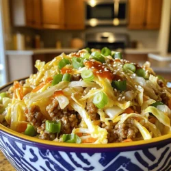 - Ground turkey or chicken - 3 cups coleslaw mix (cabbage and carrots) - 2 cloves garlic, minced - 1 tablespoon fresh ginger, grated I start with ground turkey or chicken for this dish. It gives a nice flavor and texture. Coleslaw mix adds crunch and freshness. Garlic and ginger bring warmth and depth. These main ingredients make the base of your egg roll in a bowl. - 1 tablespoon sesame oil - 3 tablespoons low-sodium soy sauce - 1 tablespoon rice vinegar - 1 teaspoon Sriracha (or to taste) Next, I use sesame oil for cooking. It adds a wonderful nutty taste. Low-sodium soy sauce gives the dish a savory kick without too much salt. Rice vinegar adds a tangy note, balancing the flavors. Sriracha adds heat, so adjust it to your liking. - 4 green onions, sliced - Sesame seeds for garnish - Salt and pepper to taste For garnish, I love adding sliced green onions. They bring color and a fresh bite. Sesame seeds make the dish look nice and add a bit of crunch. Finally, season with salt and pepper to taste. These extras elevate your egg roll in a bowl. For the full recipe, check out [Full Recipe]. - Preparing the Ingredients: Start by measuring out all your ingredients. This makes cooking easier. Chop the green onions, mince the garlic, and grate the ginger. Set these aside so they’re ready to use. - Heating the Skillet: Place a large skillet or wok on the stove. Pour in one tablespoon of sesame oil. Heat the oil over medium-high heat. You want it hot enough to sizzle when you add the meat. - Browning the Meat: Add one pound of ground turkey or chicken to the skillet. Use a spatula to break up the meat. Cook it for about 5-7 minutes until it turns brown and fully cooks. - Adding Aromatics and Vegetables: Stir in the minced garlic and grated ginger. Cook for another 30 seconds until you smell the aroma. Next, add three cups of coleslaw mix. Toss it with the meat until the cabbage and carrots start to wilt, which takes about 3-4 minutes. - Mixing Sauces and Final Cooking: In a small bowl, whisk together three tablespoons of low-sodium soy sauce, one tablespoon of rice vinegar, and one teaspoon of Sriracha. Pour this mixture over the skillet. Stir well to combine everything. Season with salt and pepper to taste. Let it cook for one more minute to meld the flavors. - Presentation Tips: Serve the dish hot in bowls. For a nice touch, sprinkle sesame seeds on top. The seeds add a lovely crunch and a pop of flavor. - Ideal Pairings: You can pair this dish with steamed rice or cauliflower rice. It also goes well with a side of pickled vegetables for a fresh crunch. For more details, check out the Full Recipe. - Ensuring Even Cooking To cook your meat well, break it apart as it heats. Use a spatula to make sure it cooks evenly. Stir it often to avoid browning in one spot. This keeps everything juicy and tasty. - Preventing Sogginess Avoid a soggy dish by not adding too much sauce at once. Pour in the sauce slowly while stirring. This helps coat the veggies and meat without making them too wet. Cook the coleslaw just enough to wilt it, about 3-4 minutes. - Adding More Vegetables You can add more veggies to boost the flavor and nutrition. Try bell peppers, snap peas, or mushrooms. Chop them small so they mix well with the coleslaw. This adds color and crunch to your meal. - Adjusting Spice Levels If you like more heat, add extra Sriracha or red pepper flakes. Taste your mix as you go. Adjust slowly to find the perfect spice level for you. This way, you can make it just right. - Meal Prep Ideas Egg Roll in a Bowl is great for meal prep. Cook a big batch and divide it into portions. Store them in airtight containers. This makes it easy to grab a healthy meal during the week. - Best Ways to Enjoy Leftovers Enjoy leftovers by reheating them in a skillet. This keeps the texture nice. You can also eat it cold as a salad. Top it with fresh green onions for a crunchy bite. For the full recipe, check out the Egg Roll in a Bowl. {{image_2}} Using Ground Beef or Pork You can swap ground turkey or chicken for ground beef or pork. Both options add rich flavor. Ground beef gives a hearty taste, while pork brings a slightly sweet touch. Cook them the same way as the turkey. Just make sure they are fully browned. Vegetarian and Vegan Options For vegetarian or vegan versions, use tofu or tempeh. Crumble or cube them into the skillet. They soak up flavors well. You can also use chickpeas for added protein. Cook them until heated through, just like the meat. Asian-inspired flavors To enhance the Asian flavors, try adding hoisin sauce or chili paste. These add a sweet and spicy kick. You can also include five-spice powder for a warm, aromatic taste. Just a pinch can transform your dish! Adding nuts or seeds For crunch, toss in chopped nuts like peanuts or cashews. You can also add sesame seeds for extra texture. These ingredients give a nice contrast to the soft veggies and meat. Incorporating seasonal vegetables Use fresh vegetables from your local market. Try bell peppers in summer or Brussels sprouts in winter. Seasonal veggies add color and nutrition. They can also change the flavor profile of your dish. Adjusting for holidays or special occasions For holiday meals, add festive ingredients. Try incorporating cranberries for a sweet twist or roasted sweet potatoes for a hearty touch. These changes make the dish feel special and unique. The recipe's flexibility ensures that you can enjoy it year-round. Each variation keeps the essence of the dish while adding your personal touch. For the full recipe, check out the section above. How do you store leftovers? Allow your Egg Roll in a Bowl to cool first. Then, place it in a container. A glass or plastic container with a tight lid works best. You want to keep the flavors fresh and tasty. What are the freezing instructions? You can freeze your Egg Roll in a Bowl. First, let it cool completely. Then, portion it into freezer-safe bags. Remove as much air as possible before sealing. This helps prevent freezer burn. What about reheating? Thaw the meal in the fridge overnight. Then, reheat in a skillet over medium heat. Stir until it’s hot all the way through. You can also use the microwave. Heat in a bowl for about 2-3 minutes, stirring halfway. How long does it last in the fridge? When stored properly, it lasts 3-4 days. Make sure to check the date you made it. What are the signs of spoilage? If it smells off or has a strange color, don’t eat it. Always trust your senses. If in doubt, throw it out. Egg Roll in a Bowl is a deconstructed version of a traditional egg roll. It has all the flavors but skips the wrapper. This dish is quick, easy, and packed with taste. It originated from the desire to enjoy egg roll flavors without the deep frying. You get the same great taste, but with fewer calories and less mess. Common Ingredients: - Ground turkey or chicken - Coleslaw mix (cabbage and carrots) - Garlic and ginger - Sesame oil - Low-sodium soy sauce - Rice vinegar - Sriracha These ingredients blend well and create a colorful, tasty meal in one bowl. You can easily customize this recipe to fit your needs. If you have dietary restrictions, swap in a different protein. Ground beef or tofu works great. You can also use gluten-free soy sauce if you need to avoid gluten. Personal Taste Adjustments: - Add more veggies like bell peppers or snap peas. - Adjust spice levels by adding more or less Sriracha. - Experiment with different sauces for a unique taste. You can make this dish your own by mixing in your favorite flavors. Yes, you can make Egg Roll in a Bowl ahead of time. This makes it perfect for meal prep. Cook the dish and let it cool before storing it. Use airtight containers for best results. Reheating Tips: - Heat it in a skillet over medium heat for even warming. - You can also use the microwave, but stir halfway through. Making this dish ahead of time saves you time on busy days. You can enjoy a delicious meal with ease! Egg Roll in a Bowl combines tasty ingredients for a quick, hearty meal. We discussed main ingredients, seasonings, and optional garnishes to elevate your dish. I shared simple steps for cooking and tips to enhance flavors. You learned about variations, storage options, and even some common questions. In the end, this dish offers endless possibilities. Feel free to adapt it to your taste and enjoy!