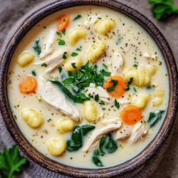 - 1 tablespoon olive oil - 1 pound boneless, skinless chicken breast, diced - 1 medium onion, finely chopped - 2 cloves garlic, minced - 3 medium carrots, diced - 3 celery stalks, diced - 1 teaspoon dried thyme - 1 teaspoon dried oregano - 4 cups chicken broth - 1 package (16 ounces) gnocchi (store-bought or homemade) - 1 cup heavy cream - 2 cups fresh spinach, roughly chopped - Salt and pepper to taste - Fresh parsley, chopped (for garnish) - Best chicken options: Use fresh boneless, skinless chicken breast. It cooks quickly and stays juicy. - Quality of broth: Choose a low-sodium chicken broth for a balanced flavor. Homemade broth adds depth if you have time. - Homemade versus store-bought gnocchi: Store-bought gnocchi saves time. Homemade gnocchi can be lighter and fluffier. - Dairy-free options for heavy cream: Use coconut cream or cashew cream for a dairy-free twist. - Vegetable alternatives for added nutrition: Add zucchini, kale, or bell peppers for more color and nutrients. For the complete recipe details, check out the Full Recipe. To start, you need to dice your chicken and vegetables. Cut the chicken into small, bite-sized pieces. Aim for uniformity to ensure even cooking. Next, take your onion and chop it finely. Mince the garlic as well. For carrots, peel and dice them into small cubes. Finally, chop the celery into similar-sized pieces as the carrots. Now, let's sauté. Heat olive oil in a large pot over medium heat. Add the diced chicken, sprinkle with salt and pepper, and cook until browned. This should take about 5 to 7 minutes. Once done, remove the chicken from the pot and set it aside. In the same pot, toss in the chopped onion, minced garlic, diced carrots, and celery. Sauté for 5 to 6 minutes. The veggies should soften and become aromatic. Next, stir in the dried thyme and oregano. Cook this for about a minute to release their flavors. Now, it’s time to simmer the gnocchi. Pour in the chicken broth and bring the mixture to a gentle simmer. Once simmering, add the gnocchi. Check the package instructions, as cooking usually takes just 2 to 3 minutes. You want the gnocchi to be soft but not mushy. Then, return the cooked chicken to the pot. Slowly stir in the heavy cream. Mix until everything is combined well. Next, add the chopped spinach. It will wilt in the warm soup. Stir it in gently. Before serving, taste the soup. Adjust the seasoning with more salt and pepper if needed. This step is key to making the soup flavorful. For presentation, ladle the soup into bowls. Garnish with freshly chopped parsley on top. This adds a nice touch of color and freshness. You can find the full recipe linked above for your convenience. Enjoy your creamy chicken gnocchi soup! To avoid mushy gnocchi, do not overcook them. Just cook until they float. This usually takes only a few minutes. If you cook them too long, they may break apart. Proper sautéing is key to bring out the best flavors. Use medium heat for the chicken and veggies. This helps to caramelize the onions and garlic. A nice golden color adds depth and taste. You can enhance the flavor with more spices. Add a pinch of red pepper flakes for warmth. Fresh herbs like basil or dill can brighten the soup. Consider a squeeze of lemon for a tangy note. Need more protein? Try adding shredded rotisserie chicken. You can also use cooked sausage for a hearty touch. Serve with warm, crusty bread for a cozy meal. A simple green salad pairs nicely to balance the soup's creaminess. For leftovers, store in an airtight container. The soup stays fresh for about three days in the fridge. Reheat gently on the stove to keep the creamy texture intact. For the full recipe, check the detailed instructions above. {{image_2}} Gluten-free adaptations You can make this soup gluten-free. Use gluten-free gnocchi. Many brands offer this option. Check the label to ensure it fits your needs. You can also thicken the soup with cornstarch instead of flour. This keeps the texture creamy and smooth. Vegetarian option For a vegetarian version, skip the chicken. Use vegetable broth instead of chicken broth. Replace chicken with beans or lentils for protein. You can add more veggies like zucchini and bell peppers. This adds flavor and nutrition to your soup. Incorporating seasonal vegetables Adding seasonal vegetables can change the taste. In spring, toss in asparagus or peas. In fall, consider butternut squash or sweet potatoes. These veggies add freshness and nutrition. They also make the soup more colorful and fun. Spicy twist on the classic soup Want some heat? Add a pinch of red pepper flakes while cooking. You could also stir in some diced jalapeños for a kick. This spicy twist will wake up your taste buds. Adjust the heat to match your preference. Creamy chicken gnocchi soup with a Mediterranean flair Add sun-dried tomatoes and olives for a Mediterranean vibe. You can also use fresh basil instead of parsley. This change gives the soup a unique flavor. It transports your taste buds to sunny coasts. Asian-inspired variations To create an Asian twist, use coconut milk instead of heavy cream. Add ginger and soy sauce for depth. Top with green onions and cilantro for a fresh touch. This fusion makes the soup exciting and different. For the full recipe, check out the [Full Recipe]. To keep your creamy chicken gnocchi soup fresh, use airtight containers. After it cools, pour it into a container and seal it tight. For the best taste, refrigerate it within two hours of cooking. If you want to store it longer, freeze it. Use freezer-safe bags or containers for freezing. This soup can last for about three months in the freezer. When ready to enjoy your soup again, reheat it gently. You can use a pot on the stove over low heat. Stir often so it heats evenly. You can also use a microwave, but do it in short bursts, stirring in between. To keep the creamy texture, avoid boiling the soup. Heat it just until warm. Eat your leftovers within three to four days if stored in the fridge. Check for signs of spoilage before eating. If you see mold or smell something off, it’s best to toss it. Enjoy your creamy chicken gnocchi soup while it’s fresh for the best flavor! You can find the full recipe above. Gnocchi is a type of pasta. It is often made from potatoes. Some gnocchi uses flour and eggs, while others use ricotta or semolina. The dough is rolled and cut into small pieces. These pieces have a soft, pillowy texture. You can find both store-bought and homemade gnocchi. Store-bought is quick and easy, while homemade can be fun to make. Yes, you can make creamy chicken gnocchi soup ahead of time. To do this, prepare the soup as directed. Let it cool before storing it. Keep the soup in an airtight container. It can last in the fridge for about three days. If you want to store it longer, freeze it. When you’re ready to eat, thaw and reheat it on low heat. Creamy chicken gnocchi soup pairs well with several side dishes. Here are some great options: - Crusty bread: A slice of fresh bread is perfect for dipping. - Salad: A light green salad balances the soup's creaminess. - Roasted vegetables: Add nutrition and flavor with roasted veggies. - Cheese: A sprinkle of Parmesan can add a nice touch. These sides enhance the meal and make it more filling. For the full recipe, check the section above. This blog post covered how to make a creamy chicken gnocchi soup. I shared ingredient lists, cooking steps, and tips for success. I also offered variations and storage advice. Making this dish can be fun and rewarding. You can adjust flavors, use fresh ingredients, and try different options. Enjoy the tasty experience of creating this comforting meal. Keeping it fresh will add to your enjoyment.