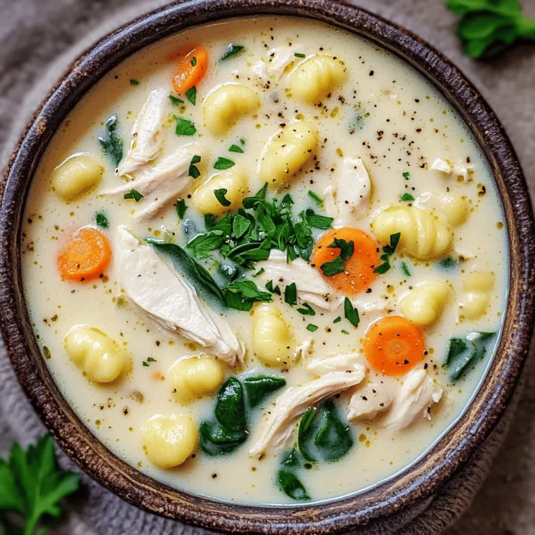 - 1 tablespoon olive oil - 1 pound boneless, skinless chicken breast, diced - 1 medium onion, finely chopped - 2 cloves garlic, minced - 3 medium carrots, diced - 3 celery stalks, diced - 1 teaspoon dried thyme - 1 teaspoon dried oregano - 4 cups chicken broth - 1 package (16 ounces) gnocchi (store-bought or homemade) - 1 cup heavy cream - 2 cups fresh spinach, roughly chopped - Salt and pepper to taste - Fresh parsley, chopped (for garnish) - Best chicken options: Use fresh boneless, skinless chicken breast. It cooks quickly and stays juicy. - Quality of broth: Choose a low-sodium chicken broth for a balanced flavor. Homemade broth adds depth if you have time. - Homemade versus store-bought gnocchi: Store-bought gnocchi saves time. Homemade gnocchi can be lighter and fluffier. - Dairy-free options for heavy cream: Use coconut cream or cashew cream for a dairy-free twist. - Vegetable alternatives for added nutrition: Add zucchini, kale, or bell peppers for more color and nutrients. For the complete recipe details, check out the Full Recipe. To start, you need to dice your chicken and vegetables. Cut the chicken into small, bite-sized pieces. Aim for uniformity to ensure even cooking. Next, take your onion and chop it finely. Mince the garlic as well. For carrots, peel and dice them into small cubes. Finally, chop the celery into similar-sized pieces as the carrots. Now, let's sauté. Heat olive oil in a large pot over medium heat. Add the diced chicken, sprinkle with salt and pepper, and cook until browned. This should take about 5 to 7 minutes. Once done, remove the chicken from the pot and set it aside. In the same pot, toss in the chopped onion, minced garlic, diced carrots, and celery. Sauté for 5 to 6 minutes. The veggies should soften and become aromatic. Next, stir in the dried thyme and oregano. Cook this for about a minute to release their flavors. Now, it’s time to simmer the gnocchi. Pour in the chicken broth and bring the mixture to a gentle simmer. Once simmering, add the gnocchi. Check the package instructions, as cooking usually takes just 2 to 3 minutes. You want the gnocchi to be soft but not mushy. Then, return the cooked chicken to the pot. Slowly stir in the heavy cream. Mix until everything is combined well. Next, add the chopped spinach. It will wilt in the warm soup. Stir it in gently. Before serving, taste the soup. Adjust the seasoning with more salt and pepper if needed. This step is key to making the soup flavorful. For presentation, ladle the soup into bowls. Garnish with freshly chopped parsley on top. This adds a nice touch of color and freshness. You can find the full recipe linked above for your convenience. Enjoy your creamy chicken gnocchi soup! To avoid mushy gnocchi, do not overcook them. Just cook until they float. This usually takes only a few minutes. If you cook them too long, they may break apart. Proper sautéing is key to bring out the best flavors. Use medium heat for the chicken and veggies. This helps to caramelize the onions and garlic. A nice golden color adds depth and taste. You can enhance the flavor with more spices. Add a pinch of red pepper flakes for warmth. Fresh herbs like basil or dill can brighten the soup. Consider a squeeze of lemon for a tangy note. Need more protein? Try adding shredded rotisserie chicken. You can also use cooked sausage for a hearty touch. Serve with warm, crusty bread for a cozy meal. A simple green salad pairs nicely to balance the soup's creaminess. For leftovers, store in an airtight container. The soup stays fresh for about three days in the fridge. Reheat gently on the stove to keep the creamy texture intact. For the full recipe, check the detailed instructions above. {{image_2}} Gluten-free adaptations You can make this soup gluten-free. Use gluten-free gnocchi. Many brands offer this option. Check the label to ensure it fits your needs. You can also thicken the soup with cornstarch instead of flour. This keeps the texture creamy and smooth. Vegetarian option For a vegetarian version, skip the chicken. Use vegetable broth instead of chicken broth. Replace chicken with beans or lentils for protein. You can add more veggies like zucchini and bell peppers. This adds flavor and nutrition to your soup. Incorporating seasonal vegetables Adding seasonal vegetables can change the taste. In spring, toss in asparagus or peas. In fall, consider butternut squash or sweet potatoes. These veggies add freshness and nutrition. They also make the soup more colorful and fun. Spicy twist on the classic soup Want some heat? Add a pinch of red pepper flakes while cooking. You could also stir in some diced jalapeños for a kick. This spicy twist will wake up your taste buds. Adjust the heat to match your preference. Creamy chicken gnocchi soup with a Mediterranean flair Add sun-dried tomatoes and olives for a Mediterranean vibe. You can also use fresh basil instead of parsley. This change gives the soup a unique flavor. It transports your taste buds to sunny coasts. Asian-inspired variations To create an Asian twist, use coconut milk instead of heavy cream. Add ginger and soy sauce for depth. Top with green onions and cilantro for a fresh touch. This fusion makes the soup exciting and different. For the full recipe, check out the [Full Recipe]. To keep your creamy chicken gnocchi soup fresh, use airtight containers. After it cools, pour it into a container and seal it tight. For the best taste, refrigerate it within two hours of cooking. If you want to store it longer, freeze it. Use freezer-safe bags or containers for freezing. This soup can last for about three months in the freezer. When ready to enjoy your soup again, reheat it gently. You can use a pot on the stove over low heat. Stir often so it heats evenly. You can also use a microwave, but do it in short bursts, stirring in between. To keep the creamy texture, avoid boiling the soup. Heat it just until warm. Eat your leftovers within three to four days if stored in the fridge. Check for signs of spoilage before eating. If you see mold or smell something off, it’s best to toss it. Enjoy your creamy chicken gnocchi soup while it’s fresh for the best flavor! You can find the full recipe above. Gnocchi is a type of pasta. It is often made from potatoes. Some gnocchi uses flour and eggs, while others use ricotta or semolina. The dough is rolled and cut into small pieces. These pieces have a soft, pillowy texture. You can find both store-bought and homemade gnocchi. Store-bought is quick and easy, while homemade can be fun to make. Yes, you can make creamy chicken gnocchi soup ahead of time. To do this, prepare the soup as directed. Let it cool before storing it. Keep the soup in an airtight container. It can last in the fridge for about three days. If you want to store it longer, freeze it. When you’re ready to eat, thaw and reheat it on low heat. Creamy chicken gnocchi soup pairs well with several side dishes. Here are some great options: - Crusty bread: A slice of fresh bread is perfect for dipping. - Salad: A light green salad balances the soup's creaminess. - Roasted vegetables: Add nutrition and flavor with roasted veggies. - Cheese: A sprinkle of Parmesan can add a nice touch. These sides enhance the meal and make it more filling. For the full recipe, check the section above. This blog post covered how to make a creamy chicken gnocchi soup. I shared ingredient lists, cooking steps, and tips for success. I also offered variations and storage advice. Making this dish can be fun and rewarding. You can adjust flavors, use fresh ingredients, and try different options. Enjoy the tasty experience of creating this comforting meal. Keeping it fresh will add to your enjoyment.