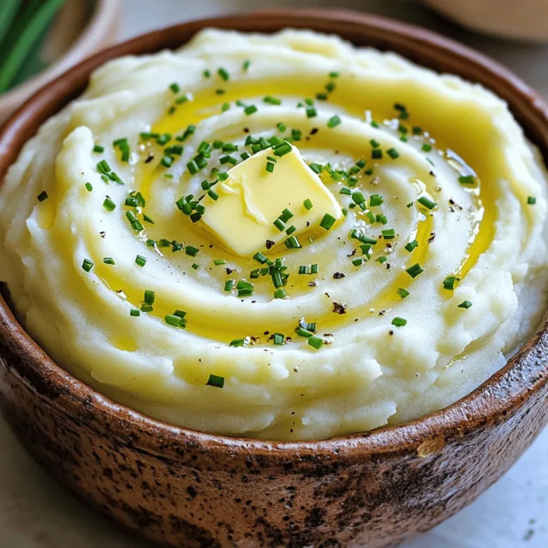 - 2 pounds russet potatoes, peeled and cubed - 4 cloves garlic, minced - 1 cup heavy cream - 4 tablespoons unsalted butter - Salt and pepper to taste - ¼ cup chives, chopped (for garnish) - ½ teaspoon garlic powder (optional) When I cook creamy garlic mashed potatoes, I always start with russet potatoes. They have the right starch content. This gives the mash a fluffy texture. Other potatoes, like Yukon gold, can work too. They will give a creamier texture but may be denser. Russet potatoes are my go-to for this dish. They absorb flavors well and turn light when mashed. If you want a different texture, try using red potatoes. They hold their shape better and add a unique bite. For an extra kick, I love to add cheese. Cream cheese or sharp cheddar is great. You could also try sour cream for tanginess. Herbs like thyme or rosemary can add depth to the flavor. Mix in some black pepper for a subtle heat. Start by peeling and cubing the russet potatoes. Place them in a large pot and cover with cold water. I always add a generous pinch of salt at this stage. This helps the potatoes absorb flavor. Using cold water is key because it ensures even cooking. If you start with hot water, the outside cooks too fast. Once the water boils, reduce the heat to medium. Simmer the potatoes for about 15 to 20 minutes. You can test for doneness by using a fork. If it slides in easily, they’re ready. To prevent waterlogged potatoes, avoid overcooking. Drain them well before mashing. While the potatoes cook, melt the unsalted butter in a small saucepan over medium heat. Once melted, add the minced garlic. Cook it for about 2 minutes until fragrant, stirring often so it doesn’t burn. Timing is crucial here; you want the garlic ready when the potatoes finish. After draining the potatoes, return them to the pot. Here, you can choose between a potato masher or a hand mixer. I prefer a masher for a thicker texture. Mash until the potatoes are smooth and creamy. If you want them extra creamy, a hand mixer works well. Just be careful not to over-mix, or they can become gluey. Now it’s time to add the flavor. Pour in the heavy cream and the melted garlic butter. If you’re using garlic powder for extra flavor, add it now. Season with salt and pepper to taste. Stir until everything is well combined. You can adjust the cream to reach your preferred consistency. Enjoy this comforting side dish! For the full recipe, check out the details above. To get the best creamy texture in your mashed potatoes, start with warm ingredients. Use warm heavy cream and melted butter. This helps the potatoes absorb moisture better. If you mix cold cream, it can cool the potatoes, making them dense. Avoid over-mixing your potatoes. When you mash them too much, they can turn gluey. Just mash until smooth, then stop. It’s better to have a few lumps than a gummy texture. Garlic plays a key role in making these mashed potatoes special. It adds a rich, savory taste that balances well with the creaminess. Cook the garlic gently in butter to bring out its sweetness. The longer you cook garlic, the more mellow it becomes. You can add richness by mixing in cheese. Cream cheese, sour cream, or even cheddar will elevate the dish. Try a bit of roasted garlic for a deeper flavor. You can also use fresh herbs like thyme or rosemary for a fresh twist. Creamy garlic mashed potatoes pair well with many proteins. They are great with roast chicken, steak, or grilled fish. These potatoes also complement veggies like asparagus or green beans. For special occasions, think about how you present them. Use a rustic bowl and create a swirl on top with a spoon. Garnish with extra chives and a pat of butter. This adds a nice touch and makes the dish even more inviting. For the full recipe, check out the earlier section. {{image_2}} You can create herb-infused mashed potatoes by adding fresh herbs. Try rosemary, thyme, or parsley. Chop them finely and mix them in at the end. You can also use herb oils for a rich flavor. Drizzle a few teaspoons of herb oil while mashing for a fragrant touch. This adds a nice twist to the classic dish. For a vegan version, swap out the heavy cream with plant-based options. Coconut cream or almond milk works well. Choose plant-based butter instead of regular butter. Brands like Earth Balance make great alternatives. These swaps keep the taste rich while being dairy-free. If you like some heat, add chili flakes for a spicy kick. Start with a small amount and adjust to your taste. Roasting garlic adds depth and sweetness. Just roast a whole bulb until soft, then blend it in. This variation gives a bold flavor that makes the dish exciting. For the full recipe, check out the Creamy Garlic Mashed Potatoes section above. Store leftover mashed potatoes in an airtight container. This keeps them fresh and tasty. You can place the container in your fridge. Mashed potatoes last about three to five days when stored this way. To freeze mashed potatoes, let them cool first. Scoop them into freezer-safe bags or containers. Remove as much air as possible before sealing. This helps prevent freezer burn. When you want to use them, thaw in the fridge overnight. Reheat on the stove or in the microwave. Stir well to keep the texture creamy. You can use leftover mashed potatoes in many fun ways. Mix them into soups for added creaminess. Shape them into patties and fry for tasty potato cakes. You can even add them to casseroles or pies. Each idea puts a new spin on your original dish and reduces waste. To make creamy garlic mashed potatoes, start with russet potatoes. Peel and cube about 2 pounds. Boil them in salted water until fork-tender, around 15 to 20 minutes. While they cook, melt 4 tablespoons of unsalted butter in a pan and add 4 cloves of minced garlic. Cook until fragrant. Once the potatoes are done, drain them and return them to the pot. Mix in the melted garlic butter and 1 cup of heavy cream. Mash until smooth. Finally, season with salt and pepper to taste. For the full recipe, check out the detailed instructions. Yes, you can use different types of potatoes. Each type gives a unique texture. Russet potatoes are fluffy and absorb flavors well. Yukon Gold potatoes are creamier and richer in taste. Red potatoes have a waxy texture, making them less fluffy but still tasty. Choose based on your desired texture! If you want garlic mashed potatoes without cream, use alternatives like chicken broth or vegetable broth. You can also use milk or almond milk for a lighter option. For creaminess, try adding sour cream or Greek yogurt. These options still give a flavorful and smooth result. Creamy garlic mashed potatoes pair well with many dishes. They complement roasted meats like chicken or beef. You can serve them with grilled vegetables for a lighter meal. They also work great with rich sauces or gravies, adding depth to your plate. If your mashed potatoes turn out dry, you can fix them easily. Add a bit of warm milk or broth to moisten them. Stir gently until you reach your desired consistency. If they are still too thick, try adding melted butter or olive oil for richness. This article covered how to make creamy garlic mashed potatoes. We looked at key ingredients, methods, and tips for the best results. You learned about potato types, optional add-ins, and storage ideas. Remember, the right potatoes and careful mashing make a big difference. Enjoy creating your unique dish! Try adding herbs or cheese for extra flavor. With practice, you'll make the perfect mashed potatoes every time.