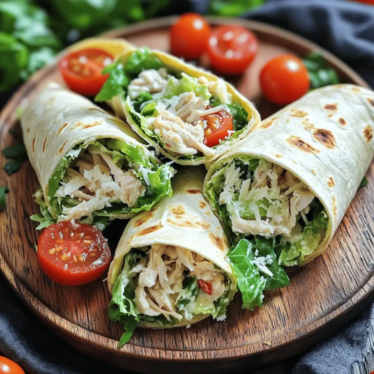 To make tasty Chicken Caesar Wraps, you need simple ingredients. Here is what you will need: - 2 cups cooked chicken breast, shredded - 1 cup romaine lettuce, chopped - 1/2 cup Caesar dressing (homemade is best) - 1/4 cup grated Parmesan cheese - 1/4 cup cherry tomatoes, halved - 4 large tortillas or wraps - Freshly cracked black pepper to taste - Optional: Croutons for added crunch These ingredients are easy to find. You can use any cooked chicken. Leftover chicken works well. If you want a fresh taste, make your own Caesar dressing. It adds a unique flavor. The romaine lettuce gives a nice crunch. Parmesan cheese adds a rich taste. Cherry tomatoes bring a pop of color and sweetness. You can use any type of tortilla or wrap. Whole wheat or spinach wraps are great options. Don't forget the black pepper! It enhances the flavors. If you like extra crunch, add croutons. They can make your wraps fun to eat. You can find all these ingredients in your local store. Check your pantry for what you already have. For the full recipe, refer to the main article. Combining ingredients Start by taking a large mixing bowl. Add 2 cups of shredded chicken. Then, toss in 1 cup of chopped romaine lettuce. Pour in 1/2 cup of Caesar dressing. If you want a special touch, use homemade dressing. Sprinkle in 1/4 cup of grated Parmesan cheese. Mix everything well until it's all coated. Finally, add 1/4 cup of halved cherry tomatoes. Gently fold them in. Season with freshly cracked black pepper to taste. If you love crunch, toss in some crushed croutons now. Assembling the wrap Grab a large tortilla or wrap. Lay it flat on a clean surface. Spoon some of the chicken Caesar mixture into the center. Make sure not to overfill. Fold in the sides of the tortilla. Then roll it up tightly from the bottom. This keeps all the tasty filling inside. Slicing and serving tips After making all the wraps, you can slice each one in half diagonally. This gives a nice look! If you want, secure each half with a toothpick. Serve the wraps on a colorful plate. For an extra touch, sprinkle more Parmesan on top and add some cherry tomato halves for decoration. You can also serve a little Caesar dressing on the side for dipping. Enjoy your tasty Chicken Caesar Wraps! For more detailed instructions, refer to the Full Recipe. To make the best wraps, start with homemade Caesar dressing. Combine olive oil, lemon juice, garlic, Dijon mustard, and Parmesan cheese. This mix gives your wraps a fresh taste. You can find many easy recipes online. Next, choose the right tortillas. Large, soft tortillas work best. Whole wheat adds extra fiber. You can also try spinach or sun-dried tomato tortillas for added flavor. These choices make your wraps more colorful and fun. For meal prep, keep things quick. Cook extra chicken during your week. Store it in the fridge for easy use. You can also prepare the dressing ahead of time. Mix all your ingredients in one bowl; it saves time. Lastly, assemble your wraps right before eating. This keeps the lettuce crisp. If you have leftovers, store them in an airtight container. Enjoy your Chicken Caesar Wraps fresh and tasty! For the full recipe, check out the details above. {{image_2}} Chicken Caesar wraps are so versatile! You can change them to match your tastes. Here are some fun and easy ideas. - Vegetarian versions: You can skip the chicken and use grilled veggies instead. Try zucchini, peppers, or mushrooms. Add some chickpeas for protein. This keeps the wrap filling and tasty. - Gluten-free alternatives: If you're avoiding gluten, use gluten-free tortillas. They work just as well as regular ones. You can also use lettuce leaves as wraps. This cuts carbs and adds crunch. - Adding extra veggies: Want to boost nutrition? Toss in some spinach, cucumbers, or carrots. Add these to the mix before wrapping. They bring color and taste to each bite. These variations let you enjoy Chicken Caesar wraps any way you like! Feel free to mix and match as needed. For the full recipe, check out the details above. You can keep your leftover Chicken Caesar Wraps fresh with proper storage. - Refrigeration tips: Wrap each Chicken Caesar Wrap tightly in plastic wrap or place them in an airtight container. Store them in the fridge. They will stay good for up to three days. - Freezing options and duration: If you want to keep them longer, you can freeze the wraps. Wrap each one in foil or freezer-safe wrap. Place them in a freezer bag. They can last up to three months in the freezer. - Best practices for reheating: To reheat, take a wrap from the fridge or freezer. If frozen, let it thaw in the fridge overnight. Heat it in a pan over low heat for about 5-7 minutes, flipping once. This keeps the wrap warm and soft without drying it out. You can also use a microwave for quick reheating, but it can make the wrap soggy. Remember, always check for freshness before eating. Enjoy your Chicken Caesar Wraps fresh and tasty! For the complete recipe, check out the Full Recipe. Can I use rotisserie chicken? Yes, rotisserie chicken works great in these wraps. It saves time and adds flavor. Just shred the chicken and mix it in with the other ingredients. You can enjoy a tasty meal in no time. How many calories are in a Chicken Caesar Wrap? A Chicken Caesar Wrap has about 400 to 500 calories. This can change based on your ingredients. For a lighter option, use less dressing or skip the croutons. What side dishes pair well with Chicken Caesar Wraps? Many sides go well with these wraps. Try a fresh fruit salad or some crunchy veggie sticks. You can also add a light soup or a side of chips for a fun crunch. These pairings make your meal complete and satisfying. For the full recipe, check out the detailed steps above. Enjoy your cooking! Chicken Caesar wraps are easy to make and tasty. You need simple ingredients like chicken, lettuce, and Caesar dressing. Follow the steps to combine and assemble, ensuring perfect wraps every time. Use our tips to make your own dressing and choose the best tortillas. Try variations like vegetarian or gluten-free options for added flair. Store leftovers properly to enjoy them later. These wraps are versatile and fun! Now you can enjoy a quick meal that satisfies your taste and diet preferences.