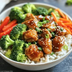 - 500g boneless chicken thighs, cubed - 2 tablespoons olive oil - 1 cup jasmine rice - 2 cups water - 1 cup broccoli florets - 1 red bell pepper, sliced - 1 carrot, julienned - 3 green onions, chopped - 4 tablespoons soy sauce - 2 tablespoons honey - 1 tablespoon ginger, minced - 1 tablespoon garlic, minced - 1 teaspoon sesame oil - Sesame seeds for garnish In this recipe, chicken thighs bring rich flavor and juiciness. Jasmine rice provides a light and fluffy base. Fresh vegetables add color and crunch. This mix creates a balanced meal. - Additional vegetables like snap peas or zucchini - Spices and seasonings such as crushed red pepper or black pepper You can customize your teriyaki chicken bowls. Adding more veggies boosts nutrients and flavor. Spices can add a kick if you like heat. - Large pan for cooking - Medium saucepan for rice - Cooking utensils like spatula and knife - Measuring cups and spoons Having the right tools makes cooking easy. A large pan helps to cook the chicken and veggies evenly. Be sure to measure your ingredients for best results. For the full recipe, check out the instructions to create your delicious teriyaki chicken bowls! To start, you need to marinate the chicken. In a bowl, mix cubed chicken thighs with soy sauce, honey, minced ginger, minced garlic, and sesame oil. This blend adds great flavor. I suggest marinating for at least 15 minutes. The longer you wait, the more flavor the chicken absorbs. Timing is key here; don’t skip this step, as it makes a big difference. Next, let's cook the rice. Rinse jasmine rice under cold water until the water runs clear. This helps remove excess starch. In a medium saucepan, bring 2 cups of water to a boil. Add the rinsed rice, cover, and lower the heat. Cook for about 15 minutes. This method gives you fluffy rice. After cooking, let it sit covered for 5 minutes. This helps the grains relax. While the rice cooks, heat olive oil in a large pan over medium heat. Add broccoli, red bell pepper, and carrot. Stir-fry these veggies for about 5-7 minutes. You want them tender but still crunchy. Remove them from the pan to keep their bright colors and crisp texture. Now, it’s time to cook the chicken. In the same pan, add the marinated chicken. Use a medium-high heat for even cooking. Cook it for 6-8 minutes until it turns golden brown. Pour in the reserved marinade and cook for another 2-3 minutes. This thickens the sauce and coats the chicken beautifully. Check that the chicken is fully cooked. Let’s put everything together! Fluff the cooked rice with a fork. Take a serving of rice and place it in a bowl. Top it with your sautéed vegetables and the teriyaki chicken. Layering adds visual appeal and makes each bite delicious. For the finishing touch, sprinkle sesame seeds and chopped green onions on top. These toppings add flavor and a nice crunch. They also make your teriyaki chicken bowls look extra inviting. Enjoy your meal! For the full recipe, check out the detailed steps above. To make the best teriyaki chicken, marinating is key. You should marinate the chicken for at least 15 minutes. This time allows the flavors to soak in. If you can, let it sit longer. A few hours or overnight makes a huge difference. To avoid dryness, cook the chicken over medium heat. This keeps the chicken juicy. Use a meat thermometer to check for doneness. Chicken should reach 165°F (75°C). Avoid overcooking, as this can lead to a tough texture. When cooking for meal prep, store portions in airtight containers. This keeps the chicken fresh and tasty. You can separate the rice and veggies from the chicken. This way, the flavors stay vibrant. For reheating, use the microwave for quick results. Heat in short bursts to avoid overcooking. You can also use a skillet on low heat. This method keeps the chicken from drying out. Just add a splash of water to create steam. Pair your teriyaki chicken bowls with sides like steamed edamame or a fresh salad. These sides add crunch and balance the meal. For beverages, green tea works well with teriyaki flavors. It adds a refreshing touch. You can also enjoy a light beer or a fruity soda. These drinks complement the sweet and savory notes of the dish. {{image_2}} You can easily change the protein in your teriyaki chicken bowls. Tofu is a great choice for a vegetarian meal. It soaks up flavor and adds a nice texture. Just press it to remove excess water and cut it into cubes. Marinate it just like you would the chicken. Seafood can also work well. Shrimp or salmon brings a different taste and cooks quickly. Remember to adjust your cooking time. Cook shrimp for just a few minutes until they turn pink. For salmon, aim for 5-7 minutes until it flakes easily. You can use both homemade and store-bought teriyaki sauce. Homemade sauce lets you control the flavors. It typically includes soy sauce, honey, and ginger. If you use a store-bought sauce, look for one with less sugar and no added preservatives. Want to mix it up? Try different sauces! Hoisin sauce adds sweetness, while sriracha can bring heat. Each sauce gives a unique twist to your bowls. Switching your grains is an easy way to change the dish. Brown rice is a healthier option. It has more fiber and a nutty taste. Quinoa is another choice; it’s protein-rich and gluten-free. Seasonal vegetables can also change your bowls. In summer, add zucchini and corn. In fall, try roasted sweet potatoes or Brussels sprouts. Mixing in seasonal veggies keeps your dish fresh and exciting. Check out the full recipe for more ideas! To store leftover teriyaki chicken bowls, let them cool first. Place them in an airtight container. This keeps the flavors fresh and safe. You can store them in the fridge for up to 3 days. Always check for any signs of spoilage before eating. You can freeze teriyaki chicken bowls for later use. Place cooled servings in freezer-safe bags or containers. Remove as much air as possible to prevent freezer burn. You can freeze them for up to 2 months. When ready to eat, thaw in the fridge overnight. To reheat, warm them in the microwave or on the stove until hot. Leftover teriyaki chicken can be fun! You can turn them into a stir-fry with rice or noodles. Add some extra veggies for a new twist. Always check that leftovers are heated to 165°F for safety. If you see any strange odors or colors, it’s best to toss them. Enjoy your meals safely! To make teriyaki sauce, you need just a few items. Combine 4 tablespoons of soy sauce, 2 tablespoons of honey, 1 tablespoon of ginger, and 1 tablespoon of garlic in a bowl. Mix them well. This simple homemade recipe gives your chicken a rich flavor, perfect for your teriyaki chicken bowls. Yes, you can use chicken breasts. However, chicken thighs provide more flavor and moisture. Thighs are also more forgiving if slightly overcooked. Chicken breasts can dry out faster. If you prefer breasts, marinate them well to boost flavor and keep them juicy. Many vegetables work well with teriyaki chicken. I recommend broccoli, bell peppers, and carrots. These add color, crunch, and nutrition. You can also add snap peas or zucchini for extra flavor. Choose veggies you love to make the dish your own. Marinate the chicken for at least 15 minutes. This time helps the chicken absorb the flavors. For even better results, marinate for 30 minutes or more. Just keep it in the fridge. This process maximizes flavor absorption and makes each bite delicious. Teriyaki chicken bowls can be healthy! They offer protein from chicken and vitamins from vegetables. To make them even healthier, use brown rice instead of white. Add more veggies and reduce the amount of sauce. This way, you keep the great taste while making a nutritious meal. You now know how to make delicious teriyaki chicken bowls at home. We covered key ingredients, useful equipment, and step-by-step cooking methods. You learned important tips to avoid dryness and how to store leftovers properly. Feel free to experiment with variations, like protein swaps and different sauces. With practice, you can perfect this dish to suit your taste. Enjoy your cooking journey and share your creations with friends!
