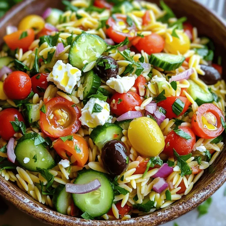 To make a vibrant Greek Orzo Salad, gather these fresh ingredients: - 1 cup orzo pasta - 1 1/2 cups cherry tomatoes, halved - 1 cucumber, diced - 1/2 red onion, finely chopped - 1/2 cup Kalamata olives, pitted and sliced - 1/2 cup feta cheese, crumbled - 2 tablespoons fresh parsley, chopped - 2 tablespoons fresh mint, chopped - 1/4 cup olive oil - 2 tablespoons lemon juice - Salt and pepper to taste This recipe brings together fresh veggies, herbs, and pasta. The orzo provides a nice base. I love how the cherry tomatoes burst with flavor. The cucumber adds a cool crunch. Kalamata olives give a salty bite, while feta cheese adds creaminess. Fresh parsley and mint bring brightness to the dish. With olive oil and lemon juice, you create a simple, tasty dressing. The salt and pepper enhance the flavors. Feel free to explore the full recipe for detailed instructions on making this delicious salad! Start by bringing a pot of salted water to a boil. You want enough water to allow the orzo to cook evenly. Once boiling, add 1 cup of orzo pasta. Cook it for about 8 to 10 minutes, or until it is al dente. Stir occasionally to prevent sticking. Drain the orzo in a colander and set it aside to cool. In a large bowl, combine the following fresh ingredients: - 1 1/2 cups cherry tomatoes, halved - 1 cucumber, diced - 1/2 red onion, finely chopped - 1/2 cup Kalamata olives, pitted and sliced - 1/2 cup feta cheese, crumbled Gently mix these ingredients together. Next, add the cooled orzo to this colorful mix. Stir everything gently, so the flavors blend without breaking the tomatoes or feta. In a small bowl, whisk together: - 1/4 cup olive oil - 2 tablespoons lemon juice - Salt and pepper to taste This simple dressing adds a bright flavor. Taste it and adjust the seasoning if needed. You want it to enhance the salad, not overpower it. Pour the dressing over the salad mixture. Toss gently to coat all the ingredients. Then, add: - 2 tablespoons fresh parsley, chopped - 2 tablespoons fresh mint, chopped Give the salad one final toss to mix in the herbs. Let it sit for at least 15 minutes. This waiting time allows the flavors to meld together beautifully. For the full recipe, check out the Mediterranean Orzo Delight. To boost the taste of your Greek Orzo Salad, try these seasonings: - Oregano - Dill - Garlic powder You can garnish with lemon zest or extra herbs. If you want a twist, swap Kalamata olives for green olives. You can also use sun-dried tomatoes instead of fresh ones for a richer flavor. To avoid mushy orzo, cook it just until al dente. This means it should be firm when you bite into it. After draining, rinse it with cold water to stop the cooking. When mixing the salad, fold the ingredients gently. This keeps the feta intact and preserves the crunch of the veggies. Pair this salad with grilled chicken or fish for a complete meal. It also goes well with pita bread or hummus. Serve it cold for a refreshing dish, or let it sit at room temperature for about 30 minutes to enhance the flavors. Enjoy it on a warm day as a light lunch or side dish. You can find the Full Recipe to make this delightful dish! {{image_2}} You can change the vegetables and herbs in Greek Orzo Salad. Try bell peppers or zucchini for crunch. Fresh basil or dill can give a new flavor twist. If you need a gluten-free option, use rice or quinoa pasta. Both work well and keep the dish light. To make your salad heartier, add protein. Chickpeas are a great choice and add fiber. Grilled chicken offers a nice smoky taste. If you love seafood, shrimp adds a fresh touch. For cheese lovers, swap feta for goat cheese or mozzarella. Each cheese brings its unique flavor. While a classic vinaigrette is tasty, you can try new dressings. A balsamic vinaigrette can add sweetness. You can also infuse olive oil with garlic or rosemary for extra flavor. These alternatives keep the dish exciting and fresh. For the full recipe, check out Mediterranean Orzo Delight. To keep your Greek orzo salad fresh, store leftovers in an airtight container. This helps lock in flavor and moisture. Glass containers are great since they do not absorb odors. You can also use plastic containers, but make sure they are safe for food storage. When stored in the fridge, your orzo salad lasts about 3 to 5 days. Always check for signs of spoilage. If you see mold or a sour smell, it’s best to toss it. Fresh ingredients can change quickly, so always trust your senses. You can enjoy your orzo salad cold or at room temperature. If you prefer warm, gently heat it in a pan. Add a splash of olive oil to help maintain its flavor and moisture. Serve it right after gently reheating for the best taste. For more details on making this delicious dish, check out the Full Recipe. To make Greek Orzo Salad ahead of time, prepare the salad as normal. Store it in an airtight container in the fridge. This keeps the flavors fresh. I suggest adding the herbs just before serving. This helps them stay bright and colorful. The salad can last up to three days in the fridge. If you want to keep it longer, store the dressing separately. Mix it in when you are ready to serve. This way, your salad stays crisp and tasty. You can serve Greek Orzo Salad warm or cold. If you want it warm, serve it right after mixing. Warm orzo gives a nice texture. Cold salads are refreshing, especially on hot days. Chill it for at least 30 minutes before serving. This allows the flavors to blend well. For a touch of flair, add fresh herbs on top when serving. It makes the salad visually appealing and aromatic. Yes, you can make Greek Orzo Salad vegan. Simply replace the feta cheese with a vegan option. You can use crumbled tofu or a nut-based cheese. For olives, ensure they are packed without any animal products. The rest of the ingredients are already vegan-friendly. Feel free to load up on fresh veggies or add chickpeas for protein. This keeps the salad hearty and nutritious. Remember, the flavors still shine through without dairy! This blog post covered how to make a delicious Greek Orzo Salad. You learned about the key ingredients, step-by-step cooking instructions, and helpful tips. I shared variations and storage advice to keep your salad fresh. Remember, this dish is versatile and easy to customize. You can make it your own by swapping ingredients or adjusting flavors. Enjoy fresh flavors and colorful veggies in every bite. This salad will impress your friends and family. Now, it's time to grab your ingredients and start cooking!