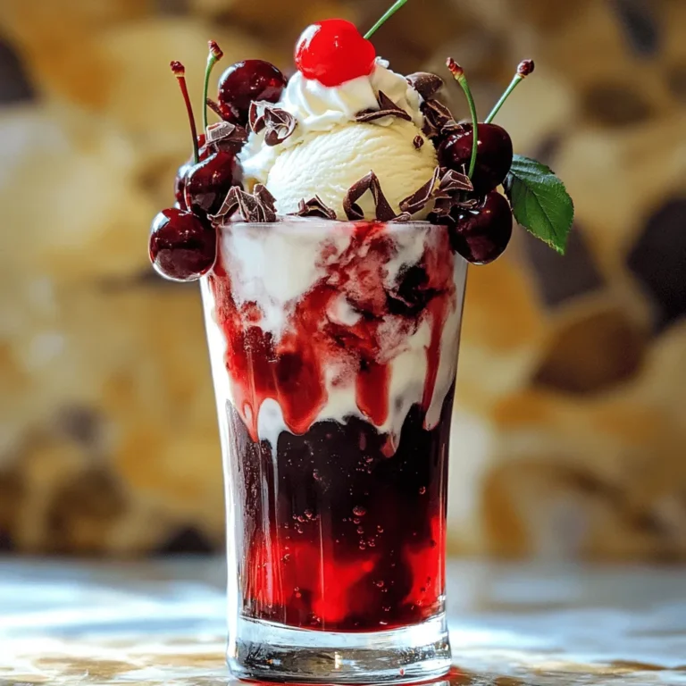 - 2 cups cherry vanilla ice cream - 1 cup cherry cola - 1/2 cup fresh cherries, pitted and halved - Whipped cream, for topping - Maraschino cherries, for garnish - Chocolate shavings or sprinkles, for garnish The cherry vanilla ice cream gives this float a rich, creamy base. You want it to be soft but not melted. The cherry cola adds fizz and a sweet kick. Fresh cherries bring a burst of flavor and a nice crunch. For the toppings, whipped cream makes everything more fun. It adds a light and fluffy texture. Maraschino cherries sit perfectly on top, adding a pop of color. Chocolate shavings or sprinkles give that extra touch of sweetness. You can find all these ingredients at your local store. Make sure to get the best quality for the best taste. For the full recipe, check the earlier section. Enjoy mixing these flavors together for a treat that screams summer! - In a tall glass, add one scoop of cherry vanilla ice cream to the bottom. - Pour in a generous amount of cherry cola over the ice cream until the glass is about halfway full. - Add another scoop of cherry vanilla ice cream on top of the cola. - Carefully drape fresh cherries around the edges of the ice cream, letting some rest on top. - Slowly pour more cherry cola over the top until it gently overflows. - Top with whipped cream and garnish with a maraschino cherry and chocolate shavings. This recipe is a breeze to follow, and you’ll love how each step builds a fun and tasty treat. Make sure to enjoy your Cherry Vanilla Cola Float right away for the best flavor and texture. You can find the full recipe for this delight in the recipe box above. - Opt for high-quality cherry vanilla ice cream for better flavor. - Use chilled cherry cola for optimal layering. Choosing the right ice cream makes a huge difference. I love creamy cherry vanilla ice cream. It gives a rich taste that pairs well with cola. Make sure to check the label for real vanilla extract and cherries. This adds to the overall flavor. Chilling your cherry cola is key. Cold soda creates a nice contrast with the ice cream. When the cola is cold, it keeps the float from melting too fast. This helps keep your drink lively and refreshing. - Use tall glasses for a dramatic presentation. - Serve immediately with a thick straw and long spoon. Tall glasses make your float look extra special. They also allow for more layers, which is fun! I like to use clear glasses so you can see the pretty colors. Serve your float right after making it. This keeps the ice cream from melting too much. A thick straw is a must. It helps you sip up that creamy goodness easily. A long spoon is great for scooping the ice cream. You want to enjoy every layer of your float! - Prepare individual components in advance but assemble just before serving for best results. You can make parts of this float ahead of time. Scoop the ice cream into balls and store them in the freezer. Chill your cola in the fridge. This way, when you’re ready to serve, you just have to assemble. This keeps everything fresh and delicious. Just remember to put it together right before serving. The float tastes best when it’s freshly made! {{image_2}} You can have fun with flavors. Try using chocolate or plain vanilla ice cream. Both pair well with the cherry cola. Vanilla cola also gives a unique spin to the classic float. The sweet and creamy taste will surprise you. Why not mix in some seasonal fruits? Strawberries and blueberries add a fresh twist. The sweetness of the fruits makes the float even better. You could also add a splash of flavored syrup. This gives your float an extra burst of flavor. For a vegan option, use non-dairy ice cream. Coconut or almond ice cream works great. You can also swap cherry cola for sparkling water. Add cherry syrup to keep that fruity taste without the sugar. Enjoy a lighter version that still feels like a treat. For more details on making this delicious drink, check the Full Recipe. - Store leftover cherry cola in a cool place if not opened. - Keep ice cream in the freezer, sealed tightly to avoid freezer burn. - Serve immediately; floats are best fresh and may separate if stored. - If storing, keep in the freezer, but note that the texture will change. When you make your Cherry Vanilla Cola Float, it's hard to resist finishing it all! But if you do have leftovers, it’s good to know how to store them. Cherry cola can stay fresh in your pantry, as long as it’s sealed. Ice cream needs a bit more care. Make sure it’s tightly sealed in the freezer. This way, you keep it from getting freezer burn. If you have some floats left, try to eat them right away. They taste best fresh. If you must store them, put the floats in the freezer. Just remember, the texture of the float will change. Enjoy the taste of summer, but be mindful of how to keep your treats fresh! To make a zero-calorie float, use diet or zero-calorie cherry cola. You can also choose low-calorie ice cream options. These swaps keep the flavor but cut down on calories. It’s a great way to enjoy this treat without the guilt. Yes! You can use other sodas for your float. Fruity or creamy sodas, like root beer or orange soda, work well. Each soda will change the taste, so have fun trying different ones. Mixing flavors can lead to tasty surprises. To keep the ice cream from melting fast, chill your glasses before you start. This helps the float stay cold longer. Also, use ice cream straight from the freezer. These tips will help you enjoy your float without a watery mess. This blog post guides you through making a Cherry Vanilla Cola Float. We covered essential ingredients like ice cream, cherry cola, and fresh cherries. You learned how to prepare and assemble the float step-by-step, along with tips for the best taste and presentation. Don't forget the various ways to customize your float and store leftovers properly. Making a delicious float at home is fun and easy. Enjoy each sip and let your creativity shine. Remember, experimenting with flavors can lead to delightful surprises!