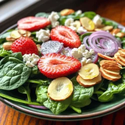- 4 cups fresh baby spinach - 1 cup fresh strawberries - 1/2 cup crumbled feta cheese - 1/4 cup sliced almonds - 2 tablespoons fresh lemon juice - 1 tablespoon apple cider vinegar - 1/3 cup olive oil - 1 tablespoon poppy seeds - 1 tablespoon honey - Salt and pepper to taste When you gather your ingredients, focus on freshness. Fresh baby spinach adds a nice crunch and bright color. Look for vibrant green leaves without any wilting. Strawberries should be ripe and sweet. Choose berries that smell fragrant and have a rich red color. Next, feta cheese gives the salad a tangy kick. Crumble it yourself for the best texture. Sliced almonds add a nutty flavor and crunch. Toast them lightly for even more taste. For the dressing, fresh lemon juice brings brightness. Apple cider vinegar adds depth. Extra virgin olive oil makes the dressing smooth and rich. The poppy seeds provide a delightful crunch and visual appeal. Honey adds sweetness. Don’t forget salt and pepper! These will enhance all the flavors in your salad. For the complete recipe, visit the [Full Recipe]. Start by gathering your fresh ingredients. In a large salad bowl, combine: - 4 cups fresh baby spinach, washed and dried - 1 cup fresh strawberries, hulled and sliced - 1/2 cup crumbled feta cheese - 1/4 cup sliced almonds, toasted - 1/4 red onion, thinly sliced Toss these ingredients gently. The spinach adds a crisp base. The strawberries bring sweetness. Feta adds creaminess, while almonds add a nice crunch. The red onion gives a sharp bite that balances the flavors. In a small bowl or jar, whisk together: - 2 tablespoons fresh lemon juice - 1 tablespoon apple cider vinegar - 1/3 cup olive oil - 1 tablespoon poppy seeds - 1 tablespoon honey - Salt and pepper to taste Whisk until well mixed. This dressing is bright and tangy. The honey sweetens it up, making it perfect for the salad. You can taste it as you mix, adjusting salt and pepper as needed. Once your salad base and dressing are ready, it's time to combine them. Drizzle the poppy seed dressing over the salad. Toss gently to coat all ingredients evenly. This step is key for flavor. The dressing enhances every bite. Serve immediately for the best taste, or chill for 15 minutes to let flavors meld. For the full recipe, refer to the main article. Enjoy your fresh and colorful dish! When making a spinach strawberry salad, choosing the best ingredients matters. For spinach, look for vibrant green leaves. They should feel crisp and firm. Avoid any yellow or wilted leaves. For strawberries, pick ones that are bright red and smell sweet. The best strawberries have a shiny surface and no bruises. You can gently press them to check for firmness. Ripe strawberries are juicy and bursting with flavor. Making the dressing ahead of time helps save you time. You can mix the poppy seed dressing and store it in a jar. Use fresh lemon juice, honey, and apple cider vinegar for a bright flavor. Just whisk them together with olive oil, poppy seeds, salt, and pepper. This dressing can stay in the fridge for up to a week. Just give it a shake before using it. This way, you can enjoy a quick salad any day. This salad pairs well with many main dishes. Try it with grilled chicken for a light meal. It also goes great with fish or pork. For a vegetarian option, serve it alongside a hearty grain dish. Adding crusty bread can make it even better. You can also serve the salad as a starter at a dinner party. It looks beautiful on any table and tastes as good as it looks. For the full recipe, check out the details above. {{image_2}} You can change some ingredients to fit your diet. For a vegan version, skip the feta cheese. Try using avocado for creaminess instead. You can also swap the honey for maple syrup. For gluten-free eaters, ensure your dressing has no gluten. Most oils and vinegars are safe. Adding toppings can boost flavor and crunch. Consider adding walnuts or pecans for a nutty taste. You can also try sunflower seeds for a different texture. If you love more fruit, add blueberries or raspberries. They blend well with spinach and strawberries. While the poppy seed dressing is a star, other options work too. A balsamic vinaigrette adds a tangy kick. You might enjoy a creamy ranch for a different twist. A citrus vinaigrette brightens the salad with a zesty flavor. Explore these choices to find your favorite taste. For the full recipe, check out Delightful Spinach Strawberry Salad with Poppy Seed Dressing. To keep your spinach strawberry salad fresh, store it in an airtight container. Make sure you use a container that fits the salad well, so it doesn’t get squished. If you have leftovers, add a paper towel inside. This helps absorb extra moisture and keeps the greens crisp. Store the poppy seed dressing in a separate jar. Keeping the dressing away from the salad prevents the greens from wilting. When you are ready to eat, just drizzle the dressing over the salad. This way, your salad remains fresh and crunchy. When you refrigerate the salad, it lasts about two days. The salad is best if eaten within the first day. The dressing will stay good for about a week. Always check for any signs of spoilage before using. Enjoy your salad while it is fresh and vibrant for the best taste! To make this salad, follow these steps: 1. In a big bowl, mix 4 cups of fresh baby spinach, 1 cup of sliced strawberries, 1/2 cup of crumbled feta cheese, 1/4 cup of toasted sliced almonds, and 1/4 thinly sliced red onion. 2. In a separate small bowl or jar, whisk together 2 tablespoons of fresh lemon juice, 1 tablespoon of apple cider vinegar, 1/3 cup of olive oil, 1 tablespoon of poppy seeds, 1 tablespoon of honey, and add salt and pepper to taste. 3. Pour the poppy seed dressing over the salad. Toss gently to coat all the ingredients. 4. Serve the salad right away for the best taste, or chill it for 15 minutes to blend the flavors. For detailed steps, you can check the Full Recipe. You can prepare this salad in advance, but keep a few things in mind. If you want to make it ahead of time, I suggest you store the salad and dressing separately. The salad can sit for about 2 hours in the fridge without losing its crunch. If you add the dressing too early, the spinach will wilt, and the salad won't be as fresh. You can add many fruits to this salad. Here are some tasty options: - Blueberries for a sweet burst - Raspberries for a tangy kick - Slices of kiwi for a tropical twist - Chopped apples for crunch Feel free to mix and match! Each fruit adds a unique flavor and makes the salad even more colorful. This salad combines fresh spinach and strawberries with creamy feta and crunchy almonds. You create a tasty dressing with lemon juice, vinegar, and honey. It's easy to adjust for your needs with ingredient swaps and flavor boosts. Remember to keep the dressing separate for best taste and freshness. You can enjoy this salad as a light meal or side dish. Try different fruits and toppings to make it your own. Fresh and simple, this salad is perfect for any occasion.