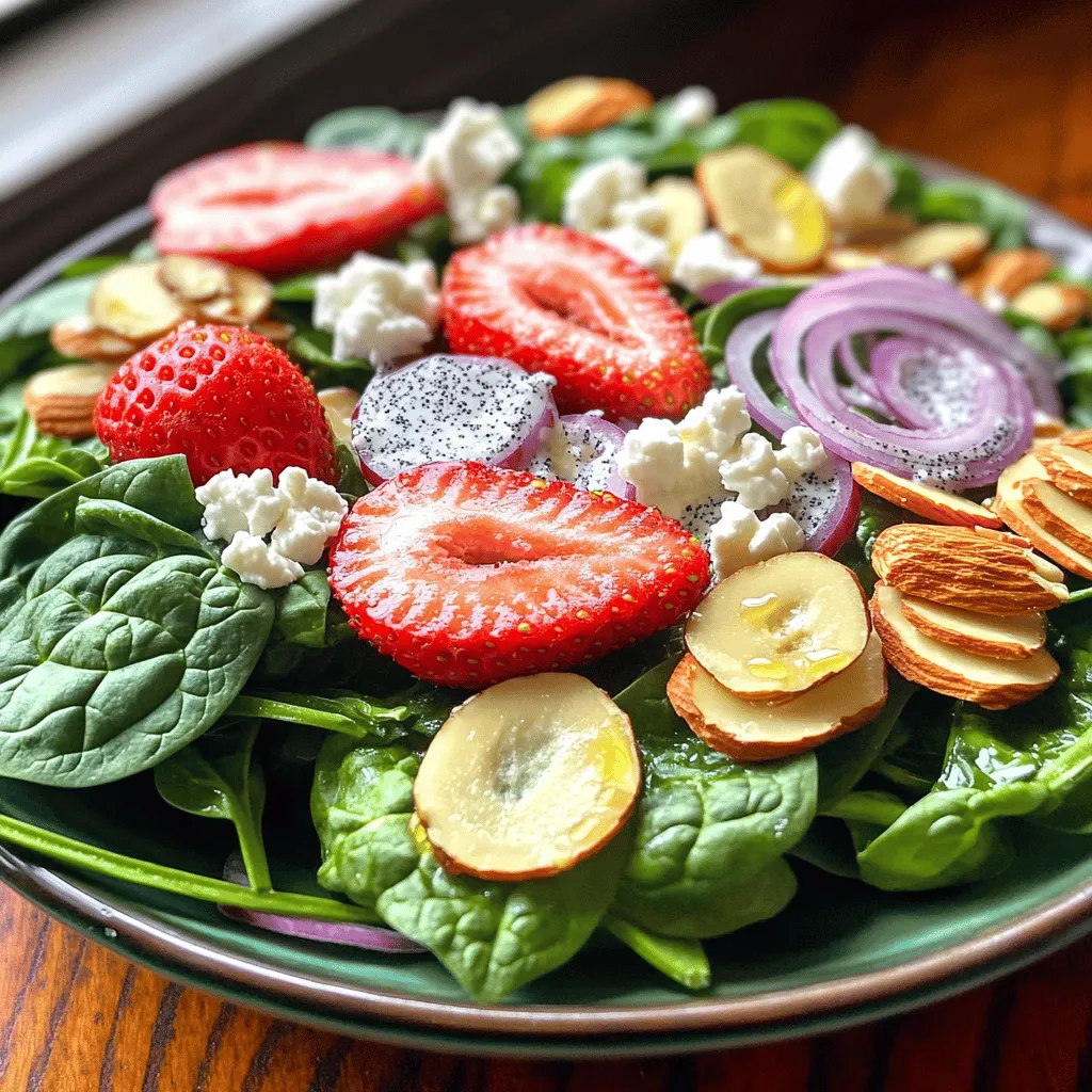 - 4 cups fresh baby spinach - 1 cup fresh strawberries - 1/2 cup crumbled feta cheese - 1/4 cup sliced almonds - 2 tablespoons fresh lemon juice - 1 tablespoon apple cider vinegar - 1/3 cup olive oil - 1 tablespoon poppy seeds - 1 tablespoon honey - Salt and pepper to taste When you gather your ingredients, focus on freshness. Fresh baby spinach adds a nice crunch and bright color. Look for vibrant green leaves without any wilting. Strawberries should be ripe and sweet. Choose berries that smell fragrant and have a rich red color. Next, feta cheese gives the salad a tangy kick. Crumble it yourself for the best texture. Sliced almonds add a nutty flavor and crunch. Toast them lightly for even more taste. For the dressing, fresh lemon juice brings brightness. Apple cider vinegar adds depth. Extra virgin olive oil makes the dressing smooth and rich. The poppy seeds provide a delightful crunch and visual appeal. Honey adds sweetness. Don’t forget salt and pepper! These will enhance all the flavors in your salad. For the complete recipe, visit the [Full Recipe]. Start by gathering your fresh ingredients. In a large salad bowl, combine: - 4 cups fresh baby spinach, washed and dried - 1 cup fresh strawberries, hulled and sliced - 1/2 cup crumbled feta cheese - 1/4 cup sliced almonds, toasted - 1/4 red onion, thinly sliced Toss these ingredients gently. The spinach adds a crisp base. The strawberries bring sweetness. Feta adds creaminess, while almonds add a nice crunch. The red onion gives a sharp bite that balances the flavors. In a small bowl or jar, whisk together: - 2 tablespoons fresh lemon juice - 1 tablespoon apple cider vinegar - 1/3 cup olive oil - 1 tablespoon poppy seeds - 1 tablespoon honey - Salt and pepper to taste Whisk until well mixed. This dressing is bright and tangy. The honey sweetens it up, making it perfect for the salad. You can taste it as you mix, adjusting salt and pepper as needed. Once your salad base and dressing are ready, it's time to combine them. Drizzle the poppy seed dressing over the salad. Toss gently to coat all ingredients evenly. This step is key for flavor. The dressing enhances every bite. Serve immediately for the best taste, or chill for 15 minutes to let flavors meld. For the full recipe, refer to the main article. Enjoy your fresh and colorful dish! When making a spinach strawberry salad, choosing the best ingredients matters. For spinach, look for vibrant green leaves. They should feel crisp and firm. Avoid any yellow or wilted leaves. For strawberries, pick ones that are bright red and smell sweet. The best strawberries have a shiny surface and no bruises. You can gently press them to check for firmness. Ripe strawberries are juicy and bursting with flavor. Making the dressing ahead of time helps save you time. You can mix the poppy seed dressing and store it in a jar. Use fresh lemon juice, honey, and apple cider vinegar for a bright flavor. Just whisk them together with olive oil, poppy seeds, salt, and pepper. This dressing can stay in the fridge for up to a week. Just give it a shake before using it. This way, you can enjoy a quick salad any day. This salad pairs well with many main dishes. Try it with grilled chicken for a light meal. It also goes great with fish or pork. For a vegetarian option, serve it alongside a hearty grain dish. Adding crusty bread can make it even better. You can also serve the salad as a starter at a dinner party. It looks beautiful on any table and tastes as good as it looks. For the full recipe, check out the details above. {{image_2}} You can change some ingredients to fit your diet. For a vegan version, skip the feta cheese. Try using avocado for creaminess instead. You can also swap the honey for maple syrup. For gluten-free eaters, ensure your dressing has no gluten. Most oils and vinegars are safe. Adding toppings can boost flavor and crunch. Consider adding walnuts or pecans for a nutty taste. You can also try sunflower seeds for a different texture. If you love more fruit, add blueberries or raspberries. They blend well with spinach and strawberries. While the poppy seed dressing is a star, other options work too. A balsamic vinaigrette adds a tangy kick. You might enjoy a creamy ranch for a different twist. A citrus vinaigrette brightens the salad with a zesty flavor. Explore these choices to find your favorite taste. For the full recipe, check out Delightful Spinach Strawberry Salad with Poppy Seed Dressing. To keep your spinach strawberry salad fresh, store it in an airtight container. Make sure you use a container that fits the salad well, so it doesn’t get squished. If you have leftovers, add a paper towel inside. This helps absorb extra moisture and keeps the greens crisp. Store the poppy seed dressing in a separate jar. Keeping the dressing away from the salad prevents the greens from wilting. When you are ready to eat, just drizzle the dressing over the salad. This way, your salad remains fresh and crunchy. When you refrigerate the salad, it lasts about two days. The salad is best if eaten within the first day. The dressing will stay good for about a week. Always check for any signs of spoilage before using. Enjoy your salad while it is fresh and vibrant for the best taste! To make this salad, follow these steps: 1. In a big bowl, mix 4 cups of fresh baby spinach, 1 cup of sliced strawberries, 1/2 cup of crumbled feta cheese, 1/4 cup of toasted sliced almonds, and 1/4 thinly sliced red onion. 2. In a separate small bowl or jar, whisk together 2 tablespoons of fresh lemon juice, 1 tablespoon of apple cider vinegar, 1/3 cup of olive oil, 1 tablespoon of poppy seeds, 1 tablespoon of honey, and add salt and pepper to taste. 3. Pour the poppy seed dressing over the salad. Toss gently to coat all the ingredients. 4. Serve the salad right away for the best taste, or chill it for 15 minutes to blend the flavors. For detailed steps, you can check the Full Recipe. You can prepare this salad in advance, but keep a few things in mind. If you want to make it ahead of time, I suggest you store the salad and dressing separately. The salad can sit for about 2 hours in the fridge without losing its crunch. If you add the dressing too early, the spinach will wilt, and the salad won't be as fresh. You can add many fruits to this salad. Here are some tasty options: - Blueberries for a sweet burst - Raspberries for a tangy kick - Slices of kiwi for a tropical twist - Chopped apples for crunch Feel free to mix and match! Each fruit adds a unique flavor and makes the salad even more colorful. This salad combines fresh spinach and strawberries with creamy feta and crunchy almonds. You create a tasty dressing with lemon juice, vinegar, and honey. It's easy to adjust for your needs with ingredient swaps and flavor boosts. Remember to keep the dressing separate for best taste and freshness. You can enjoy this salad as a light meal or side dish. Try different fruits and toppings to make it your own. Fresh and simple, this salad is perfect for any occasion.